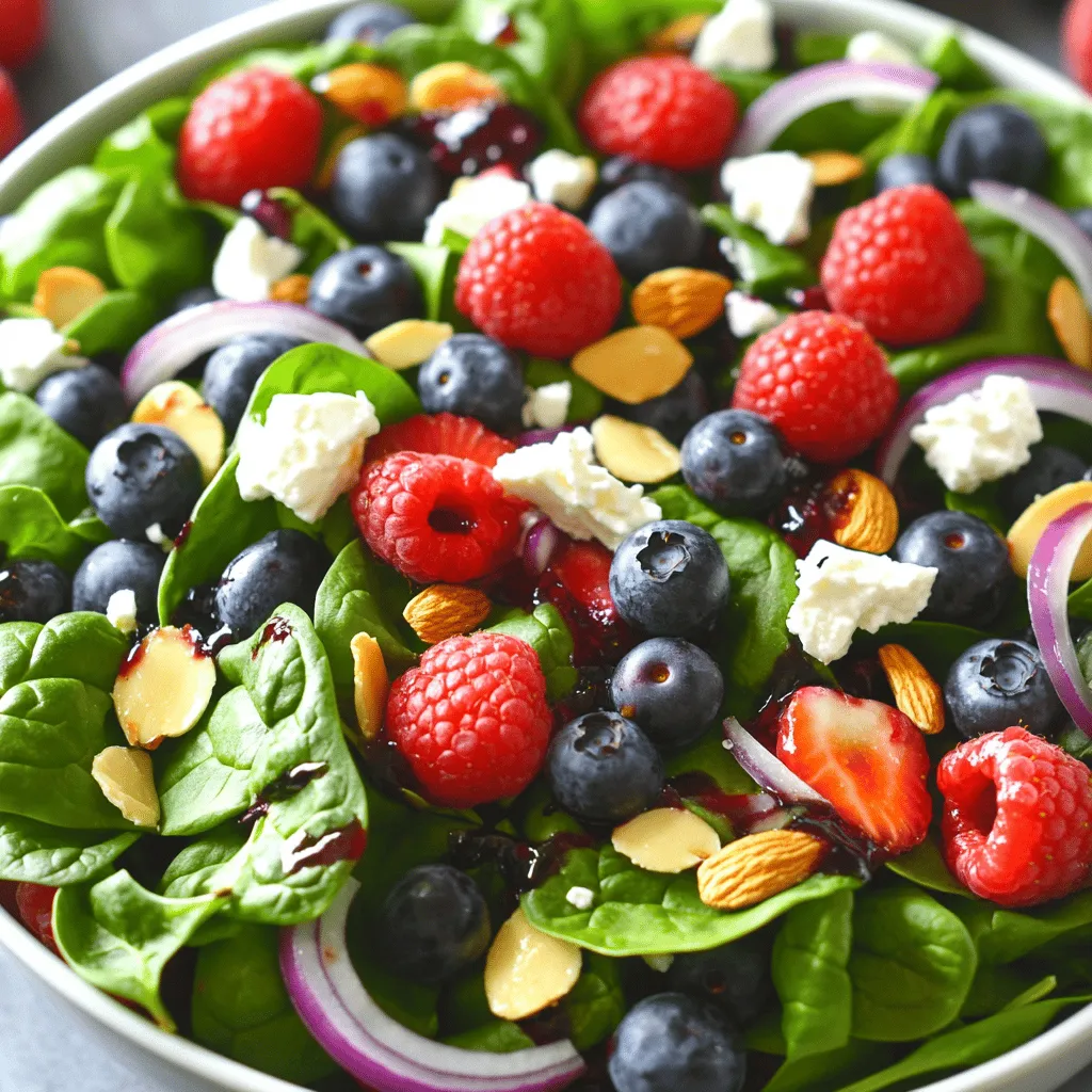 For a Berry Spinach Salad, you need these fresh ingredients: - 5 cups fresh spinach leaves, washed and dried - 1 cup mixed berries (strawberries, blueberries, and raspberries) - 1/2 cup feta cheese, crumbled - 1/4 cup sliced almonds, toasted - 1/4 cup red onion, thinly sliced - 1/2 cup balsamic vinegar - 1 tablespoon honey - 2 tablespoons olive oil - Salt and pepper to taste I love using a mix of berries. Strawberries add sweetness, while blueberries bring a burst of flavor. Raspberries give a nice tartness. You can also try blackberries for a different twist. Each berry adds color and nutrition. Use young spinach leaves for a tender bite. Baby spinach is great for salads because it is soft and mild. If you want a stronger taste, try mature spinach. It has a richer flavor and works well when mixed with berries. To make the dressing, you need a small bowl. Add balsamic vinegar, honey, and olive oil to the bowl. Whisk them together well. Then, add a pinch of salt and pepper. This simple mix brings great flavor! Set the dressing aside while you prepare the salad. Grab a large salad bowl to start. First, add the fresh spinach leaves. Next, toss in the mixed berries. I love using strawberries, blueberries, and raspberries for this. They add sweetness and color! Then, sprinkle in the crumbled feta cheese. Don’t forget the toasted almonds and sliced red onion. This mix gives the salad a nice crunch and taste. Now it’s time for the dressing! Drizzle it over the salad. Gently toss everything together. Make sure all the ingredients get coated. Taste the salad and adjust the seasoning if needed. If you want, serve the salad in individual bowls. Garnish with whole berries and a sprinkle of feta on top. This adds a nice touch and makes it look pretty! For the freshest taste, enjoy right away. Check out the Full Recipe for more details! To make your Berry Spinach Salad even better, consider adding a few extras. Sliced apples or pears can add a sweet crunch. You can also try walnuts or pecans for a nutty flavor. A sprinkle of chia seeds boosts nutrition and adds texture. Fresh herbs like mint or basil can brighten the taste. This salad is quick to make. You can prep the ingredients ahead. Just store them separately in the fridge. Mix the salad right before serving to keep it fresh. If you want to save time, make the dressing a day early. Just shake it before pouring. Presentation makes your salad more inviting. Serve it in individual bowls for a nice touch. Garnish with whole berries and a sprinkle of feta on top. A drizzle of dressing adds a lovely shine. Use colorful plates to make the salad pop. For the full recipe, check out the Berrylicious Spinach Salad above. {{image_2}} You can add grilled protein to boost this salad. Grilled chicken, shrimp, or tofu work well. These proteins add flavor and make the salad heartier. Just slice them up and toss them in. This makes your meal more filling and satisfying. Switching up the dressing can give your salad a new life. If you like a tangy taste, try a lemon vinaigrette. For a creamier option, a yogurt dressing is a great choice. You can even mix in herbs like basil or cilantro for extra flavor. Each dressing can change the salad's vibe completely. Using seasonal ingredients can enhance your salad's taste. In spring, try fresh strawberries. In summer, blueberries are sweet and juicy. In fall, pears can add a nice touch. For winter, consider using pomegranate seeds. They add crunch and a pop of color. Always choose the freshest berries for the best flavor. This keeps your salad exciting all year long. You can find the full recipe to make this salad as vibrant and tasty as it can be. After enjoying your Berry Spinach Salad, store any leftovers in an airtight container. This helps keep the salad fresh. Place the salad in the fridge right away. Avoid adding the dressing to the leftovers. It can make the salad soggy. Instead, keep the dressing separate until you're ready to eat. You can keep the salad in the fridge for up to three days. However, it tastes best within the first day. The spinach may wilt and berries can lose texture over time. Always check for freshness before eating. If it looks or smells off, it's best to toss it. You do not need to reheat this salad. Eating it cold keeps the flavors bright and fresh. If you want to make it feel new, add more fresh berries or some nuts. You can also drizzle a bit more dressing to bring back the flavor. For a fun twist, serve the salad on a bed of warm quinoa or couscous. This adds warmth without losing the salad's fresh taste. For the full recipe, check out the Berrylicious Spinach Salad. Yes, you can easily make this salad vegan. Just skip the feta cheese. You can add avocado for creaminess. Nutritional yeast also works well for a cheesy flavor. Use a simple vinaigrette made of olive oil and lemon juice. This keeps the taste fresh and bright. Spinach packs a punch of vitamins. It is full of vitamin A, vitamin C, and iron. Berries are rich in antioxidants, which help your body fight free radicals. They also provide fiber and vitamins. Eating this salad supports your heart and boosts your immune system. You can adjust this salad for many diets. If you need gluten-free options, everything here is safe. For a nut-free version, skip the almonds and use seeds instead. If you avoid dairy, replace feta with tofu or leave it out. You can also change the dressing to suit your taste. Check out the Full Recipe for more ideas. This blog post shared how to create a tasty berry and spinach salad. We covered the necessary ingredients, including types of berries and spinach. I outlined clear steps to make the salad, from dressing to serving. You learned tips to enhance flavor and make it ahead. We discussed variations, including grilled proteins and alternative dressings. Lastly, I provided storage advice for leftovers and answered common questions. Enjoy your salad-making adventure, and remember: fresh ingredients lead to great taste!