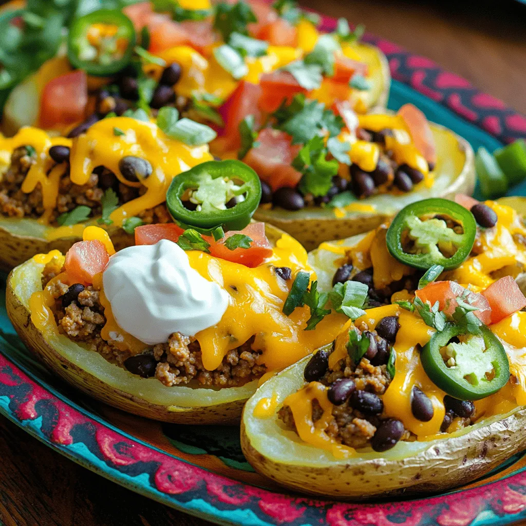 For Loaded Taco Potato Skins, you will need: - 4 large russet potatoes - 1 lb ground turkey or beef - 1 packet taco seasoning - 1 cup shredded cheddar cheese - 1 cup black beans, rinsed and drained - 1 cup diced tomatoes - 1/2 cup sour cream - 1/2 cup green onions, chopped - 1/2 cup jalapeños, sliced (optional) - Olive oil - Salt and pepper to taste You can switch up the ingredients for fun flavors. Try these ideas: - Use chicken or tofu instead of ground turkey or beef. - Swap cheddar cheese for pepper jack for extra spice. - Add corn or avocado for more texture and taste. - Use Greek yogurt in place of sour cream for a healthier twist. - Fresh herbs like cilantro can boost the flavor profile. Each serving of Loaded Taco Potato Skins has: - Calories: 350 - Protein: 20g - Carbohydrates: 45g - Dietary Fiber: 10g - Fat: 12g This dish packs a punch of flavor while still being filling. Feel free to adjust the portion sizes to suit your needs. For a full recipe, check out the instructions above! Start by preheating your oven to 400°F (200°C). This ensures your potatoes bake evenly. Wash and scrub the potatoes well. Use a fork to prick them all over. This helps steam escape while baking. Next, rub olive oil over the potatoes and sprinkle with salt. Place them directly on the oven rack. Bake for 45-50 minutes, or until they feel soft when poked. While the potatoes bake, heat a skillet over medium heat. Add 1 pound of ground turkey or beef to the pan. Cook until the meat is browned. Use a spatula to break it up into small pieces. Stir in a packet of taco seasoning. Follow the packet instructions and add a little water if needed. This keeps the meat juicy and flavorful. Once cooked, set the meat aside while you prepare the potatoes. After the potatoes bake, let them cool for about 10 minutes. Cut each potato in half lengthwise. Scoop out a bit of the insides to make a shell. Leave a thin layer of potato for structure. Brush the insides with olive oil and sprinkle with salt and pepper. Return them to the oven for 10 more minutes. This step makes the skins nice and crispy. Once they are done, fill each one with the seasoned meat mixture. Top with black beans, diced tomatoes, and shredded cheddar cheese. Put them back in the oven for 5-7 minutes until the cheese melts. Finally, garnish with sour cream, chopped green onions, and jalapeños if you like. Enjoy your loaded taco potato skins! To get crispy potato skins, follow these easy tips: - Choose large russet potatoes. They have the best texture. - Always wash and scrub the skin well. Clean skins help with crispiness. - Prick the potatoes with a fork. This allows steam to escape while baking. - Rub the skins with olive oil. This helps them crisp up nicely. - Bake them directly on the oven rack. This ensures even heat all around. After baking, scoop some flesh out carefully. Leave a thin layer to keep them sturdy. Avoid these common mistakes for better results: - Don’t skip the oil. It helps achieve a crispy texture. - Don’t overcook the potatoes. They should be tender but not mushy. - Avoid using too much filling. Overstuffed skins can be hard to eat. - Don’t forget to season. Salt and pepper enhance the flavors. These small steps will make a big difference in taste and texture. For a complete meal, serve your Loaded Taco Potato Skins with these ideas: - Offer a side salad. A fresh salad balances the richness of the skins. - Include salsa or guacamole. These dips add extra flavor and freshness. - Use a vibrant platter for presentation. It makes your dish pop at the table. - Pair with a refreshing drink. A light soda or iced tea works well. These options will elevate your meal and impress your guests. For the full recipe, check the initial section. {{image_2}} You can make Loaded Taco Potato Skins without meat. Use black beans or lentils for protein. Instead of cheese, try vegan cheese or skip it altogether. Add fresh veggies like bell peppers or corn for extra crunch. You will still get a tasty dish. If you want more meat options, use chicken, pork, or tofu. Spice it up with different seasonings. Try fajita seasoning, chili powder, or even a taco blend. Each choice gives a new taste. Ground meats work best, but you can also use shredded chicken. For extra fun, mix flavors. Add avocado for creaminess or salsa for zest. You can top with cilantro or lime juice for freshness. Try adding crushed tortilla chips or a drizzle of hot sauce for a kick. Each topping makes your potato skins unique and delicious. To store your leftover Loaded Taco Potato Skins, let them cool completely first. Place them in an airtight container. You can keep them in the fridge for up to three days. If you want to ensure they stay fresh, add a layer of parchment paper between the skins and the lid. This helps absorb moisture and keeps them crisp. When it's time to enjoy your leftovers, preheat your oven to 350°F (175°C). Place the potato skins on a baking sheet. Reheat them for about 10-15 minutes. This method helps keep the skins crispy. You can also microwave them, but they may lose some texture. If using the microwave, heat for 1-2 minutes and check if they are warm enough. If you have extra Loaded Taco Potato Skins, you can freeze them for later. Before freezing, make sure they are completely cooled. Wrap each skin tightly in plastic wrap, then place them in a freezer-safe bag. They can last up to three months in the freezer. To serve, thaw them in the fridge overnight. Then, reheat in the oven as mentioned above for the best taste and texture. Yes, you can make Loaded Taco Potato Skins ahead. Prepare the potatoes and fill them, but do not bake them. Cover the filled skins and store them in the fridge for up to 24 hours. When ready to serve, bake them according to the Full Recipe. This method keeps them fresh and saves time. You can add many tasty items to your potato skins. Here are some ideas: - Avocado or guacamole for creaminess - Corn for sweetness and crunch - Olives for a briny kick - Salsa for a zesty touch - Lime juice for brightness Mix and match these toppings to make your dish unique. Feel free to get creative! Yes, sweet potatoes work well too! They add a sweet flavor and a bright color. Just follow the same steps as the Full Recipe. Bake until tender, scoop out the flesh, and fill them as you would with russet potatoes. Enjoy the new twist on this classic dish! Loaded Taco Potato Skins are fun, tasty, and easy to make. You learned about all the ingredients, how to cook them, and some great tips to avoid mistakes. I shared ways to make your potato skins fit your diet and how to store leftovers. Remember, enjoy experimenting with flavors and toppings. Cooking should be fun and creative! Use these steps and ideas to impress your family and friends. Enjoy every bite and share your delicious creations!