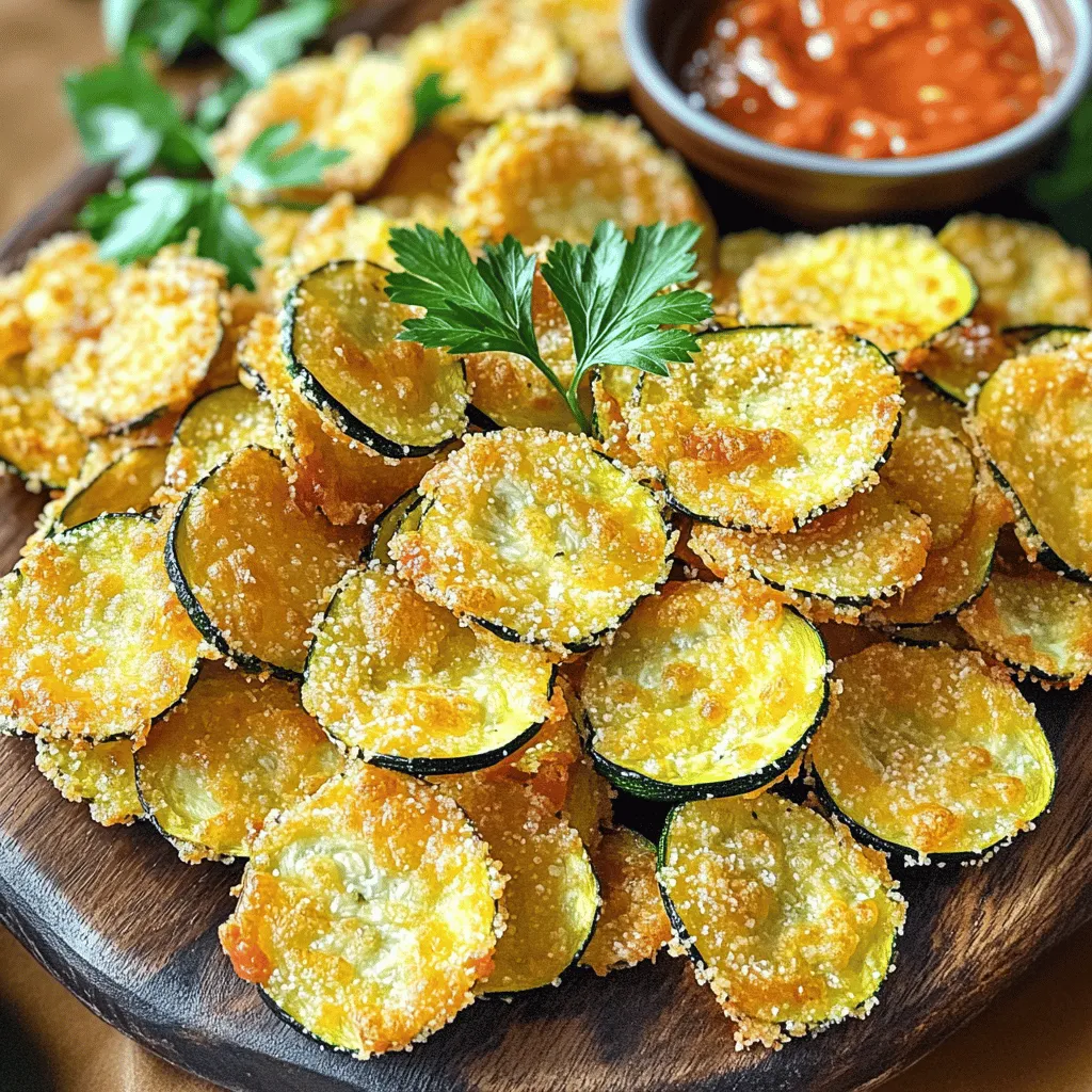 - 2 medium zucchinis - 1 cup grated Parmesan cheese - 1 teaspoon garlic powder - 1 teaspoon onion powder - ½ teaspoon smoked paprika - ½ teaspoon black pepper - 1 teaspoon salt - 2 tablespoons olive oil - Fresh parsley, chopped (for garnish) To make Parmesan zucchini chips, use fresh zucchinis. Look for firm ones without blemishes. Choosing quality ingredients makes a big difference in taste. Use fresh Parmesan cheese rather than pre-grated options. Fresh cheese melts and crisps better. Key spices add great flavor. Garlic powder gives a nice kick. Onion powder adds depth. Smoked paprika brings a subtle smokiness. Black pepper and salt enhance the overall taste. The olive oil is crucial for crispiness. It helps the cheese stick and adds richness. For garnish, fresh parsley brightens the dish. It adds color and a hint of freshness. Let’s get cooking! For the full recipe, check the section above. Enjoy these tasty and crunchy snacks! Start by washing and drying the zucchinis well. This step is important to remove any dirt. Next, slice the zucchinis into thin rounds, about 1/8 inch thick. A mandoline slicer makes this job easier. It helps you get even slices, which cook more evenly. If you don’t have one, a sharp knife works too. Just try to keep your slices consistent. In a mixing bowl, combine the grated Parmesan cheese, garlic powder, onion powder, smoked paprika, black pepper, and salt. Stir these dry ingredients well so they mix nicely. To coat the zucchini evenly, drizzle the sliced zucchini with olive oil. Toss them gently to ensure every slice gets a bit of oil. This helps the cheese stick better. First, preheat your oven to 225°F (110°C). Line a baking sheet with parchment paper to avoid sticking. Once your zucchini slices are ready, take each one and dip it into the cheese mixture. Make sure both sides are coated. Tap off any extra cheese before placing them on the baking sheet. Arrange the slices in a single layer, avoiding overlap. This ensures they cook evenly. Bake them for about 1.5 to 2 hours until they turn golden brown and crispy. Check them now and then, as baking times can vary. When done, let them cool for a few minutes. They get crunchier as they cool. If you want, garnish with chopped fresh parsley before serving. Enjoy your tasty Parmesan zucchini chips! For the full recipe, click here. To get that ideal crunch, bake the zucchini chips at 225°F (110°C). This low temperature helps them dry out well. Start with the recommended baking time of 1.5 to 2 hours. Check them every 30 minutes for doneness. If they look golden brown and feel crispy, they are ready. If they seem soft, give them more time. Each oven may vary, so keep an eye on your chips. You can try adding spices like cayenne pepper for heat or Italian herbs for extra flavor. Mixing in some dried oregano or thyme can give your chips a fresh twist. To customize flavors, use different cheeses or add a squeeze of lemon juice before baking. This can brighten the taste. Remember, the cheese mixture is key, so have fun experimenting! For the full recipe, check out the Full Recipe section. {{image_2}} You can easily change the flavors of Parmesan zucchini chips. Try adding herbs like oregano or thyme. These herbs bring a fresh taste that pairs well with zucchini. Just sprinkle a teaspoon of your chosen herb into the cheese mix. You can also switch up the cheese. While Parmesan is great, cheddar or mozzarella works too. Each cheese adds its unique flavor. For a sharp taste, go with cheddar. For a melty, creamy texture, use mozzarella. This flexibility lets you find your perfect chip. If you want faster options, try air frying. Air fryers cook the zucchini chips quickly while keeping them crisp. Set your air fryer to 375°F (190°C) and cook for about 10 to 15 minutes. Keep an eye on them to avoid burning. For an even quicker snack, you can use the microwave. Place the zucchini slices on a microwave-safe plate. Cook them for about 5 to 7 minutes. They won't be as crispy, but they still taste great. With these variations, you can personalize your Parmesan zucchini chips to match your mood or occasion. Explore different flavors and cooking methods to make this snack your own. You can find more detailed cooking instructions in the Full Recipe. To keep your Parmesan zucchini chips fresh, use an air-tight container. This will help seal in the flavor and keep moisture out. I recommend storing them at room temperature. Avoid the fridge, as it adds moisture and makes them soft. For best results, try to eat them within two days. To maintain crispiness, layer the chips with paper towels inside the container. The towels will absorb any moisture. This simple trick helps keep your chips crunchy and delicious for longer. When you want to enjoy your leftover chips, you can reheat them for that fresh crunch. The best method is to use the oven. Preheat your oven to 350°F (175°C). Spread the chips in a single layer on a baking sheet. Bake them for about 5 to 10 minutes. Keep an eye on them to avoid burning. If you’re short on time, you can also use an air fryer. Set it to 350°F (175°C) and heat the chips for 3 to 5 minutes. This method helps restore their crunch without making them soggy. Avoid the microwave, as it can make your chips soft and chewy. Enjoy your tasty snack again with these easy tips! Yes, you can! Many vegetables work well in this recipe. Try eggplant, sweet potatoes, or carrots. Each vegetable has a different moisture level, so adjust cooking time. For example, eggplant may need more time, while sweet potatoes might cook faster. Slice them thinly, like zucchini, to ensure they crisp up nicely. Parmesan Zucchini Chips stay fresh for about 3 to 5 days when stored correctly. Keep them in an airtight container at room temperature. Avoid the fridge; it can make them soggy. If you want longer storage, consider freezing them. Just remember, they may lose some crunch after thawing. Yes, you can make these chips ahead of time! Bake them and let them cool. Store them in an airtight container. When you’re ready to serve, reheat them in the oven at 350°F (175°C) for about 5-10 minutes. This will help restore their crunch. Perfect for parties or snack prep! In this blog post, I shared how to make delicious Parmesan zucchini chips. We covered the ingredients, from fresh zucchinis to key spices. You learned how to prep, bake, and season them for a tasty crunch. I also offered tips for various flavors and cooking methods. Don't forget proper storage and reheating to keep them crisp. Try these chips as a fun snack or side dish, and enjoy experimenting with seasoning. With a bit of creativity, these chips can fit any meal or occasion. Happy cooking!