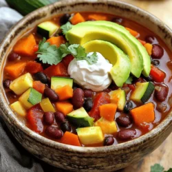 - 1 tablespoon olive oil - 1 large onion, diced - 3 cloves garlic, minced - 1 red bell pepper, diced - 2 carrots, diced - 2 stalks celery, diced - 1 zucchini, diced - 1 can (15 oz) black beans, rinsed and drained - 1 can (15 oz) kidney beans, rinsed and drained - 1 can (28 oz) crushed tomatoes - 2 cups vegetable broth - 2 tablespoons chili powder - 1 teaspoon cumin - 1 teaspoon smoked paprika - 1/2 teaspoon salt - 1/4 teaspoon black pepper - Toppings: avocado, cilantro, vegan sour cream - Spices: chili powder, cumin, smoked paprika You can swap beans based on your taste. Try pinto or chickpeas. If you like more veggies, throw in corn or bell peppers. You can also use sweet potatoes instead of carrots for a twist. These changes keep the chili fresh and fun! First, heat 1 tablespoon of olive oil in a large pot over medium heat. Add 1 large diced onion. Sauté it for about 5 minutes until it turns translucent. Next, stir in 3 cloves of minced garlic. Cook this for about 1 minute until you smell its wonderful aroma. Now, add 1 diced red bell pepper, 2 diced carrots, and 2 stalks of diced celery to the pot. Sauté these for about 5 to 7 minutes. You want the veggies to soften a bit. Finally, toss in 1 diced zucchini and cook for another 3 to 4 minutes. The colors will brighten up your pot. It’s time to mix in the beans and tomatoes. Add 1 can each of black beans and kidney beans, rinsed and drained. Then, pour in 1 can of crushed tomatoes and 2 cups of vegetable broth. Stir everything well to combine. Now, sprinkle in 2 tablespoons of chili powder, 1 teaspoon of cumin, 1 teaspoon of smoked paprika, ½ teaspoon of salt, and ¼ teaspoon of black pepper. Stir again to mix. Bring the chili to a gentle boil. Lower the heat now and let it simmer for about 30 minutes. Stir occasionally to keep it from sticking. If you want a thicker chili, let it simmer uncovered for an extra 5 to 10 minutes. This helps it reduce nicely. To taste and adjust seasoning, grab a spoon and taste your chili. If it needs more spice, feel free to add a bit more chili powder or salt. You can always tweak it to suit your taste. For the best experience, serve the chili with your favorite toppings. Check out the Full Recipe for more ideas on how to enjoy this dish! Sautéing adds depth to your chili. Start with olive oil in a large pot. Heat it over medium. Add diced onion and cook for about 5 minutes. You want it soft and clear. Next, stir in minced garlic for 1 minute. This step releases great aromas. When you add veggies, layer them for best flavor. Start with bell peppers, carrots, and celery. Sauté for 5-7 minutes. This gives time for flavors to meld. Add zucchini last, cooking for another 3-4 minutes. This keeps it fresh and bright. Spices are key to great flavor. I use 2 tablespoons of chili powder for warmth. Cumin adds earthiness, while smoked paprika brings a hint of smoke. Sprinkle these in as you mix. Your kitchen will smell amazing! Making chili ahead is smart. It tastes even better the next day. Store leftovers in an airtight container. It will last about 4 days in the fridge. Freezing chili is easy. Let it cool first. Then, divide it into portions. Use freezer bags or containers. This way, you can enjoy it later. When you want to eat it, thaw overnight in the fridge. Reheat in a pot or microwave. Chili is great on its own, but sides can enhance your meal. Serve it with rice for a filling dish. Crusty bread is another tasty choice. For a fun touch, work on your presentation. Ladle chili into bowls and add toppings. Slices of avocado, a sprinkle of cilantro, or a dollop of vegan sour cream make it shine. A wedge of lime adds a zesty pop! For the full recipe, check out the link provided. {{image_2}} You can boost the protein in your vegan chili easily. A great choice is textured vegetable protein (TVP). TVP is made from soybeans and mimics meat well. Simply add it to the pot after sautéing your veggies. You can rehydrate it in warm water or broth before mixing it in. Lentils are another tasty option. They cook fast and pack a nutrient punch. Use green or brown lentils for the best results. Just add them with the beans and let them cook in the chili. You can change your chili's taste with fun twists. For a Southwestern vibe, add corn and chipotle peppers. This will give it a smoky flavor. You can also try adding lime juice for a bright finish. If you prefer a Mediterranean twist, use herbs like oregano and basil. Toss in some olives or sun-dried tomatoes for an interesting flavor. This gives your chili a fresh and unique taste. You can easily adjust the spice in your chili. For mild chili, use less chili powder and skip the hot peppers. Instead, add sweet bell peppers for flavor without heat. If you want heat, add jalapeños or cayenne pepper. Start with a small amount and taste as you go. This way, you can find the perfect spice level for your family. Feel free to explore these variations while making the full recipe. Each change can create a new experience in every bowl! For best storage, use airtight containers. Glass containers work well and keep food fresh. You can also use plastic containers, but make sure they seal tightly. Leftover chili lasts about 4 to 5 days in the fridge. Make sure to cool it down before you store it. The best way to reheat chili is on the stovetop. Just pour it into a pot, heat it over low to medium heat, and stir often. This helps keep the flavors strong. Yes, you can reheat it in the microwave too. Just place it in a microwave-safe bowl and heat it in short bursts, stirring in between. You can freeze leftover chili for later. Use freezer-safe containers or bags. Make sure to leave some space for it to expand. For best taste, use it within 3 months. To thaw, move it to the fridge overnight. Reheat it on the stovetop or in the microwave until it’s hot. This keeps it tasting fresh and delicious. This chili takes about 45 minutes to make. You spend 15 minutes prepping and 30 minutes cooking. It’s fast and simple, perfect for a weeknight meal. Yes, you can make it spicy! Try adding fresh jalapeños or a dash of hot sauce. You can also increase the chili powder for more heat. Yes, this chili is gluten-free. All the ingredients come from natural sources without gluten. Just ensure your vegetable broth is certified gluten-free. You can serve this chili with rice, corn chips, or bread. A side salad pairs well too. Try adding toppings like avocado or cilantro for extra flavor. You can add different beans like pinto or navy beans. You can mix in veggies like corn or bell peppers. Adjust spices by adding oregano or cayenne for a unique twist. For the full recipe, check out the details above. This blog post covered how to make easy vegan chili with key ingredients like beans and crushed tomatoes. I shared tips on cooking and storage, plus ways to customize your chili. Remember, you can adjust spices and add proteins to fit your taste. Creating your own chili allows for endless fun in the kitchen. Enjoy experimenting with flavors, and don’t be afraid to try new ingredients. This dish is not just tasty; it’s also simple and adaptable for everyone. Happy cooking!