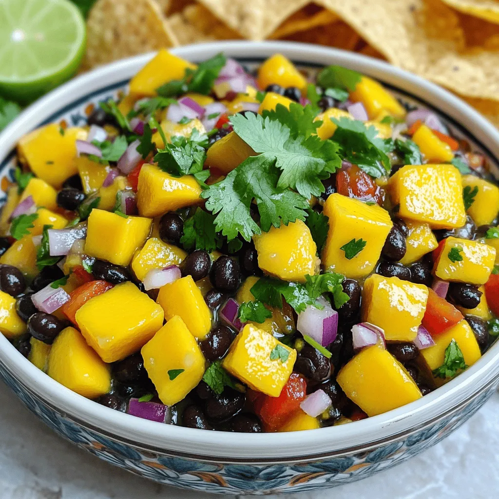 - 1 ripe mango, diced - 1 can (15 oz) black beans, rinsed and drained - 1/2 red bell pepper, finely diced - 1/4 red onion, finely chopped - 1 small jalapeño, seeded and minced - 1/4 cup fresh cilantro, chopped - 2 tablespoons lime juice - 1 tablespoon olive oil - Salt and pepper to taste - Avocado cubes - Corn (fresh or canned) - Garlic, minced The main ingredients in mango black bean salsa create a bright and fresh dish. You start with a ripe mango, which gives sweetness. The black beans add protein and a rich texture. The red bell pepper and red onion bring crunch and color. A minced jalapeño gives it a little heat, while cilantro adds a fresh taste. For a flavor boost, consider adding avocado cubes for creaminess. Corn, whether fresh or canned, enhances sweetness. Minced garlic can add depth to your salsa. Each ingredient plays a role in making this dish vibrant and tasty. You can find the full recipe above to create this delicious salsa. Enjoy pairing it with chips or as a topping on your favorite meals! - Step 1: Peel and dice the ripe mango into small cubes. - Step 2: Rinse and drain the black beans, adding them to the bowl. - Step 3: Finely dice red bell pepper and red onion; mix into the bowl with the other ingredients. Mango is sweet and juicy. It gives the salsa a fresh taste. Dice it small so it mixes well. Rinse the black beans under cold water. This step keeps them clean and tasty. When you add the beans to the bowl, they add protein. Next, the red bell pepper brings color and crunch. Dice this finely too. The red onion adds a nice bite. Mixing all these fresh ingredients makes a great base. - Step 4: Prepare jalapeño and add for heat. - Step 5: Chop fresh cilantro and incorporate it into the mixture. - Step 6: Whisk lime juice and olive oil, then pour over salsa mixture. The jalapeño adds spice. Be careful; it can be hot! Remove the seeds and chop it small. If you want less heat, use less jalapeño. Next, chop fresh cilantro. It gives a bright flavor and aroma. Now, squeeze fresh lime juice into a bowl. Add olive oil to this mix. This dressing ties all the flavors together. Pour it over your salsa mix. - Step 7: Gently mix to combine all ingredients thoroughly. - Step 8: Season with salt and pepper, allowing to sit for 15 minutes to meld flavors. Now, gently stir everything together. Make sure all ingredients are mixed well. Season with salt and pepper to taste. This step is key for flavor. Let the salsa sit for 15 minutes at room temperature. This wait helps the flavors blend perfectly. Trust me, it’s worth it! For the full recipe, check the beginning of this article. - Use ripe mango for sweetness and optimal texture. A ripe mango gives the salsa a bright, sweet flavor. - Allow salsa to sit at room temperature before serving. This lets the flavors mix and enhances the taste. - Best served with tortilla chips. They add crunch and contrast to the soft salsa. - Try it as a topping on grilled meats. It pairs well with chicken or fish. - Enjoy it with tacos or burritos. The salsa adds freshness to every bite. - Use it as a condiment for sandwiches. It brightens up any meal. - Consider adding avocado for creaminess. This makes the salsa richer and more satisfying. - Experiment with different types of beans. You can try pinto or kidney beans for unique flavors. For the full recipe, check out the Mango Black Bean Salsa Fiesta 🥭. {{image_2}} Mango black bean salsa is fun to customize! You can add your twist to this dish. Here are some tasty ideas. - Add pineapple: Pineapple brings a sweeter, tropical flavor. It goes great with mango. - Change lime juice: Use lemon juice instead for a different citrus note. This adds a fresh zing. - Add more heat: Toss in extra jalapeño or a dash of hot sauce. This makes the salsa fiery. - Diced red chili: Include diced red chili peppers for more depth. The flavors blend well with mango. - Bean swap: Use white beans or chickpeas instead of black beans. This gives a fresh, seasonal touch. - Seasonal veggies: Add corn in summer or roasted peppers in autumn. These ingredients make the salsa even more vibrant. Experimenting with variations makes this recipe your own. Each twist brings new flavors and fun! For the full recipe, check out the earlier section. To keep your mango black bean salsa fresh, store it in an airtight container in the refrigerator. This method helps keep the flavors intact. Salsa is best consumed within 2-3 days for peak freshness. After that, the taste and texture may change. Can mango black bean salsa be frozen? Yes, you can freeze it! To freeze, place the salsa in a freezer-safe container. Leave some space at the top, as salsa can expand when frozen. Thaw it in the fridge overnight before using. For the best flavor, eat it within three months. How can you tell if your salsa has gone bad? Look for signs such as a sour smell, change in texture, or discoloration. If the salsa smells off, avoid eating it. If you see any mold, it's best to throw it away. Always trust your senses when checking for spoilage. What can I serve with Mango Black Bean Salsa? Mango black bean salsa pairs well with many dishes. You can serve it with tortilla chips for a crunchy snack. It also works great as a topping for grilled chicken or fish. For a light meal, try it on tacos or burritos. The flavors add a fresh twist to any dish. How long does Mango Black Bean Salsa last in the fridge? In the fridge, mango black bean salsa stays fresh for about 2 to 3 days. After that, the ingredients may lose their crunch. Always check for any off smells or changes in texture before eating. Can I make Mango Black Bean Salsa ahead of time? Yes, you can make this salsa ahead of time! It tastes even better after the flavors blend for a few hours. Just cover it and store it in the fridge. I recommend letting it sit for at least 15 minutes before serving. Can I substitute black beans with another type of bean? Yes, you can use other beans if you prefer. White beans or kidney beans can work well too. Just rinse and drain them like you would with black beans. Each type will add a unique flavor and texture. Is it necessary to peel the mango before dicing it? Peeling the mango is best for this salsa. The skin can have a tough texture. Diced mango without the skin offers a sweeter taste and a nice bite. Use a sharp knife to make it easier. What is the best type of mango to use for this salsa? The best mango for salsa is the ripe Ataulfo or Honey mango. They are sweet and have a smooth texture. Look for a mango that is slightly soft to the touch for the best flavor. Can I use canned mango instead of fresh? You can use canned mango, but fresh is better. Canned mango may not have the same taste or texture. If you do use canned, choose one packed in juice, not syrup. Drain it well before adding it to your salsa. For the full recipe, see the section above. Mango black bean salsa is a vibrant dish full of flavor. You learned about key ingredients and could even try variations to suit your taste. Use fresh veggies and ripe mango for the best results. Remember to let your salsa sit for rich flavor. Store it properly for freshness, but enjoy it within a few days. This salsa pairs well with many dishes and is easy to make. Don’t hesitate to get creative with your ingredients!