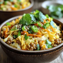 - 1 lb ground turkey or chicken - 4 cups coleslaw mix (shredded cabbage and carrots) - 2 green onions, chopped - 4 cloves garlic, minced - 2 tablespoons ginger, minced - 3 tablespoons soy sauce (or tamari for gluten-free) - 1 tablespoon sesame oil - 1 tablespoon rice vinegar - 1 teaspoon sriracha (optional, for heat) - Salt and pepper to taste - Sesame seeds, for garnish - Fresh cilantro, for garnish When you gather the ingredients, notice how simple they are. Ground turkey or chicken forms the base. The coleslaw mix adds crunch and color. Garlic and ginger give it a bold flavor. Soy sauce and sesame oil bring umami and richness. Rice vinegar adds a tangy kick. This dish is not only easy to make, but it is also great for your health. You get protein from the meat and fiber from the cabbage. Plus, you can customize it. Want it spicy? Just add more sriracha! - Calories per serving: Approximately 300 - Protein: 25g - Carbohydrates: 15g - Fats: 15g This bowl is filling, yet light. You get a good amount of protein and healthy fats. It’s a great way to eat well without spending hours cooking. The ingredients in Egg Roll in a Bowl offer many benefits: - Ground Turkey or Chicken: Lean protein helps build muscles. - Coleslaw Mix: Cabbage is low in calories and high in fiber. - Garlic: Supports heart health and boosts the immune system. - Ginger: Aids digestion and can reduce nausea. - Soy Sauce: Adds flavor and some essential amino acids. These ingredients work together to create a meal that is tasty and good for you. Want to learn more? Check out the Full Recipe and dive into the cooking process! To start, heat 1 tablespoon of sesame oil in a large skillet or wok over medium-high heat. Add 1 pound of ground turkey or chicken. Cook this meat for about 5 to 7 minutes. You want it to brown well. Use a spatula to break the meat into small pieces as it cooks. This step ensures even cooking. Once the meat is browned, it's ready for the next step. Now, add 4 cloves of minced garlic and 2 tablespoons of minced ginger to the pan. Sauté these for 1 to 2 minutes until they smell nice. Next, stir in 4 cups of coleslaw mix. This mix has shredded cabbage and carrots. Cook this for about 3 to 5 minutes. The cabbage should wilt and soften. This will add a nice crunch to your dish. After the veggies are ready, pour in 3 tablespoons of soy sauce and 1 tablespoon of rice vinegar. If you like some heat, add 1 teaspoon of sriracha. Mix it all well. Let it cook for another 2 to 3 minutes. This helps the flavors come together. Finally, season with salt and pepper to taste. Remove the pan from heat and fold in 2 chopped green onions. For the Full Recipe, check the main article. Enjoy your tasty meal! To cook the meat well, use medium-high heat. This helps brown the ground turkey or chicken nicely. Break the meat apart with a spatula while it cooks. This ensures even cooking and no clumps. Cook until it is no longer pink, about 5-7 minutes. This step keeps the dish safe to eat and tasty. To boost flavor, use fresh garlic and ginger. They add a lovely depth to your egg roll in a bowl. Don't skip the soy sauce; it’s key for umami taste. If you like some heat, add sriracha. It gives a nice kick. Cook the coleslaw mix until it wilts. This softens the veggies and blends the flavors well. Serving is just as important as cooking. Use individual bowls for each serving. This makes it look nice and fancy. Top each bowl with sesame seeds for crunch. Add fresh cilantro for color and a fresh taste. A colorful and well-garnished dish makes it more inviting. For the full recipe, check the earlier section. {{image_2}} You can switch up the protein for your egg roll in a bowl. Ground turkey or chicken works great, but here are some other tasty options: - Tofu: Use firm or extra-firm tofu for a great texture. Press it to remove water, then cube and sauté. - Pork: Ground pork adds a rich flavor. Cook it the same way as turkey. - Beef: Lean ground beef is another good choice. It gives a hearty taste that many enjoy. These alternatives not only change the taste but also fit different diets! If you want to make a vegetarian or vegan dish, it's easy! Start with tofu or tempeh in place of meat. Here’s how: - Tofu: Use the same method, cooking until golden and crispy. - Tempeh: Crumble it and sauté until browned. It has a nutty flavor that adds depth. - Vegetables: Add more veggies like mushrooms, bell peppers, or zucchini for extra nutrition and flavor. These swaps keep your meal filling and delicious! Want to take your egg roll in a bowl to the next level? Here are some fun add-ins: - Vegetables: Consider adding snap peas, carrots, or broccoli for crunch. - Flavor Boosters: Try adding a splash of hoisin sauce or sesame seeds for more taste. - Fresh Herbs: Chopped cilantro or basil brings freshness and pairs well with the dish. These enhancements make your meal colorful and packed with flavor! For the full recipe, check out the details above. To keep your egg roll in a bowl fresh, store leftovers in an airtight container. It’s best to refrigerate them within two hours of cooking. This helps to prevent spoilage. The dish stays good for up to four days in the fridge. Make sure to separate any garnishes like cilantro and sesame seeds, as they do not store well. When you’re ready to enjoy your leftovers, reheating is simple. I recommend using a skillet over medium heat. Add a splash of water or a little soy sauce to keep the dish moist. Stir often until it’s warmed through. You can also use the microwave, but cover the bowl with a damp paper towel to keep the moisture in. Heat it in short bursts, stirring in between. If you want to freeze your egg roll in a bowl, portion it into freezer-safe containers. It’s best to freeze it without garnishes. This way, you can keep the flavors fresh. The dish can last up to three months in the freezer. To defrost, move it to the fridge overnight or use the microwave’s defrost setting. Once thawed, reheat it as described above. Enjoy your easy, tasty meal anytime! For the full recipe, check out the detailed instructions above. To make Egg Roll in a Bowl gluten-free, you can swap regular soy sauce for tamari. Tamari is a gluten-free version of soy sauce. You can also check labels on coleslaw mix and rice vinegar. Some brands may add gluten. Always read the ingredients to ensure they fit your needs. Yes, you can prep this dish ahead of time. Cook the meat and veggies, then cool it down. Store it in an airtight container in the fridge. It will stay fresh for about three days. When you're ready to eat, just reheat it in a skillet over medium heat. Egg Roll in a Bowl pairs well with several sides. Try serving it with steamed rice, quinoa, or cauliflower rice for a low-carb option. You can also add a side of fresh fruit or a simple salad. These sides add balance to your meal while keeping it light and tasty. This recipe for Egg Roll in a Bowl combines fresh ingredients and simple steps. You learned how to cook ground turkey or chicken, add tasty spices, and enhance flavors with soy sauce. I shared useful tips on cooking and serving this dish, plus variations to fit your diet. In closing, this meal offers balance, flavor, and ease. It’s healthy and customizable. I hope you enjoy making it for your next meal!