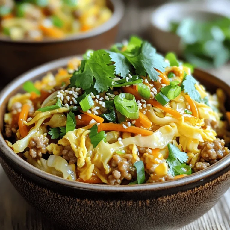 - 1 lb ground turkey or chicken - 4 cups coleslaw mix (shredded cabbage and carrots) - 2 green onions, chopped - 4 cloves garlic, minced - 2 tablespoons ginger, minced - 3 tablespoons soy sauce (or tamari for gluten-free) - 1 tablespoon sesame oil - 1 tablespoon rice vinegar - 1 teaspoon sriracha (optional, for heat) - Salt and pepper to taste - Sesame seeds, for garnish - Fresh cilantro, for garnish When you gather the ingredients, notice how simple they are. Ground turkey or chicken forms the base. The coleslaw mix adds crunch and color. Garlic and ginger give it a bold flavor. Soy sauce and sesame oil bring umami and richness. Rice vinegar adds a tangy kick. This dish is not only easy to make, but it is also great for your health. You get protein from the meat and fiber from the cabbage. Plus, you can customize it. Want it spicy? Just add more sriracha! - Calories per serving: Approximately 300 - Protein: 25g - Carbohydrates: 15g - Fats: 15g This bowl is filling, yet light. You get a good amount of protein and healthy fats. It’s a great way to eat well without spending hours cooking. The ingredients in Egg Roll in a Bowl offer many benefits: - Ground Turkey or Chicken: Lean protein helps build muscles. - Coleslaw Mix: Cabbage is low in calories and high in fiber. - Garlic: Supports heart health and boosts the immune system. - Ginger: Aids digestion and can reduce nausea. - Soy Sauce: Adds flavor and some essential amino acids. These ingredients work together to create a meal that is tasty and good for you. Want to learn more? Check out the Full Recipe and dive into the cooking process! To start, heat 1 tablespoon of sesame oil in a large skillet or wok over medium-high heat. Add 1 pound of ground turkey or chicken. Cook this meat for about 5 to 7 minutes. You want it to brown well. Use a spatula to break the meat into small pieces as it cooks. This step ensures even cooking. Once the meat is browned, it's ready for the next step. Now, add 4 cloves of minced garlic and 2 tablespoons of minced ginger to the pan. Sauté these for 1 to 2 minutes until they smell nice. Next, stir in 4 cups of coleslaw mix. This mix has shredded cabbage and carrots. Cook this for about 3 to 5 minutes. The cabbage should wilt and soften. This will add a nice crunch to your dish. After the veggies are ready, pour in 3 tablespoons of soy sauce and 1 tablespoon of rice vinegar. If you like some heat, add 1 teaspoon of sriracha. Mix it all well. Let it cook for another 2 to 3 minutes. This helps the flavors come together. Finally, season with salt and pepper to taste. Remove the pan from heat and fold in 2 chopped green onions. For the Full Recipe, check the main article. Enjoy your tasty meal! To cook the meat well, use medium-high heat. This helps brown the ground turkey or chicken nicely. Break the meat apart with a spatula while it cooks. This ensures even cooking and no clumps. Cook until it is no longer pink, about 5-7 minutes. This step keeps the dish safe to eat and tasty. To boost flavor, use fresh garlic and ginger. They add a lovely depth to your egg roll in a bowl. Don't skip the soy sauce; it’s key for umami taste. If you like some heat, add sriracha. It gives a nice kick. Cook the coleslaw mix until it wilts. This softens the veggies and blends the flavors well. Serving is just as important as cooking. Use individual bowls for each serving. This makes it look nice and fancy. Top each bowl with sesame seeds for crunch. Add fresh cilantro for color and a fresh taste. A colorful and well-garnished dish makes it more inviting. For the full recipe, check the earlier section. {{image_2}} You can switch up the protein for your egg roll in a bowl. Ground turkey or chicken works great, but here are some other tasty options: - Tofu: Use firm or extra-firm tofu for a great texture. Press it to remove water, then cube and sauté. - Pork: Ground pork adds a rich flavor. Cook it the same way as turkey. - Beef: Lean ground beef is another good choice. It gives a hearty taste that many enjoy. These alternatives not only change the taste but also fit different diets! If you want to make a vegetarian or vegan dish, it's easy! Start with tofu or tempeh in place of meat. Here’s how: - Tofu: Use the same method, cooking until golden and crispy. - Tempeh: Crumble it and sauté until browned. It has a nutty flavor that adds depth. - Vegetables: Add more veggies like mushrooms, bell peppers, or zucchini for extra nutrition and flavor. These swaps keep your meal filling and delicious! Want to take your egg roll in a bowl to the next level? Here are some fun add-ins: - Vegetables: Consider adding snap peas, carrots, or broccoli for crunch. - Flavor Boosters: Try adding a splash of hoisin sauce or sesame seeds for more taste. - Fresh Herbs: Chopped cilantro or basil brings freshness and pairs well with the dish. These enhancements make your meal colorful and packed with flavor! For the full recipe, check out the details above. To keep your egg roll in a bowl fresh, store leftovers in an airtight container. It’s best to refrigerate them within two hours of cooking. This helps to prevent spoilage. The dish stays good for up to four days in the fridge. Make sure to separate any garnishes like cilantro and sesame seeds, as they do not store well. When you’re ready to enjoy your leftovers, reheating is simple. I recommend using a skillet over medium heat. Add a splash of water or a little soy sauce to keep the dish moist. Stir often until it’s warmed through. You can also use the microwave, but cover the bowl with a damp paper towel to keep the moisture in. Heat it in short bursts, stirring in between. If you want to freeze your egg roll in a bowl, portion it into freezer-safe containers. It’s best to freeze it without garnishes. This way, you can keep the flavors fresh. The dish can last up to three months in the freezer. To defrost, move it to the fridge overnight or use the microwave’s defrost setting. Once thawed, reheat it as described above. Enjoy your easy, tasty meal anytime! For the full recipe, check out the detailed instructions above. To make Egg Roll in a Bowl gluten-free, you can swap regular soy sauce for tamari. Tamari is a gluten-free version of soy sauce. You can also check labels on coleslaw mix and rice vinegar. Some brands may add gluten. Always read the ingredients to ensure they fit your needs. Yes, you can prep this dish ahead of time. Cook the meat and veggies, then cool it down. Store it in an airtight container in the fridge. It will stay fresh for about three days. When you're ready to eat, just reheat it in a skillet over medium heat. Egg Roll in a Bowl pairs well with several sides. Try serving it with steamed rice, quinoa, or cauliflower rice for a low-carb option. You can also add a side of fresh fruit or a simple salad. These sides add balance to your meal while keeping it light and tasty. This recipe for Egg Roll in a Bowl combines fresh ingredients and simple steps. You learned how to cook ground turkey or chicken, add tasty spices, and enhance flavors with soy sauce. I shared useful tips on cooking and serving this dish, plus variations to fit your diet. In closing, this meal offers balance, flavor, and ease. It’s healthy and customizable. I hope you enjoy making it for your next meal!