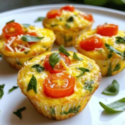 - 6 large eggs: Eggs are packed with protein and good fats. They help keep you full and energized. - 1/2 cup spinach, chopped: Spinach is full of vitamins A and C. It adds color and boosts nutrition. - 1/2 cup bell pepper, diced (any color): Bell peppers bring in vitamin C and fiber. They add a sweet crunch. - 1/4 cup red onion, finely diced: Red onions add flavor and antioxidants. They make the muffins tasty. - 1/2 cup cherry tomatoes, halved: Cherry tomatoes are juicy and rich in vitamins. They add a fresh touch. - 1/4 cup shredded cheese (cheddar or feta): Cheese adds creaminess and flavor. It makes every bite delightful. - 1 teaspoon garlic powder: Garlic powder enhances the taste. It gives a subtle kick. - Salt and pepper to taste: These simple seasonings boost all the flavors. Adjust to your liking. - Olive oil spray: This helps to prevent sticking in the muffin tin. Choose a good-quality spray. - Fresh herbs for garnish (such as basil or parsley): Fresh herbs add a pop of color and freshness. They make the dish look beautiful. Each ingredient in Healthy Egg Muffin Cups brings something special. Eggs provide essential protein, helping with muscle growth. Spinach is great for eye health and bone strength. Bell peppers and tomatoes are high in antioxidants, which protect your body. Cheese offers calcium for strong bones. These muffins combine flavors and nutrients well. When choosing your veggies, look for bright colors and firm textures. Fresh spinach should be vibrant and crisp. Bell peppers should feel heavy and have smooth skin. Cherry tomatoes should be plump and shiny. Avoid any produce with soft spots or blemishes for the best taste and nutrition. 1. Preheat the oven to 350°F (175°C). This gets it ready for baking. While the oven warms up, prepare your muffin tin. Lightly spray it with olive oil to help the muffins come out easily. 2. In a large mixing bowl, crack open the 6 eggs. Use a whisk to mix them well. You want them to be smooth and even. Next, add the chopped spinach, diced bell pepper, finely diced red onion, and halved cherry tomatoes. Then, sprinkle in the shredded cheese, garlic powder, salt, and pepper. Mix everything thoroughly. This helps the flavors blend nicely. 3. Pour the egg mixture into each muffin cup. Fill them about 3/4 full. This allows space for the muffins to rise. Now, it's time to bake. Place the muffin tin in the preheated oven and bake for 18-20 minutes. Check if they are done by inserting a toothpick. If it comes out clean, they are ready. 4. Once done, remove the muffin tin from the oven. Let it cool for a few minutes. Run a knife around the edges of each muffin cup to loosen them. Carefully take out the egg muffins and place them on a serving plate. You can garnish them with fresh herbs for a nice touch. These steps lead you to delicious, healthy egg muffin cups. For a complete list of what you need, check out the Full Recipe. To prevent sticking, use olive oil spray on your muffin tin. This helps the egg muffins pop out easily. Whisk your eggs well to get a fluffy texture. I recommend whisking for about one minute. This adds air and makes them light. Bake your egg muffins at 350°F (175°C) for 18-20 minutes. Check them at 18 minutes by inserting a toothpick. If it comes out clean, they are done. You can adjust the time based on your oven. Some ovens cook faster than others. Prepare your ingredients in advance to save time. Chop your veggies the night before. Store them in the fridge until you are ready to cook. This makes mornings much easier. For storing egg muffins, let them cool before putting them in a container. Use an airtight container to keep them fresh. They last up to four days in the fridge. To reheat, pop them in the microwave for about 30 seconds. You can also warm them in the oven at 350°F for about 10 minutes. Enjoy your Healthy Egg Muffin Cups warm and tasty! {{image_2}} You can easily adapt Healthy Egg Muffin Cups to fit your diet. For gluten-free options, use gluten-free cheese or skip it entirely. If you need dairy-free muffins, choose a dairy-free cheese or leave out the cheese. For vegetarians, these muffin cups are already meat-free, but you can add more veggies like mushrooms or zucchini for extra flavor. Spices and herbs can change the taste. Try adding a pinch of cumin or paprika for warmth. You could also mix in fresh herbs like dill or cilantro for a fresh kick. Experiment with different veggies, such as kale, asparagus, or even sweet potatoes to keep things exciting. These muffins shine at breakfast or brunch. Pair them with a side of fresh fruit or a light salad for a balanced meal. You can also serve them with whole grain toast or avocado slices for added nutrients. For a fun twist, top your muffin cups with salsa or hot sauce. A dollop of Greek yogurt or sour cream adds creaminess and flavor. You can also sprinkle extra herbs on top for a fresh look. The versatility of Healthy Egg Muffin Cups makes them a delightful addition to any meal. For the full recipe, check out the complete instructions above. To keep your Healthy Egg Muffin Cups fresh, place them in an airtight container. This helps to lock in moisture and flavor. You can store them in the fridge for up to five days. If you want to label your container, write the date you made them. This way, you know when to eat them. If you want to save some muffins for later, freezing is a great option. First, let the muffins cool completely. Then, wrap each one in plastic wrap. Place the wrapped muffins in a freezer-safe bag or container. They can stay in the freezer for up to three months. When you're ready to eat a frozen muffin, take it out and let it thaw in the fridge overnight. If you want it warm, you can reheat it in the microwave for about 30 seconds. You can also pop it in the oven at 350°F (175°C) for about 10 minutes. This helps keep the texture nice and fluffy. Enjoy your healthy meal anytime! Healthy Egg Muffin Cups can last up to five days in the fridge. Store them in an airtight container to keep them fresh. If you notice any changes in smell or texture, it’s best to toss them. Yes, you can use different vegetables! Feel free to add zucchini, mushrooms, or broccoli. Just chop them into small pieces so they cook well. This way, you can customize the flavor to your liking. Absolutely! Healthy Egg Muffin Cups are perfect for meal prep. Make a batch on the weekend, and you have breakfast ready for the week. They reheat well in the microwave, making them super convenient. For the full recipe, check out the Healthy Egg Muffin Cups section. In this blog post, we explored the essential ingredients for Healthy Egg Muffin Cups and their benefits. You learned how to prepare, bake, and store these tasty muffins for your meals. I shared tips on cooking techniques and variations to fit your diet. Remember, fresh ingredients and proper storage keep your muffins at their best. Whether for breakfast or a snack, these muffins are easy to make and fun to customize. Enjoy your cooking and let these muffins fuel your day!