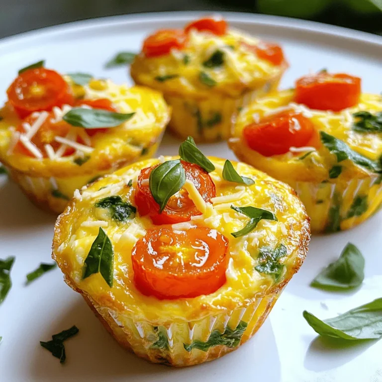 - 6 large eggs: Eggs are packed with protein and good fats. They help keep you full and energized. - 1/2 cup spinach, chopped: Spinach is full of vitamins A and C. It adds color and boosts nutrition. - 1/2 cup bell pepper, diced (any color): Bell peppers bring in vitamin C and fiber. They add a sweet crunch. - 1/4 cup red onion, finely diced: Red onions add flavor and antioxidants. They make the muffins tasty. - 1/2 cup cherry tomatoes, halved: Cherry tomatoes are juicy and rich in vitamins. They add a fresh touch. - 1/4 cup shredded cheese (cheddar or feta): Cheese adds creaminess and flavor. It makes every bite delightful. - 1 teaspoon garlic powder: Garlic powder enhances the taste. It gives a subtle kick. - Salt and pepper to taste: These simple seasonings boost all the flavors. Adjust to your liking. - Olive oil spray: This helps to prevent sticking in the muffin tin. Choose a good-quality spray. - Fresh herbs for garnish (such as basil or parsley): Fresh herbs add a pop of color and freshness. They make the dish look beautiful. Each ingredient in Healthy Egg Muffin Cups brings something special. Eggs provide essential protein, helping with muscle growth. Spinach is great for eye health and bone strength. Bell peppers and tomatoes are high in antioxidants, which protect your body. Cheese offers calcium for strong bones. These muffins combine flavors and nutrients well. When choosing your veggies, look for bright colors and firm textures. Fresh spinach should be vibrant and crisp. Bell peppers should feel heavy and have smooth skin. Cherry tomatoes should be plump and shiny. Avoid any produce with soft spots or blemishes for the best taste and nutrition. 1. Preheat the oven to 350°F (175°C). This gets it ready for baking. While the oven warms up, prepare your muffin tin. Lightly spray it with olive oil to help the muffins come out easily. 2. In a large mixing bowl, crack open the 6 eggs. Use a whisk to mix them well. You want them to be smooth and even. Next, add the chopped spinach, diced bell pepper, finely diced red onion, and halved cherry tomatoes. Then, sprinkle in the shredded cheese, garlic powder, salt, and pepper. Mix everything thoroughly. This helps the flavors blend nicely. 3. Pour the egg mixture into each muffin cup. Fill them about 3/4 full. This allows space for the muffins to rise. Now, it's time to bake. Place the muffin tin in the preheated oven and bake for 18-20 minutes. Check if they are done by inserting a toothpick. If it comes out clean, they are ready. 4. Once done, remove the muffin tin from the oven. Let it cool for a few minutes. Run a knife around the edges of each muffin cup to loosen them. Carefully take out the egg muffins and place them on a serving plate. You can garnish them with fresh herbs for a nice touch. These steps lead you to delicious, healthy egg muffin cups. For a complete list of what you need, check out the Full Recipe. To prevent sticking, use olive oil spray on your muffin tin. This helps the egg muffins pop out easily. Whisk your eggs well to get a fluffy texture. I recommend whisking for about one minute. This adds air and makes them light. Bake your egg muffins at 350°F (175°C) for 18-20 minutes. Check them at 18 minutes by inserting a toothpick. If it comes out clean, they are done. You can adjust the time based on your oven. Some ovens cook faster than others. Prepare your ingredients in advance to save time. Chop your veggies the night before. Store them in the fridge until you are ready to cook. This makes mornings much easier. For storing egg muffins, let them cool before putting them in a container. Use an airtight container to keep them fresh. They last up to four days in the fridge. To reheat, pop them in the microwave for about 30 seconds. You can also warm them in the oven at 350°F for about 10 minutes. Enjoy your Healthy Egg Muffin Cups warm and tasty! {{image_2}} You can easily adapt Healthy Egg Muffin Cups to fit your diet. For gluten-free options, use gluten-free cheese or skip it entirely. If you need dairy-free muffins, choose a dairy-free cheese or leave out the cheese. For vegetarians, these muffin cups are already meat-free, but you can add more veggies like mushrooms or zucchini for extra flavor. Spices and herbs can change the taste. Try adding a pinch of cumin or paprika for warmth. You could also mix in fresh herbs like dill or cilantro for a fresh kick. Experiment with different veggies, such as kale, asparagus, or even sweet potatoes to keep things exciting. These muffins shine at breakfast or brunch. Pair them with a side of fresh fruit or a light salad for a balanced meal. You can also serve them with whole grain toast or avocado slices for added nutrients. For a fun twist, top your muffin cups with salsa or hot sauce. A dollop of Greek yogurt or sour cream adds creaminess and flavor. You can also sprinkle extra herbs on top for a fresh look. The versatility of Healthy Egg Muffin Cups makes them a delightful addition to any meal. For the full recipe, check out the complete instructions above. To keep your Healthy Egg Muffin Cups fresh, place them in an airtight container. This helps to lock in moisture and flavor. You can store them in the fridge for up to five days. If you want to label your container, write the date you made them. This way, you know when to eat them. If you want to save some muffins for later, freezing is a great option. First, let the muffins cool completely. Then, wrap each one in plastic wrap. Place the wrapped muffins in a freezer-safe bag or container. They can stay in the freezer for up to three months. When you're ready to eat a frozen muffin, take it out and let it thaw in the fridge overnight. If you want it warm, you can reheat it in the microwave for about 30 seconds. You can also pop it in the oven at 350°F (175°C) for about 10 minutes. This helps keep the texture nice and fluffy. Enjoy your healthy meal anytime! Healthy Egg Muffin Cups can last up to five days in the fridge. Store them in an airtight container to keep them fresh. If you notice any changes in smell or texture, it’s best to toss them. Yes, you can use different vegetables! Feel free to add zucchini, mushrooms, or broccoli. Just chop them into small pieces so they cook well. This way, you can customize the flavor to your liking. Absolutely! Healthy Egg Muffin Cups are perfect for meal prep. Make a batch on the weekend, and you have breakfast ready for the week. They reheat well in the microwave, making them super convenient. For the full recipe, check out the Healthy Egg Muffin Cups section. In this blog post, we explored the essential ingredients for Healthy Egg Muffin Cups and their benefits. You learned how to prepare, bake, and store these tasty muffins for your meals. I shared tips on cooking techniques and variations to fit your diet. Remember, fresh ingredients and proper storage keep your muffins at their best. Whether for breakfast or a snack, these muffins are easy to make and fun to customize. Enjoy your cooking and let these muffins fuel your day!