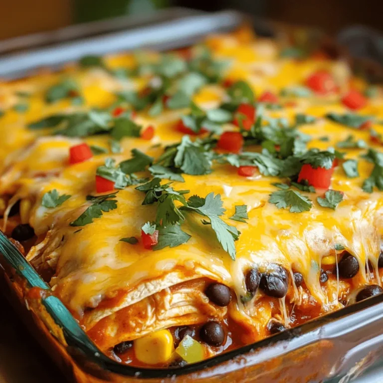 - 2 cups cooked chicken, shredded - 1 can (15 oz) black beans, rinsed and drained - 1 can (10 oz) enchilada sauce (red or green) - 1 cup corn (fresh, canned, or frozen) - 1 cup diced bell peppers (mix of red, yellow, and green) - 2 cups shredded cheese (Cheddar, Monterey Jack, or a blend) - 8 small corn tortillas, cut into strips These main ingredients create a rich and tasty base for your casserole. The shredded chicken gives it protein, while the black beans add fiber. Corn and bell peppers bring sweetness and crunch, making every bite enjoyable. The enchilada sauce ties it all together, giving the dish its classic flavor. - Fresh cilantro - Sour cream Adding fresh cilantro on top gives the casserole a bright flavor. Sour cream adds creaminess, balancing out the spices. You can use one or both, depending on your taste. - Alternative proteins (like turkey or beef) - Different types of beans If you want to switch things up, turkey or beef work well as protein options. You can also try pinto or kidney beans for a new twist. These substitutes can keep the dish exciting and delicious. For the full recipe, check out the [Full Recipe]. - Preheat the oven: First, set your oven to 350°F (175°C). This step gets everything ready for baking. - Mix the filling: In a large bowl, combine the shredded chicken, black beans, corn, and diced bell peppers. Add half of the enchilada sauce, ground cumin, garlic powder, onion powder, and 1 cup of shredded cheese. Mix well until everything is blended. - Layering tortillas: Take a 9x13 inch baking dish and spread a thin layer of the remaining enchilada sauce on the bottom. Place a layer of tortilla strips evenly over the sauce. - Spreading the chicken mixture: Spread half of the chicken mixture over the tortillas. Next, add another layer of tortilla strips, followed by the rest of the chicken mixture. Finish with a top layer of tortilla strips. - Covering and baking: Pour any leftover enchilada sauce over the top layer of tortillas. Sprinkle the remaining cheese on top. Cover the dish with foil, being careful not to touch the cheese with it. - Final baking without foil: Place the casserole in the oven and bake for 25 minutes covered. After that, remove the foil and bake for another 15 minutes. This will make the cheese bubbly and golden. Enjoy making this Chicken Enchilada Casserole with the Full Recipe! How to shred chicken easily To shred chicken, use two forks. Hold one fork steady and pull the chicken apart with the other. You can also use your hands if the chicken is cool enough. For faster results, try using a stand mixer on low speed. Ensuring even cooking For even cooking, make sure your oven is fully preheated. Layer the casserole evenly in the dish. This helps all the layers cook together. Rotate the dish halfway through baking for uniform heat. Adding spices for extra heat Want more spice? Add chopped jalapeños or a pinch of cayenne pepper. You can also mix in chili powder for a deeper flavor. Adjust the spice level to fit your taste. Experimenting with different cheeses Feel free to try different cheeses. Monterey Jack adds a creamy touch. Pepper Jack gives a spicy kick. Mixing cheeses can create a rich flavor that keeps each bite interesting. Serving suggestions Serve the casserole hot right from the oven. Add a sprinkle of fresh cilantro on top for color. A dollop of sour cream works great too, making each serving look appetizing. Ideal side dishes Pair your casserole with a simple side salad. Mexican rice or refried beans also make great sides. These dishes balance the meal and add extra flavor. {{image_2}} If you want a meat-free dish, try using veggies instead of chicken. You can add a mix of your favorite vegetables. Zucchini, mushrooms, and spinach work great. Just chop them into small pieces and sauté them lightly before mixing. This swap keeps the dish full of flavor while catering to vegetarian diets. For a gluten-free version, simply swap out the regular tortillas for gluten-free ones. Many brands offer tasty options made from corn or rice. These tortillas hold up well in the casserole, making sure you enjoy every bite without worries about gluten. You can play with spices to create different flavor profiles. Try adding chili powder or paprika for some heat. For a smokier taste, consider using chipotle powder. You can also mix in fresh herbs like cilantro or parsley. These tweaks can turn a classic dish into something new and exciting. To keep your chicken enchilada casserole fresh, store it in an airtight container. Make sure it cools down first. Place it in the fridge within two hours of cooking. Enjoy it within three to four days for the best taste. If you want to keep it longer, freezing is a great option. To freeze your casserole, wait until it's completely cool. Cut it into portions if you like. Wrap each piece tightly in plastic wrap and then place it in a freezer-safe bag. Remove as much air as possible. When you're ready to eat, thaw it overnight in the fridge. Reheat it in the oven at 350°F (175°C) until it’s hot all the way through. In the fridge, your chicken enchilada casserole lasts about three to four days. If frozen, it can stay good for up to three months. Always check for any signs of spoilage, like odd smells or changes in texture. For the best flavor, try to eat it sooner rather than later. For the full recipe, visit our recipe section. You can use any cooked chicken for this dish. Shredded rotisserie chicken works great. It saves time and adds flavor. You can also use grilled chicken for a smoky taste. Leftover chicken from another meal is a good option too. Just ensure the chicken is boneless and skinless. This makes it easier to mix and layer. Yes, you can prepare this casserole in advance. Make the filling and layer it in the dish. Cover it tightly with plastic wrap or foil. Store it in the fridge for up to 24 hours. When you’re ready to bake, just remove the cover and pop it in the oven. This makes meal prep super easy! Look for a few signs to check doneness. The cheese should be bubbly and golden brown. The edges of the casserole may also get a bit crispy. You can insert a knife in the center; it should feel hot. If it’s hot through and melted, it's ready to eat. Enjoy your delicious Chicken Enchilada Casserole with confidence! For the full recipe, check out the earlier section. This blog post has covered the essentials for making a delicious enchilada casserole. We discussed the key ingredients, from shredded chicken to black beans. I shared step-by-step instructions for the preparation, assembly, and baking. You learned tips to enhance flavor and presentation. We also explored variations, storage tips, and even answered common questions. Try these ideas to create your own tasty dish. Enjoy experimenting with flavors and techniques. Happy cooking!