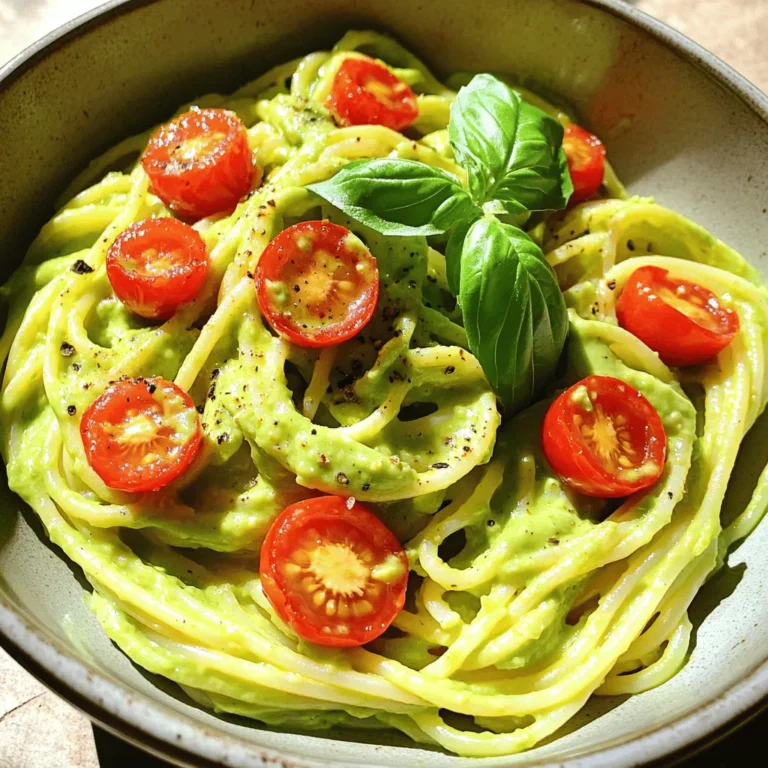 Ripe Avocados and their Role Ripe avocados are the star of this dish. They create a creamy texture and rich flavor. Choose avocados that give slightly when you press them. This ensures they are soft and perfect for blending. The Importance of Fresh Herbs Fresh herbs add bright flavors to the pasta. I love using basil, as it pairs well with avocado. You can also try parsley or cilantro for a different taste. Always use fresh herbs for the best flavor. Choosing the Right Pasta For creamy avocado pasta, I prefer spaghetti or linguine. These shapes hold the sauce well. Use whole wheat or gluten-free pasta if you want a healthier option. Olive Oil: Best Types for Flavor Good olive oil enhances the dish. I recommend using extra virgin olive oil for its rich taste. It adds depth to the sauce and complements the avocados. Nutritional Yeast vs. Parmesan Cheese You can use either Parmesan cheese or nutritional yeast. Parmesan gives a savory, cheesy flavor. Nutritional yeast offers a vegan option with a similar taste. Choose based on your dietary needs. Garlic and Its Flavor Contribution Garlic is key for flavor. I use fresh minced garlic for the best taste. It adds a nice kick to the creamy sauce. You can adjust the amount based on your taste preference. For the complete recipe, refer to the [Full Recipe]. Boiling to Perfection Start by filling a large pot with water. Add a pinch of salt for flavor. Bring the water to a rolling boil. Once boiling, add 12 oz of spaghetti or linguine. Cook it according to the package instructions until it’s al dente. This should take about 8 to 10 minutes. Stir occasionally to prevent sticking. How to Reserve Pasta Water Before draining the pasta, grab a cup and scoop out about one cup of the pasta water. This starchy water helps the sauce stick later. Set it aside. Drain the rest of the pasta into a colander. Blending Techniques for Smoothness In a food processor, add the two ripe avocados, two cloves of minced garlic, and two tablespoons of fresh lemon juice. Pour in 1/4 cup of olive oil and 1/2 cup of grated Parmesan cheese. Add 1/4 teaspoon of red pepper flakes, salt, and pepper to taste. Blend until the mixture is smooth and creamy. Adjusting Consistency with Pasta Water If the sauce feels too thick, slowly add the reserved pasta water. Blend again until you reach your desired creaminess. This step is crucial for a silky sauce that clings to the pasta. Tossing vs. Mixing the Pasta Transfer the drained pasta to a large mixing bowl. Pour the avocado sauce over it. Toss gently to coat the pasta evenly. If you need more sauce, add a bit more reserved pasta water. Presentation Ideas for a Beautiful Finish To serve, divide the pasta into bowls. Fold in the cherry tomatoes gently to warm them without cooking. Top each dish with fresh basil leaves. For a pop of color, drizzle a little extra olive oil over the pasta. Enjoy your Creamy Avocado Pasta Delightfully Easy Recipe! - Ripe Avocados Matter: Choose avocados that are soft to the touch. They should yield slightly when pressed. This ensures a creamy sauce. Hard avocados will not blend well. They may create a chunky texture. - Using the Right Blender Tools: A high-speed blender or food processor works best. It helps blend the avocados smoothly. If you lack these tools, a fork can work, but it takes longer. - Adding Extra Ingredients for Depth: Consider adding fresh herbs like basil or parsley. These herbs boost the flavor. You can also try a splash of white wine. It adds brightness and depth. - Spice Level Adjustments with Red Pepper Flakes: If you enjoy heat, add more red pepper flakes. Start with a pinch and taste. You can add more if you want a kick. - Pairing with Wine or Salad: Creamy avocado pasta pairs well with white wine. A crisp Sauvignon Blanc works nicely. For a light meal, serve it with a fresh salad. - Meal Prep Ideas for Leftovers: Store leftovers in an airtight container. Use them within two days for best taste. You can also use the pasta in wraps or as a dip. Check the full recipe for more ideas. {{image_2}} You can easily make this dish vegan. Just substitute the cheese. Use nutritional yeast instead of Parmesan. This adds a cheesy flavor without dairy. You can also use coconut cream for a richer texture. For extra nutrition, add chia seeds or hemp hearts. They boost protein and fiber. You won't change the taste much, but you'll add health benefits. If you want more protein, try grilled chicken or shrimp. They make the dish heartier. Just cook the protein first and add it to the pasta. For a plant-based option, use chickpeas or lentils. They mix well with the creamy sauce. You can also add tofu for extra texture and protein. Incorporating seasonal vegetables is a fun way to change this dish. You can add spinach or zucchini in the spring. In the summer, grilled corn or bell peppers are great choices. Switching up the herbs can also change the flavor. Use cilantro for a fresh twist. Or try dill for a unique taste. Each herb brings its own flair to the dish. To keep your creamy avocado pasta fresh, follow these tips: - Best Practices for Refrigeration: Place leftovers in an airtight container. Store them in the fridge for up to two days. This helps keep flavors intact. - Avoiding Browning of Avocado Sauce: Avocados turn brown when exposed to air. To slow this down, add a bit more lemon juice on top of the sauce before sealing the container. This will keep the color vibrant. When it’s time to enjoy your leftovers, choose your method wisely: - Microwave vs. Stovetop Reheating: Use the microwave for quick reheating. Heat in short bursts to keep the texture smooth. For stovetop, warm gently in a pan over low heat, stirring often. - Ensuring the Creamy Texture is Maintained: Add a splash of reserved pasta water while reheating. This helps revive the creamy texture and makes the dish lovely again. Wondering if you can freeze creamy avocado pasta? Here’s what you need to know: - Can You Freeze Creamy Avocado Pasta?: It is not ideal to freeze this dish. The avocado sauce can become grainy when thawed. If you must freeze, do so without the sauce. - Best Techniques for Thawing and Reheating: If frozen, thaw in the fridge overnight. Reheat as mentioned earlier, and mix in fresh sauce or avocado for the best taste. Enjoy your creamy avocado pasta delightfully! You can use nutritional yeast as a great vegan option. It gives a cheesy flavor. Some people like to mix in cashew cheese or almond cheese. These options keep your pasta creamy and tasty without dairy. If you prefer a nut-free choice, try using a bit of lemon zest. This adds a fresh twist to your dish. You can make this pasta by hand. Start by mashing the ripe avocados using a fork. Mix in minced garlic and lemon juice in a bowl. Gradually stir in olive oil and spices. Keep mixing until you achieve a smooth texture. If the sauce is too thick, add some pasta water. This method lets you enjoy the process and still make delicious avocado pasta. Yes, creamy avocado pasta is great for meal prep! Store it in an airtight container. It will keep well in the fridge for about three days. To prevent the avocado from browning, add a little extra lemon juice. When you are ready to eat, just heat it in the microwave or on the stove. Expect it to remain tasty and creamy, especially if you add a splash of water. You can also pack it for lunch with some cherry tomatoes on the side for freshness. This blog post covered how to make creamy avocado pasta from start to finish. You learned about key ingredients, like ripe avocados and fresh herbs. We explored step-by-step instructions for cooking the pasta and making the perfect sauce. I shared tips for texture and flavor, along with variations to suit your taste. Remember to store leftovers properly and consider meal prep ideas. Embrace your creativity with this dish. Enjoy it fresh, adapt it, and share it with others. A simple yet delightful meal awaits you!