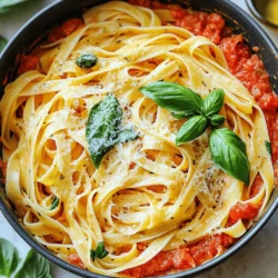 To make the One-Pot Creamy Tomato Basil Pasta, you need these main ingredients: - 12 ounces fettuccine pasta - 1 tablespoon olive oil - 3 cloves garlic, minced - 1 (28-ounce) can crushed tomatoes - 4 cups vegetable broth - 1 cup heavy cream (or coconut cream for dairy-free) - 1 teaspoon dried oregano - Salt and black pepper, to taste - 1 cup fresh basil leaves, chopped - 1/2 cup grated Parmesan cheese (optional) - Fresh basil leaves for garnish These items come together to create a rich, creamy sauce that coats the pasta perfectly. The crushed tomatoes add a nice depth of flavor while the garlic brings a subtle aroma. You can customize this dish to fit your taste. Here are some optional ingredients to consider: - Fresh spinach or kale for extra greens - Red pepper flakes for a bit of heat - Sun-dried tomatoes for added flavor - Other types of pasta, like penne or spaghetti Feel free to mix and match! Each addition can bring a new twist to the dish. If you’re missing an ingredient or want to make a swap, here are some simple substitutions: - Use whole wheat pasta instead of fettuccine for a healthier option. - Substitute coconut cream with almond milk for a lighter sauce. - Swap fresh basil with dried basil if fresh isn’t available. These substitutions can keep the dish tasty while accommodating your pantry and dietary needs. Remember, the magic of cooking is in experimenting! To make One-Pot Creamy Tomato Basil Pasta, start with the right pot. A large pot works best. Heat 1 tablespoon of olive oil over medium heat. Add 3 cloves of minced garlic and sauté them for about 1 minute. The garlic should smell great but not brown. Next, pour in 1 (28-ounce) can of crushed tomatoes and 4 cups of vegetable broth. Stir in 1 teaspoon of dried oregano. Now, it’s time for the pasta. Add 12 ounces of fettuccine pasta to the pot. Make sure the pasta is fully submerged in the liquid. Bring everything to a boil. After it boils, reduce the heat to low. Cover the pot and let it simmer for 10-12 minutes. Stir occasionally. The pasta should be al dente and most of the liquid absorbed. Once done, mix in 1 cup of heavy cream and 1 cup of chopped fresh basil. Add salt and black pepper to taste. If you like, stir in 1/2 cup of grated Parmesan cheese. Cook for 2-3 more minutes to heat through. Let the dish sit for a couple of minutes to thicken. Timing is key in cooking pasta. Make sure to watch the pot closely. If you boil it too long, the pasta may become mushy. Lowering the heat helps keep it tender. Use a timer to measure the 10-12 minutes for simmering. This way, you will know exactly when to check the pasta. The temperature should be medium while sautéing garlic. Too high can burn it. When you add the cream, keep the heat low. This keeps the sauce rich and creamy without curdling. Stirring helps mix the flavors well. It also prevents the pasta from sticking together. I recommend stirring every few minutes while it simmers. Simmering allows the pasta to soak up the sauce. This makes the dish flavorful and creamy. If you skip this step, the pasta may taste bland. So, don’t rush it! Enjoy the process and let the magic happen. For the full recipe, check out the details above! To get a super creamy sauce, use heavy cream. This adds richness. If you want a lighter option, try coconut cream. It gives a nice flavor too. Stir in the cream at the end. This keeps it smooth. Add it slowly and mix well. You can also add a bit of pasta water. This helps the sauce stick to the pasta. One big mistake is not stirring enough. If you don’t stir, the pasta can stick. Keep an eye on the pot while it cooks. Another mistake is adding too much salt too soon. Wait until the end to taste and salt. This way, you can avoid over-salting. Lastly, don’t skip the fresh basil. It adds a bright taste. Always fold it in just before serving. You can enhance this dish easily. Try adding red pepper flakes for heat. This gives a nice kick. For a savory touch, sauté onions with the garlic. You can also mix in spinach or kale for extra greens. If you want a cheesy flavor, add more Parmesan. A squeeze of lemon juice brightens everything up. These small changes can make a big difference in taste. For the full recipe and more details, check out the [Full Recipe]. {{image_2}} You can easily make this dish gluten-free. Use gluten-free pasta instead of regular fettuccine. Look for brands that hold up well in sauces. For a dairy-free option, swap heavy cream for coconut cream. Coconut cream adds a nice richness without dairy. You can also use almond milk or cashew cream for a lighter touch. Want to add some protein? Cooked chicken or shrimp works great in this dish. Simply add them in during the last few minutes of cooking. You can also add chickpeas or white beans for a vegetarian option. They add protein and fiber. Tofu is another great choice. Just make sure to cube it and sauté it before adding. You can add seasonal vegetables to this pasta for extra flavor and nutrition. In spring, try adding peas or asparagus. In summer, diced zucchini or bell peppers work well. In fall, add spinach or roasted squash. These vegetables add color and taste. They also make the dish more filling. Don't be afraid to mix and match. The Full Recipe allows for plenty of creativity in your kitchen! To store your leftover One-Pot Creamy Tomato Basil Pasta, let it cool first. Then, place it in an airtight container. Make sure to seal it well to keep out air. Store it in the fridge for up to three days. If you want to keep it longer, consider freezing it. When you’re ready to enjoy your pasta again, reheat it gently. You can use a microwave or a stove. If using the microwave, place the pasta in a bowl. Add a splash of water or broth to keep it moist. Heat for about 1-2 minutes, stirring halfway. On the stove, warm it over low heat. Stir often and add a little cream if it seems dry. Freezing is a great way to keep your pasta for later. If you freeze it, use a freezer-safe container. It’s best to freeze it in single servings. This way, you can take out just what you need. It will stay good for up to two months. To thaw, place it in the fridge overnight before reheating. Enjoy your meal anytime with these easy storage tips! You can find the Full Recipe for more details. To stop the pasta from sticking, stir it well in the early cooking stages. Use enough liquid, as it helps the pasta cook evenly. A splash of olive oil can also reduce stickiness. Keep the pot covered while simmering, but check it every few minutes. Stir gently to keep the pasta apart. Yes, you can make this dish ahead of time. Cook the pasta as directed, then let it cool. Store it in an airtight container in the fridge. When you're ready to eat, reheat it on the stove. Add a bit of broth or cream to keep it creamy. This dish tastes great even a day later! You can use many herbs! Oregano and thyme pair well with tomatoes. Parsley adds a fresh taste. If you like a bit of spice, try red pepper flakes. For a unique twist, use fresh dill or tarragon. Each herb brings its own flavor and charm to the dish, making it fun to experiment. For the full recipe, check out the details above! You learned how to make One-Pot Creamy Tomato Basil Pasta with easy steps and helpful tips. We covered key ingredients, cooking techniques, and ways to customize your dish. You can avoid common mistakes and impress others with this tasty meal. Try the variations we discussed to keep it fresh and exciting. With proper storage, you can enjoy your pasta later. Remember, cooking is all about experimentation, so have fun! Happy cooking!