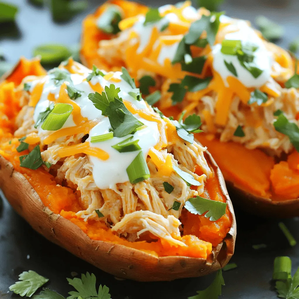 - Sweet potatoes and chicken - 4 medium sweet potatoes - 2 cups cooked chicken, shredded - Sauces and dairy products - 1/2 cup buffalo sauce (adjust to taste) - 1/2 cup cream cheese, softened - 1/4 cup Greek yogurt (or sour cream) - 1/2 cup shredded cheddar cheese - Seasonings and optional garnishes - Salt and pepper to taste - Olive oil for drizzling - 1/4 cup green onions, sliced - Optional: Fresh parsley for garnish For this dish, sweet potatoes and chicken shine as the stars. The sweet potatoes are soft and sweet, while the chicken brings hearty protein. The buffalo sauce adds a spicy kick, balancing the sweet flavor of the potatoes. Cream cheese makes the filling rich and smooth. The cheddar cheese melts into a gooey layer on top. Green onions give a fresh crunch, while Greek yogurt cools the heat. You can adjust the buffalo sauce to match your spice level. If you love heat, add more sauce. If you prefer mild, use less. Olive oil adds flavor and helps with roasting. Salt and pepper make everything taste great. Don’t forget the parsley for a pop of color. Check out the Full Recipe for details on how to put it all together! First, preheat your oven to 400°F (200°C). This step is key for making perfect sweet potatoes. Next, wash the sweet potatoes well. Use a fork to poke several holes in them. This allows steam to escape while they cook. Drizzle olive oil on each potato. Then, sprinkle salt for added flavor. Place the sweet potatoes directly on the oven rack or on a baking sheet. Roast them for 45-60 minutes. They are done when a fork easily pierces through them. While your sweet potatoes bake, prepare the filling. In a bowl, mix the shredded chicken with buffalo sauce. You can adjust the amount of sauce to fit your taste. Next, add cream cheese and half of the cheddar cheese to the chicken. Stir until everything is well combined. This mixture will be creamy and flavorful. Once the sweet potatoes are ready, remove them from the oven. Let them cool for a few minutes. Carefully slice each potato lengthwise to create a pocket. Use a fork to fluff the insides of the sweet potatoes. Season them with salt and pepper. Now, generously spoon the buffalo chicken mixture into each potato pocket. Top them with the remaining cheddar cheese. Return the stuffed sweet potatoes to the oven for another 10-15 minutes. Bake until the cheese melts and bubbles. Finally, remove them from the oven. Drizzle with Greek yogurt or sour cream. Garnish with sliced green onions and fresh parsley. Enjoy your Buffalo Chicken Stuffed Sweet Potatoes! For more details, check the Full Recipe. To ensure perfect sweet potatoes, choose medium-sized ones. They cook evenly and have great flavor. Wash them well, and poke holes with a fork. This step lets steam escape while cooking. Drizzle with olive oil and sprinkle salt. Bake them at 400°F for 45-60 minutes. Check with a fork; they should feel soft inside. Adjusting buffalo sauce for spiciness is easy. Start with a 1/2 cup in your filling. Taste it, and if you want more heat, add a bit more sauce. You can also mix in some hot sauce or cayenne pepper for an extra kick. When serving, think about side dishes that complement the meal. A simple green salad works well. You can also add carrot sticks or celery for crunch. They balance the flavors of the stuffed sweet potatoes. For presentation, slice the sweet potatoes down the middle and fluff the insides. Fill them with the buffalo chicken mixture. Top with shredded cheese and a dollop of Greek yogurt. Add fresh green onions or parsley for a pop of color. This makes your dish look as great as it tastes! {{image_2}} You can play with the flavors in Buffalo Chicken Stuffed Sweet Potatoes. If you want a different kick, try using a spicy barbecue sauce instead of buffalo sauce. You can also use a mild wing sauce if you prefer less heat. For cheese, you have options too. Instead of cheddar, go for mozzarella for a creamier taste. You can use pepper jack cheese for an extra spicy flavor. Mixing different cheeses can add depth to the dish. If you need to make this dish gluten-free, you’re in luck! All the main ingredients are naturally gluten-free. Just make sure your buffalo sauce is gluten-free, as some brands may add wheat. For a vegetarian twist, swap the chicken for shredded jackfruit or cooked lentils. Both options soak up flavors well and keep the dish hearty. You can also use tofu for a protein boost while keeping things meat-free. This way, everyone can enjoy this tasty meal! For the full recipe, refer to the original instructions above. After you enjoy your Buffalo Chicken Stuffed Sweet Potatoes, you might have leftovers. To keep them fresh, store them in the fridge. Place them in an airtight container. They will last for about three days. If you want to save them longer, freezing is a great option. Wrap each stuffed sweet potato tightly in foil and then place them in a freezer bag. They can stay in the freezer for up to three months. Just remember to label your bags with the date! When it's time to enjoy your leftovers, reheating properly is key. The best way to reheat stuffed sweet potatoes is in the oven. Preheat your oven to 350°F (175°C). Place the stuffed sweet potatoes on a baking sheet. Heat them for about 20-25 minutes or until warmed through. This method keeps the texture nice and the flavors intact. You can also use the microwave if you're in a hurry. Just place one potato on a microwave-safe plate. Heat for 2-3 minutes, checking halfway. If you want to keep that cheesy topping gooey, cover it with a damp paper towel. Enjoy your meal just like the first time! For the full recipe, check out the above section. Buffalo Chicken Stuffed Sweet Potatoes pair well with many side dishes. I recommend a simple green salad to balance the flavors. A crunchy coleslaw adds great texture and cooling contrast. You can also serve veggie sticks with ranch dip for a fun snack. For a heartier side, try roasted Brussels sprouts. Each option enhances the sweet potato's taste. To amp up the heat, you can add more buffalo sauce. Just mix in extra sauce when you prepare the chicken. You can also sprinkle crushed red pepper flakes on top before baking. Another idea is to use spicy cheese, like pepper jack. For a fresh kick, add sliced jalapeños to the filling. Adjust the spice to fit your taste! Yes, you can prepare Buffalo Chicken Stuffed Sweet Potatoes in advance! Cook the sweet potatoes and chicken filling separately. Store them in the fridge for up to two days. When you are ready to eat, stuff the sweet potatoes and bake them. This method saves time and keeps your meal fresh. It’s a great way to enjoy this tasty dish on a busy day. For the full recipe, check the cooking section above. This blog post covered how to make Buffalo Chicken Stuffed Sweet Potatoes. We discussed the right ingredients, detailed steps for cooking, and offered tips for the best results. I shared fun ways to customize the recipe and provided storage advice too. Buffalo chicken and sweet potatoes create a tasty meal that's easy to enjoy. Remember, you can change flavors to suit your taste. Happy cooking, and enjoy your delicious creation!