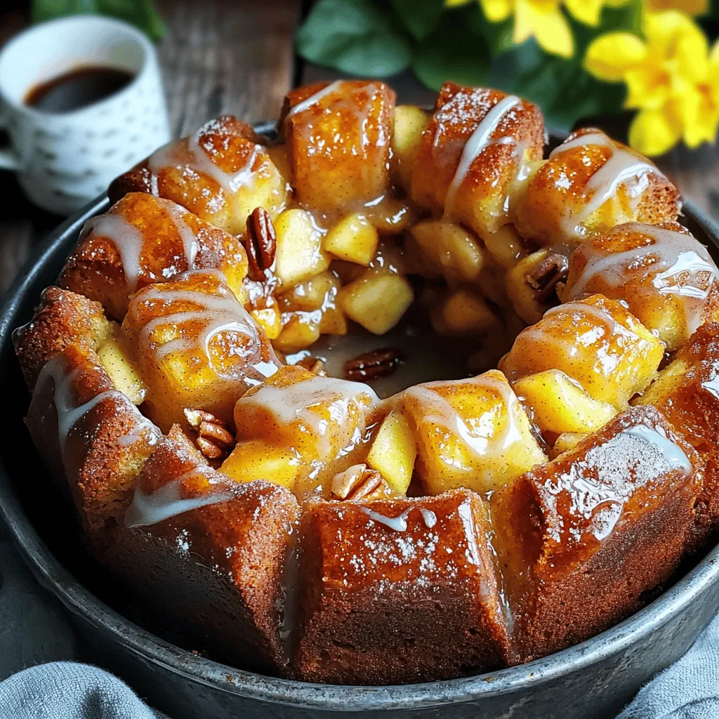 - 2 cans of refrigerated biscuit dough - 2 apples, peeled and diced (preferably Granny Smith) - 1/2 cup brown sugar - 1 teaspoon cinnamon - 1/4 teaspoon nutmeg - 1/4 cup unsalted butter, melted - 1/2 cup chopped pecans (optional) - 1 cup powdered sugar - 2 tablespoons milk - 1 teaspoon vanilla extract Each ingredient plays a key role in creating that warm, comforting flavor we love in apple pie. The biscuit dough forms the base, giving the dessert its soft, pull-apart texture. The apples add sweetness and a bit of tartness, especially when using Granny Smith. The brown sugar, cinnamon, and nutmeg mix together to give that classic apple pie taste. If you want to switch up the biscuit dough, you can try puff pastry or crescent rolls. Both options will still give you a nice texture. For apples, you can use Fuji or Honeycrisp for a sweeter flavor. If you prefer less sugar, replace brown sugar with coconut sugar or maple syrup. For nuts, feel free to swap pecans for walnuts or skip them entirely if you have nut allergies. You will need a few basic tools to make this recipe easy and fun: - Bundt pan - Mixing bowls - Whisk and measuring cups - Cooking spray or butter for greasing Having the right tools makes the process smoother. The bundt pan shapes the bread nicely, while mixing bowls help you combine your ingredients effectively. Use the cooking spray or butter to ensure that nothing sticks. You want to enjoy every bit of that delicious monkey bread, right? For the full recipe, check out the [Full Recipe]. First, preheat your oven to 350°F (175°C). This ensures your monkey bread bakes evenly. Next, grab a bundt pan and grease it well. You can use cooking spray or butter. This step helps the bread release easily after baking. In a medium bowl, mix the brown sugar, cinnamon, and nutmeg. Stir until they blend well. Set this aside for later. Now, open your biscuit dough cans. Cut each biscuit into quarters. In a large bowl, combine the biscuit pieces with the diced apples. Add half of the sugar and spice mix. Toss everything together until coated. Take each biscuit piece and dip it into the melted butter. Make sure to coat it well. Then, roll it in the remaining sugar mixture. Layer these coated biscuit pieces in the bundt pan. Add some apple mixture between layers. Keep distributing them evenly. Once done, drizzle any leftover butter on top. Sprinkle any extra sugar mix to finish. Place the bundt pan in the oven. Bake for 35-40 minutes. Look for a golden brown color. You can check for doneness by inserting a toothpick. It should come out clean when the bread is ready. After baking, let the monkey bread cool for about 10 minutes. This makes it easier to invert onto a serving platter. While it cools, prepare the glaze. In a small bowl, whisk together the powdered sugar, milk, and vanilla extract. Drizzle this glaze over the warm monkey bread before serving. For the full recipe, you can check the details above. To get the right gooeyness in your Apple Pie Monkey Bread, focus on the biscuit dough. You want it to be soft yet slightly chewy. When you mix the diced apples with the biscuit pieces, make sure each piece is coated well. This helps create a nice mix of flavors. For a richer taste, add more cinnamon or a splash of vanilla to the apples. You can also try different spices like ginger or cloves for a pleasant twist. When you serve this monkey bread, presentation matters. Place it on a nice platter and let people pull apart the pieces. It looks great and makes it fun to eat! Adding a scoop of vanilla ice cream on the side makes it even more special. You can also serve it with whipped cream or a drizzle of caramel sauce for extra sweetness. One common mistake is overmixing the dough or apples. This can make the bread tough. Mix just enough to coat everything without breaking the pieces apart. Another mistake is not adjusting the baking time for your oven. Ovens can vary, so keep an eye on your monkey bread. It should be golden brown and a toothpick should come out clean when it’s done baking. Following these tips will help you create a perfect Apple Pie Monkey Bread! {{image_2}} You can switch up the flavors in Apple Pie Monkey Bread. One fun twist is making a cinnamon roll monkey bread. Just replace the apple filling with a mix of cinnamon, sugar, and cream cheese. This gives a rich, sweet bite. Another great idea is to add caramel sauce. Drizzle it over the layers before baking. This adds a sweet touch that pairs well with the apples. The gooey caramel makes each piece even more tempting. If you're looking for gluten-free options, use gluten-free biscuit dough. Many brands offer delicious choices that work well. Just ensure all other ingredients are gluten-free too. For vegan alternatives, use plant-based butter and almond milk instead of regular butter and milk. You can also find vegan biscuit dough at some stores. This way, everyone can enjoy this treat without missing out. To bring in fall flavors, think about adding pumpkin puree. Mix it with the apples for a cozy taste that warms you up. This twist makes it perfect for autumn gatherings. In winter, try incorporating cranberries. Their tartness balances the sweetness of the apple. Toss them in with the apple filling for a festive touch. This variation adds color and a zesty bite to each piece. For the complete recipe, refer to the [Full Recipe]. To keep your Apple Pie Monkey Bread fresh, store it in the fridge. Use an airtight container to help maintain its flavor and texture. This way, it can last for up to three days. If you want to keep it longer, the freezer is a good option. Just be sure to wrap it well in plastic wrap or foil before placing it in a freezer bag. When it’s time to enjoy leftovers, reheating is key. The oven is the best choice for keeping the texture right. Preheat your oven to 350°F (175°C) and place the monkey bread in for about 10-15 minutes. If you're short on time, you can use the microwave. Heat it in short bursts of 15-20 seconds. Just be careful, as the microwave can make it soggy if you heat it too long. Freezing this treat is simple. Cut the monkey bread into individual pieces before freezing. This makes it easy to grab just what you want later. Place the pieces in a single layer on a baking sheet and freeze for about an hour. Once frozen, transfer them to a freezer bag. To thaw, leave the pieces in the fridge overnight. For the best taste, warm them up in the oven after thawing. To keep your monkey bread from sticking, grease the bundt pan well. Use cooking spray or melted butter. I like to coat every nook and cranny of the pan. You can also line the bottom with parchment paper. This makes it easier to lift the bread out. After baking, let it cool for a bit. Then, gently shake the pan. This will help release the bread without tearing it. Yes, you can prep the monkey bread ahead of time. You can assemble it the night before and keep it in the fridge. Just cover the bundt pan with plastic wrap. When you are ready to bake, take it out of the fridge. Let it sit for about 30 minutes at room temperature before baking. This helps it rise better. For this recipe, I recommend using Granny Smith apples. They give a nice tart flavor. Other good options are Honeycrisp or Fuji apples. These apples hold their shape when baked. They add a sweet and crisp texture to the monkey bread. Avoid using soft apples, as they can turn mushy. Apple Pie Monkey Bread can last for about 2 to 3 days when stored properly. Keep it in an airtight container to maintain freshness. You can also wrap it in plastic wrap. If you want to keep it longer, you can freeze it. Just slice it into pieces before freezing for easier serving later. Absolutely! You can make your own biscuit dough if you prefer. Combine flour, baking powder, salt, and butter in a bowl. Then, add milk until a dough forms. Roll it out and cut it into pieces. This gives you a fresh taste. Just make sure your dough is not too wet for the best texture. You can find many biscuit recipes online for guidance. For the best results, use a recipe that is light and flaky. This blog post covered how to make Apple Pie Monkey Bread. We discussed ingredients and tools needed. I provided step-by-step instructions and tips for the best texture and flavor. You can use different apples and sweeteners to personalize the dish. Remember to store leftovers properly to keep them fresh. This fun recipe is perfect for any gathering. Enjoy making and sharing this mouthwatering treat!