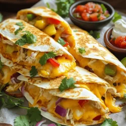 - 2 cups cooked chicken, shredded - 1 cup shredded cheddar cheese - 1 cup shredded mozzarella cheese - 4 large flour tortillas To make these easy chicken quesadillas, you need some key items. The first is shredded chicken. You can use leftover chicken or rotisserie chicken. This makes it quick and easy. Next, you need cheese. I like to use both cheddar and mozzarella for a lovely melt. Finally, you need large flour tortillas. They hold everything together nicely. - 1 bell pepper, thinly sliced (any color) - 1 small red onion, thinly sliced - 2 tablespoons olive oil - 1 teaspoon cumin - 1 teaspoon paprika - Salt and pepper to taste Adding vegetables makes the quesadillas colorful and tasty. I suggest using a bell pepper and a red onion. Slice them thin for even cooking. You'll also need olive oil to sauté the veggies. For seasoning, cumin and paprika add great flavor. Don't forget salt and pepper to taste! - Fresh cilantro, chopped (for garnish) - Salsa and sour cream (for serving) Garnishes can make your dish pop. Fresh cilantro adds a nice touch. Serve the quesadillas with salsa and sour cream for dipping. These extras enhance the flavor and make the meal even more enjoyable. For the full recipe, check the link above! Start by mixing the spices with the chicken. In a large bowl, combine 2 cups of shredded chicken, 1 teaspoon of cumin, and 1 teaspoon of paprika. Add salt and pepper to taste. This blend will give your chicken a great flavor. Make sure to mix well so that all the chicken pieces get coated. This step is key for tasty quesadillas. Next, it’s time to sauté the vegetables. Heat 1 tablespoon of olive oil in a skillet over medium heat. Add one thinly sliced bell pepper and one small red onion. Cook them for about 5 minutes, stirring often. You want them to become soft and lightly caramelized. This adds sweetness and depth to your dish. Once done, take them out of the skillet and set them aside. Now, let's assemble the quesadillas. In the same skillet, add another tablespoon of olive oil. Place one large flour tortilla in the pan. Sprinkle half of the cheddar and mozzarella cheeses on top. Then, spread half of the sautéed veggies and half of the spiced chicken over the cheese. Top it with the rest of the cheese and cover it with another tortilla. Cook the quesadilla for about 3-4 minutes on one side. You want it to be golden and the cheese to melt. Carefully flip it using a spatula, and cook the other side for another 3-4 minutes. Once cooked, take it out and let it cool for a minute. Cut it into wedges and serve with salsa and sour cream. For the full recipe, check the link above. To make your quesadillas crunchy, focus on the heat. Use medium heat to cook them. This helps the tortillas become golden brown without burning. Cook each side for about 3-4 minutes. If you want extra crispness, lightly brush the tortillas with olive oil before cooking. This simple trick makes a big difference. For perfectly melted cheese, use a mix of cheddar and mozzarella. Start by layering cheese on the bottom. This helps the cheese melt evenly. Cover the quesadilla with a lid while cooking. This traps heat, helping the cheese melt faster. If you want extra gooeyness, let the quesadilla rest for a minute after cooking. This allows the cheese to set nicely. If you have leftover chicken or veggies, don’t waste them! Use extra chicken in salads or wraps. They add great flavor and protein. Any leftover bell peppers and onions work well in omelets or as a side dish. Mix them with rice for a tasty meal. Being creative with leftovers saves time and cuts food waste. {{image_2}} You can switch up the protein in your quesadillas. Try using beef or shrimp. For beef, ground beef works great. Season it well with spices, just like the chicken. For shrimp, use cooked and peeled shrimp. Sauté them quickly until they are pink and cooked through. Both options add a unique flavor and texture. If you want a meatless option, there are many choices. Use black beans or chickpeas for protein. Add sautéed mushrooms for a hearty bite. You can also use roasted vegetables like zucchini or sweet potatoes. These tasty substitutes keep your quesadillas filling and flavorful. You can elevate the taste with a few simple changes. Add spices like chili powder or garlic powder for a kick. Try different cheeses, like pepper jack or feta, for a new twist. Mixing cheese types can give a creamy texture and rich taste. Don't shy away from experimenting with fresh herbs, too! They can brighten your dish and make it pop. For the full recipe, refer to the section above. To keep your quesadillas fresh, let them cool first. Place them in a single layer on a plate. Once cooled, wrap them in plastic wrap or foil. This keeps them from drying out. If you have many quesadillas, stack them with parchment paper between each one. Then, store them in an airtight container. You can keep them in the fridge for up to three days. The best way to reheat quesadillas is in a skillet. Heat the skillet over medium heat and add a tiny bit of oil. Place the quesadilla in the skillet and cook for about 2-3 minutes on each side. This method keeps them crispy. You can also use a microwave, but they may get soft. If you use the microwave, place a damp paper towel over the quesadilla. Heat it for about 30 seconds to 1 minute. To freeze your quesadillas, first let them cool completely. Wrap each quesadilla in plastic wrap. Then, place them in a freezer bag. Make sure to squeeze out the air before sealing. You can freeze them for up to two months. When you're ready to eat, thaw them in the fridge overnight. Reheat them using the skillet method for the best taste. For the full recipe, check out the detailed instructions above. To get crispy quesadillas, use a hot skillet. I like to heat the skillet over medium-high heat. Use enough oil to coat the bottom of the pan. This helps achieve a nice crunch. Cook each side for about 3-4 minutes until golden brown. Don’t rush the cooking. A little patience goes a long way! Yes, corn tortillas are a great choice! They add a nice flavor and texture. Corn tortillas are also gluten-free, so they work for more diets. They tend to hold their shape well and add a crunch. If you prefer a different taste, give corn tortillas a try! I love serving quesadillas with salsa and sour cream. They add flavor and creaminess. You can also add a side salad or guacamole. These sides balance the meal and make it even tastier. Try pairing them with beans or rice for a full meal. Chicken quesadillas last about 3-4 days in the fridge. Store them in an airtight container to keep them fresh. If you want to enjoy them later, make sure they cool down before you store them. Check for any signs of spoilage before eating. Freshness is key! Making easy chicken quesadillas requires just a few key ingredients and steps. You learned about essential items like shredded chicken, cheese, and tortillas. We covered sautéing veggies and layering your quesadilla for the best taste. Tips for perfect crispness and creative variations ensure you enjoy this dish in many ways. In closing, I hope you feel inspired to whip up these tasty quesadillas. With a little practice, you can impress friends and family with your skills! Enjoy your cooking journey and have fun with your meals!