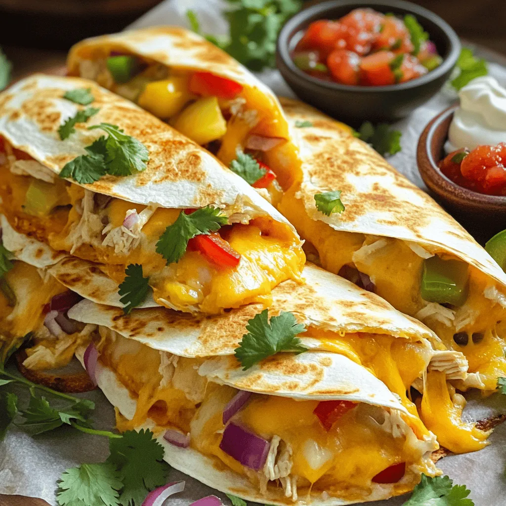 - 2 cups cooked chicken, shredded - 1 cup shredded cheddar cheese - 1 cup shredded mozzarella cheese - 4 large flour tortillas To make these easy chicken quesadillas, you need some key items. The first is shredded chicken. You can use leftover chicken or rotisserie chicken. This makes it quick and easy. Next, you need cheese. I like to use both cheddar and mozzarella for a lovely melt. Finally, you need large flour tortillas. They hold everything together nicely. - 1 bell pepper, thinly sliced (any color) - 1 small red onion, thinly sliced - 2 tablespoons olive oil - 1 teaspoon cumin - 1 teaspoon paprika - Salt and pepper to taste Adding vegetables makes the quesadillas colorful and tasty. I suggest using a bell pepper and a red onion. Slice them thin for even cooking. You'll also need olive oil to sauté the veggies. For seasoning, cumin and paprika add great flavor. Don't forget salt and pepper to taste! - Fresh cilantro, chopped (for garnish) - Salsa and sour cream (for serving) Garnishes can make your dish pop. Fresh cilantro adds a nice touch. Serve the quesadillas with salsa and sour cream for dipping. These extras enhance the flavor and make the meal even more enjoyable. For the full recipe, check the link above! Start by mixing the spices with the chicken. In a large bowl, combine 2 cups of shredded chicken, 1 teaspoon of cumin, and 1 teaspoon of paprika. Add salt and pepper to taste. This blend will give your chicken a great flavor. Make sure to mix well so that all the chicken pieces get coated. This step is key for tasty quesadillas. Next, it’s time to sauté the vegetables. Heat 1 tablespoon of olive oil in a skillet over medium heat. Add one thinly sliced bell pepper and one small red onion. Cook them for about 5 minutes, stirring often. You want them to become soft and lightly caramelized. This adds sweetness and depth to your dish. Once done, take them out of the skillet and set them aside. Now, let's assemble the quesadillas. In the same skillet, add another tablespoon of olive oil. Place one large flour tortilla in the pan. Sprinkle half of the cheddar and mozzarella cheeses on top. Then, spread half of the sautéed veggies and half of the spiced chicken over the cheese. Top it with the rest of the cheese and cover it with another tortilla. Cook the quesadilla for about 3-4 minutes on one side. You want it to be golden and the cheese to melt. Carefully flip it using a spatula, and cook the other side for another 3-4 minutes. Once cooked, take it out and let it cool for a minute. Cut it into wedges and serve with salsa and sour cream. For the full recipe, check the link above. To make your quesadillas crunchy, focus on the heat. Use medium heat to cook them. This helps the tortillas become golden brown without burning. Cook each side for about 3-4 minutes. If you want extra crispness, lightly brush the tortillas with olive oil before cooking. This simple trick makes a big difference. For perfectly melted cheese, use a mix of cheddar and mozzarella. Start by layering cheese on the bottom. This helps the cheese melt evenly. Cover the quesadilla with a lid while cooking. This traps heat, helping the cheese melt faster. If you want extra gooeyness, let the quesadilla rest for a minute after cooking. This allows the cheese to set nicely. If you have leftover chicken or veggies, don’t waste them! Use extra chicken in salads or wraps. They add great flavor and protein. Any leftover bell peppers and onions work well in omelets or as a side dish. Mix them with rice for a tasty meal. Being creative with leftovers saves time and cuts food waste. {{image_2}} You can switch up the protein in your quesadillas. Try using beef or shrimp. For beef, ground beef works great. Season it well with spices, just like the chicken. For shrimp, use cooked and peeled shrimp. Sauté them quickly until they are pink and cooked through. Both options add a unique flavor and texture. If you want a meatless option, there are many choices. Use black beans or chickpeas for protein. Add sautéed mushrooms for a hearty bite. You can also use roasted vegetables like zucchini or sweet potatoes. These tasty substitutes keep your quesadillas filling and flavorful. You can elevate the taste with a few simple changes. Add spices like chili powder or garlic powder for a kick. Try different cheeses, like pepper jack or feta, for a new twist. Mixing cheese types can give a creamy texture and rich taste. Don't shy away from experimenting with fresh herbs, too! They can brighten your dish and make it pop. For the full recipe, refer to the section above. To keep your quesadillas fresh, let them cool first. Place them in a single layer on a plate. Once cooled, wrap them in plastic wrap or foil. This keeps them from drying out. If you have many quesadillas, stack them with parchment paper between each one. Then, store them in an airtight container. You can keep them in the fridge for up to three days. The best way to reheat quesadillas is in a skillet. Heat the skillet over medium heat and add a tiny bit of oil. Place the quesadilla in the skillet and cook for about 2-3 minutes on each side. This method keeps them crispy. You can also use a microwave, but they may get soft. If you use the microwave, place a damp paper towel over the quesadilla. Heat it for about 30 seconds to 1 minute. To freeze your quesadillas, first let them cool completely. Wrap each quesadilla in plastic wrap. Then, place them in a freezer bag. Make sure to squeeze out the air before sealing. You can freeze them for up to two months. When you're ready to eat, thaw them in the fridge overnight. Reheat them using the skillet method for the best taste. For the full recipe, check out the detailed instructions above. To get crispy quesadillas, use a hot skillet. I like to heat the skillet over medium-high heat. Use enough oil to coat the bottom of the pan. This helps achieve a nice crunch. Cook each side for about 3-4 minutes until golden brown. Don’t rush the cooking. A little patience goes a long way! Yes, corn tortillas are a great choice! They add a nice flavor and texture. Corn tortillas are also gluten-free, so they work for more diets. They tend to hold their shape well and add a crunch. If you prefer a different taste, give corn tortillas a try! I love serving quesadillas with salsa and sour cream. They add flavor and creaminess. You can also add a side salad or guacamole. These sides balance the meal and make it even tastier. Try pairing them with beans or rice for a full meal. Chicken quesadillas last about 3-4 days in the fridge. Store them in an airtight container to keep them fresh. If you want to enjoy them later, make sure they cool down before you store them. Check for any signs of spoilage before eating. Freshness is key! Making easy chicken quesadillas requires just a few key ingredients and steps. You learned about essential items like shredded chicken, cheese, and tortillas. We covered sautéing veggies and layering your quesadilla for the best taste. Tips for perfect crispness and creative variations ensure you enjoy this dish in many ways. In closing, I hope you feel inspired to whip up these tasty quesadillas. With a little practice, you can impress friends and family with your skills! Enjoy your cooking journey and have fun with your meals!