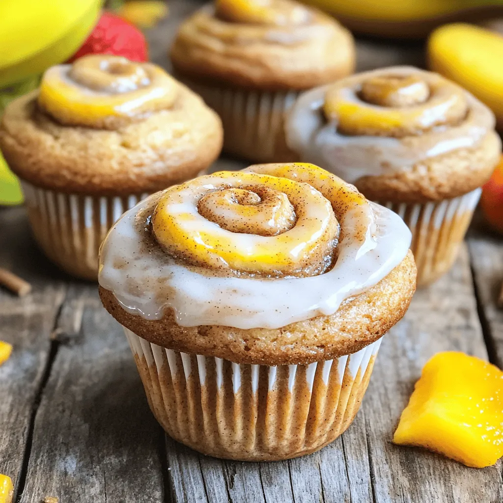 - Ripe bananas - Granulated sugar - Brown sugar - Butter - Eggs - All-purpose flour Bananas give our muffins moisture and sweetness. Choose ripe bananas; they should be brown and soft. The sugars add flavor and help the muffins rise. Butter keeps them rich and soft. Eggs bind everything together and add fluffiness. All-purpose flour brings structure. - Brown sugar - Ground cinnamon - Melted butter This filling creates a sweet and warm swirl. Brown sugar adds caramel notes, while cinnamon gives that classic spice flavor. Melted butter helps combine these ingredients smoothly. - Chopped walnuts - Glaze ingredients (powdered sugar and milk) Add walnuts for crunch and extra flavor. A simple glaze made from powdered sugar and milk makes your muffins shine. Drizzle it on top right before serving for a special touch. For the full recipe and more details, check out the [Full Recipe]. 1. Preheat your oven to 350°F (175°C). 2. Prepare a muffin tin by lining it with paper liners or greasing it with cooking spray. 3. In a large bowl, mash the ripe bananas. 4. Add granulated sugar, brown sugar, and melted butter to the bowl. 5. Mix until the mixture is smooth and well combined. 1. In another bowl, whisk together baking powder, baking soda, salt, and flour. 2. Gradually mix the dry ingredients with the wet banana mixture. 3. Stir gently until just combined. A few lumps are okay; do not overmix. 1. In a small bowl, mix brown sugar, ground cinnamon, and melted butter. 2. Fill each muffin cup halfway with banana batter. 3. Add a small dollop of cinnamon filling on top of the batter. 4. Use a toothpick to swirl the filling into the batter gently. 5. Top with the remaining banana batter until each cup is about three-quarters full. 6. Optionally, sprinkle chopped walnuts on top for added crunch. Follow these steps, and you will create delightful Banana Bread Cinnamon Roll Muffins! For the complete recipe, refer to the Full Recipe. To avoid overmixing, mix the batter until just combined. You want a few lumps; they are fine. Overmixing makes muffins dense and chewy. Gentle mixing keeps them light and fluffy. Ensuring even baking is key. Place your muffin tin in the center of the oven. This spot has the best heat flow. Rotate the tin halfway through baking for a uniform cook. Serve these muffins warm for the best taste. They shine when fresh from the oven. A drizzle of glaze adds a sweet touch. Make a simple glaze with powdered sugar and milk. You can also sprinkle extra cinnamon on top for flavor. Try serving them with fresh fruit. Berries or sliced bananas pair nicely. This adds color and taste to your plate. To store muffins for freshness, place them in an airtight container. They stay soft for up to three days at room temperature. You can also freeze muffins for long-term storage. Wrap each muffin in plastic wrap and place them in a freezer bag. They last up to three months in the freezer. When ready to eat, thaw them in the fridge overnight. You can warm them in the oven for a few minutes. Enjoy your Banana Bread Cinnamon Roll Muffins with a warm, fresh taste! {{image_2}} You can make these muffins even better. Try adding chocolate chips for a sweet twist. You can also mix in dried fruits like raisins or cranberries. They bring a nice chewiness. If you like nuts, add different types. Walnuts work well, but pecans or almonds are great too. Each nut adds its unique flavor and crunch. If you need gluten-free muffins, swap the all-purpose flour. Use a gluten-free blend. Many of these blends work well in recipes like this one. For a vegan option, replace eggs with flax eggs. Mix one tablespoon of flaxseed meal with three tablespoons of water. Let it sit for a few minutes to thicken. Also, use plant-based butter instead of regular butter. These changes keep the muffins tasty and fluffy. You can change the flavors based on the season. In fall, add spices like nutmeg or pumpkin spice. These spices give warmth and coziness. For the holidays, think about mixing in cranberries or orange zest. They add a festive touch and brighten the flavor. You can enjoy a new twist on your Banana Bread Cinnamon Roll Muffins every time! For the full recipe, check out the other sections of this article. Each muffin has about 180 calories. This recipe gives you some key nutrients. Each muffin contains around 2 grams of fiber, 3 grams of protein, and 10 grams of sugars. This means you get a nice balance of energy and taste. This recipe is lighter than many traditional banana bread recipes. It uses less sugar and butter. You can also swap in whole wheat flour for a healthier twist. You can use unsweetened applesauce instead of butter to cut fat while keeping flavor. I suggest one muffin per person as a serving size. If you want smaller muffins, fill the cups less. You can also make larger muffins by filling the cups more. Adjust baking times accordingly—smaller muffins bake faster, while larger ones need more time. How to tell when muffins are done? You can check if muffins are done by inserting a toothpick into the center. If it comes out clean, they're ready. The tops should be golden brown and spring back when lightly touched. Can I use frozen bananas? Yes, frozen bananas work well for this recipe. Just thaw them first and drain excess moisture. They add great flavor and sweetness to the muffins. What can I use instead of eggs? You can use unsweetened applesauce or mashed banana as an egg substitute. Use about 1/4 cup for each egg. This keeps the muffins moist and adds flavor. Is there a substitute for all-purpose flour? Yes, you can use whole wheat flour or gluten-free flour blends. Just keep in mind that the texture may change slightly. Adjust liquid as needed for the best results. How long do the muffins last? These muffins stay fresh for about three days at room temperature. You can store them in an airtight container to keep them moist. Best ways to reheat muffins for optimal texture? To reheat, place muffins in a microwave for about 10-15 seconds. You can also warm them in an oven at 350°F (175°C) for a few minutes. This keeps them soft and delicious. You now know how to make delicious banana muffins with a cinnamon swirl. We covered the main ingredients, the step-by-step process, tips for baking, and fun variations. Remember to adjust for dietary needs or add flavors you love. These muffins not only taste great but also provide key nutrients. Enjoy baking and sharing your creation. Your kitchen will smell amazing and the results will impress everyone. Happy baking!