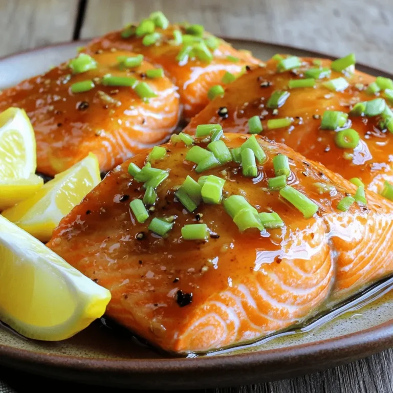 - 4 salmon fillets (about 6 oz each) - 1/4 cup pure maple syrup - 2 tablespoons soy sauce (or tamari for gluten-free) - 1 tablespoon Dijon mustard - 1 clove garlic, minced - 1/2 teaspoon ground ginger - Salt and pepper to taste - 1 tablespoon olive oil - 2 green onions, chopped - Lemon wedges for serving The beauty of this maple glazed salmon recipe lies in its simplicity. Each ingredient plays a key role. The salmon fillets are fresh and rich in flavor. Pure maple syrup brings sweetness. Soy sauce adds a savory touch. Dijon mustard gives a hint of spice. Garlic and ginger enhance the glaze with depth. When you gather your ingredients, make sure to use fresh salmon. It makes a big difference! For the maple syrup, opt for pure. Avoid the imitation stuff; it won't give you the same rich flavor. This recipe is not just quick; it is packed with nutrients too. Salmon is high in omega-3 fatty acids, which are great for your heart. Plus, the glaze is simple, yet it delivers that wow factor. You can find the full recipe [here](#). Enjoy cooking this delicious and wholesome dish! First, gather your ingredients. In a bowl, whisk together the following: - 1/4 cup pure maple syrup - 2 tablespoons soy sauce - 1 tablespoon Dijon mustard - 1 clove garlic, minced - 1/2 teaspoon ground ginger Mix until they blend well. This glaze adds sweet and savory flavors to our salmon. Next, preheat your grill or oven to 400°F (200°C). If you use the oven, line a baking sheet with parchment paper. This helps with cleanup later. Pat the salmon fillets dry using a paper towel. Now, season both sides with salt and pepper. This simple step enhances the natural taste of the fish. Heat a large skillet on medium-high. Add 1 tablespoon of olive oil. Once the oil is hot, place the salmon fillets skin-side down. Cook for 3-4 minutes. You want the skin to turn crispy. Carefully flip the salmon fillets. Pour the maple glaze over the top. If you grill, cover it to prevent burning the glaze. For baking, place the salmon in your preheated oven. Bake for 8-10 minutes. Check if the salmon flakes easily with a fork. If you like, brush more glaze on the salmon halfway through cooking. After that, let the salmon rest for a couple of minutes. Drizzle with any leftover glaze and garnish with chopped green onions. Serve with lemon wedges for an extra burst of flavor. For the complete process, check out the Full Recipe! To balance sweetness and saltiness in your glaze, use the right ratio of maple syrup and soy sauce. I find that a 1:2 ratio works well. This gives a rich flavor without being too sweet. For salmon fillets, cooking time depends on thickness. Cook thinner pieces for about 8 minutes and thicker ones for 10-12 minutes. Keeping salmon juicy can be tricky. Use a hot skillet for a crispy skin. This helps seal in moisture. You can also try cooking with the skin on. After cooking, let the salmon rest for about 5 minutes. This allows the juices to settle back in. Maple glazed salmon pairs well with many side dishes. Try serving it with steamed veggies or rice. Both options balance the rich flavor of the salmon. For a nice presentation, place the salmon on a bed of greens. Drizzle with extra glaze and sprinkle chopped green onions on top. Add lemon wedges on the side for an extra zing. {{image_2}} You can make maple glazed salmon exciting with new flavors. Try a sweet and spicy version. Just add chili flakes or a splash of sriracha to the glaze. This gives a great kick to the dish. If you love citrus, infuse the glaze with orange or lemon juice. This adds brightness and a fresh taste. You can cook maple glazed salmon in different ways. A slow cooker is an easy method. Just mix the glaze and pour it over the salmon. Cook on low for about two to three hours. For a quicker option, use an air fryer. Cook at 400°F for about 10-12 minutes. This method keeps the salmon moist and gives it a nice crisp. If you need gluten-free options, swap soy sauce for tamari. This keeps the same great flavor without gluten. For those who avoid dairy, this recipe is already dairy-free. You can enjoy it without any adjustments. Each variation keeps the dish tasty and satisfying. Check out the Full Recipe for more ideas! To store leftover maple glazed salmon, place it in an airtight container. Make sure it is cool before sealing. This keeps the salmon fresh and prevents odors. The salmon lasts for up to three days in the fridge. When reheating, use a microwave or oven. If using a microwave, cover it with a damp paper towel. This helps keep it moist. If using an oven, wrap it in foil and heat at 350°F (175°C) for about 10 minutes. This way, you keep the glaze’s taste. Yes, you can freeze maple glazed salmon. To do this, wrap each fillet tightly in plastic wrap. Then, place the wrapped salmon in a freezer bag. Squeeze out the air to prevent freezer burn. It’s best to use frozen salmon within three months for the best taste. When ready to eat, thaw it in the fridge overnight. Avoid thawing at room temperature, as this can spoil the fish. Cooked salmon lasts about three days in the fridge. If you freeze it, it can last up to six months. Always check for signs of spoilage. Look for a sour smell, slimy texture, or discoloration. If you see any of these signs, it’s best to throw it away. Keeping track of storage times ensures you enjoy your maple glazed salmon at its best! To enhance the flavors of maple glazed salmon, try adding herbs and spices. Lemon zest brightens the dish. Fresh herbs like dill or parsley add freshness. A sprinkle of smoked paprika gives a nice depth. You can also add a touch of red pepper flakes for heat. If you don’t have maple syrup, honey works well. Honey adds sweetness but has a different flavor. Agave syrup is another good substitute. It is less sweet than maple syrup, so you may need to adjust the amount. Yes, you can use frozen salmon. Just thaw it in the fridge overnight. If you cook it from frozen, add a few extra minutes to the cooking time. Make sure to check the internal temperature. It should reach 145°F for safe eating. Maple glazed salmon is quite healthy. Salmon is rich in omega-3 fatty acids, which are good for your heart. It also provides high-quality protein. Maple syrup has antioxidants that can support your immune system. Just be mindful of the amount of syrup you use. At 400°F, salmon fillets usually take about 12-15 minutes. Thicker cuts may need a bit longer. Always check for doneness by seeing if it flakes easily with a fork. This ensures it is cooked perfectly and remains moist. For the complete details, check the Full Recipe. Maple glazed salmon is a delicious and easy dish to enjoy. We covered tasty ingredients, step-by-step cooking, and helpful tips. You can adjust flavors, try new cooking methods, and learn how to store leftovers. Whether sweet, spicy, or citrusy, there's a version for everyone. Enjoy this dish with sides for a full meal. With the right care, your salmon will always be juicy and flavorful. Enjoy your cooking adventure, and impress family or friends with your new recipe!