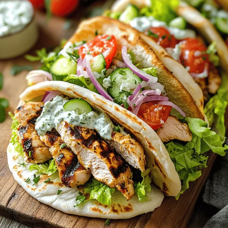 To make Greek Chicken Gyros, you need fresh and simple items. Here’s what to gather: - 1 lb boneless, skinless chicken thighs - 2 tablespoons olive oil - 2 tablespoons Greek yogurt - 2 cloves garlic, minced - 4 pita bread (whole wheat or white) The spices bring life to the chicken. You will need: - 2 teaspoons dried oregano - 1 teaspoon ground cumin - 1 teaspoon smoked paprika - Salt and pepper to taste These spices add warmth and depth. They make the chicken taste amazing. You can make your gyros even better with a few tasty toppings. Here are some ideas: - 1 cup shredded lettuce - 1 medium tomato, diced - 1 small red onion, thinly sliced - ½ cucumber, diced - ½ cup tzatziki sauce (store-bought or homemade) Feel free to mix and match toppings. They can add color and crunch to your gyros. For the full recipe, check out the details above. To start, I mix the marinade. In a large bowl, I combine olive oil, Greek yogurt, minced garlic, dried oregano, ground cumin, smoked paprika, salt, and pepper. This mixture adds great flavor. I add the chicken thighs to the bowl and coat them well. Cover the bowl and put it in the fridge. Let the chicken marinate for at least 1 hour. For best results, I recommend marinating overnight. Next, I heat the grill to medium-high. I take the chicken out of the marinade and throw away the extra marinade. I place the chicken on the grill. I grill it for about 6-7 minutes on each side. The chicken is ready when it reaches an internal temperature of 165°F (75°C). After grilling, I let the chicken rest for 5 minutes. This helps keep it juicy. Then, I slice it into thin strips. Now it's time to build the gyros! I warm the pita bread on the grill for about a minute on each side until it's slightly toasted. For each gyro, I lay down a few strips of grilled chicken in the center of the pita. Then, I add shredded lettuce, diced tomato, sliced red onion, diced cucumber, and a good amount of tzatziki sauce. Finally, I fold the pita over the filling. I can serve it wrapped or open-faced. For more details, check the Full Recipe. To make tzatziki sauce, start with Greek yogurt. Use full-fat yogurt for a rich taste. Grate fresh cucumber and squeeze out excess water. Mix the cucumber with yogurt, minced garlic, lemon juice, and salt. Add dill for extra flavor. For a twist, try mint instead of dill. Let the sauce chill for at least 30 minutes. This helps all the flavors blend well. Use boneless, skinless chicken thighs for the best results. They stay juicy and tender. Marinate the chicken for at least one hour, but overnight is best. This adds deep flavor. Preheat your grill to medium-high heat. This ensures a good sear and keeps the chicken moist. Grill each side for about 6-7 minutes. Always check that the chicken reaches 165°F (75°C) for safety. Serve your gyros on a wooden board for a rustic look. Lay out the warm pita and fill it with the grilled chicken and toppings. Add a generous dollop of tzatziki on top. For a pop of color, sprinkle fresh herbs like parsley or dill on the plate. Include extra tzatziki in a small bowl on the side. This makes it easy for guests to add more sauce if they like. {{image_2}} You can make a tasty vegetarian gyro using mushrooms or eggplant. These veggies soak up flavors well. Just slice them thick and marinate like chicken. Grill them until they get nice grill marks. You can also use chickpeas or falafel for a hearty option. They add protein and flavor. Serve with the same toppings for a fresh twist on gyros. Want to mix it up? Try adding feta cheese or olives for a salty kick. You can swap out the chicken for turkey or lamb if you prefer. For a spicy touch, add sliced jalapeños or hot sauce. You can even add roasted red peppers for sweetness. Get creative with your toppings to make each gyro unique and exciting. Tzatziki is key to a great gyro. The classic recipe uses yogurt, cucumber, garlic, and herbs. But you can play with it! Add dill or mint for a fresh taste. You can replace cucumber with grated zucchini for a twist. For a kick, mix in a bit of lemon juice or red wine vinegar. Each version can change the flavor profile of your gyro. Experiment to find your favorite! To keep your leftover gyros fresh, wrap them tightly in plastic wrap. You can also use an airtight container. Store them in the fridge. They will stay good for up to three days. If you have extra tzatziki sauce, store it in a separate container. This keeps the pita from getting soggy. You can freeze the chicken before cooking. Just marinate it and place it in a freezer bag. Squeeze out the air and seal it. The chicken can last up to three months in the freezer. For tzatziki, freeze it in ice cube trays. Once frozen, transfer the cubes to a freezer bag. It will keep for about two months. When you are ready to eat the leftovers, reheat the chicken in a skillet. Heat it on medium for about five minutes. This keeps it juicy. For the pita, warm it in a toaster or on a grill. Avoid microwaving it, as it can get chewy. If you froze tzatziki, let it thaw in the fridge overnight. Stir it well before serving. Enjoy your Greek Chicken Gyros with fresh flavors every time! For the full recipe, check out the [Full Recipe]. The best way to marinate chicken for gyros is to use a mix of flavors. I recommend using olive oil, Greek yogurt, garlic, and spices. Each ingredient adds depth and taste. The yogurt helps the chicken stay juicy. The oil adds richness. The spices bring that classic Greek taste. Marinate the chicken for at least one hour. If you have time, marinate overnight for better flavor. Yes, you can make Greek Chicken Gyros ahead of time. Marinate the chicken the night before. Cook the chicken, then let it cool. Slice it into strips and store it in the fridge. You can also prepare your toppings, like lettuce and tomatoes, in advance. When you're ready to eat, warm the pita and assemble your gyros quickly. Some popular sides to serve with gyros include: - Greek salad - Roasted potatoes - Rice pilaf - Grilled vegetables - Stuffed grape leaves These sides pair well and enhance the meal. Each adds flavors that complement the gyros. For a refreshing drink, try a glass of tzatziki or lemonade. Enjoy the balance of tastes! Greek chicken gyros are tasty and fun to make. This post shared key ingredients, simple steps, and helpful tips. You learned how to marinate and grill chicken perfectly. You also discovered fun variations and how to store leftovers well. Remember, the right spices and fresh toppings can elevate your gyros. Enjoy this dish with sides like salad or fries. Cooking should be enjoyable, and these gyros make it easy. Dive into your kitchen and start grilling!