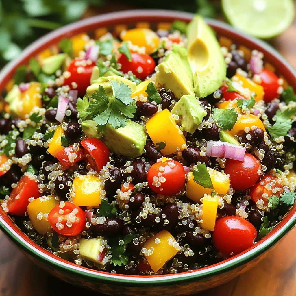 - 1 cup quinoa - 1 can (15 oz) black beans - Fresh vegetables: bell peppers, cherry tomatoes, avocado, red onion The main ingredients in this salad make it bright and tasty. Quinoa is full of protein and fiber. Black beans add heartiness and flavor. Fresh vegetables like bell peppers and cherry tomatoes bring color and crunch. Add creamy avocado for a smooth texture. Red onion gives a slight bite, balancing the flavors. - Lime juice - Olive oil - Cumin, salt, and pepper The dressing adds zing to the salad. Lime juice makes it fresh and tangy. Olive oil gives a rich mouthfeel. Cumin brings a warm, earthy taste. Salt and pepper enhance all the flavors. Mix these ingredients for a quick dressing that ties everything together. - Fresh cilantro - Lime wedges Garnishes make the salad look and taste better. Fresh cilantro adds a burst of flavor. Lime wedges let you add more tang if you want. These simple touches make your dish pop. You can even serve the salad in a colorful bowl for added appeal. For the full recipe, check the details above. Enjoy making this flavorful quinoa black bean salad! To start, you need to cook the quinoa. First, combine 1 cup of rinsed quinoa with 2 cups of vegetable broth or water in a medium saucepan. Bring the mixture to a boil over high heat. Once it boils, reduce the heat to low and cover the pot. Let it simmer for about 15 minutes. The quinoa is ready when it’s fluffy and all the liquid is absorbed. After cooking, let the quinoa cool for about 10 minutes. This step is crucial. It helps prevent wilting of the fresh ingredients. In a large mixing bowl, combine the cooled quinoa with the main ingredients. You’ll need 1 can of drained black beans, diced red and yellow bell peppers, halved cherry tomatoes, diced avocado, finely chopped red onion, and chopped cilantro. Mix them well to ensure even distribution of colors and flavors. Now, let’s make the dressing. In a small bowl, whisk together the juice of 2 limes, 3 tablespoons of olive oil, 1 teaspoon of cumin, and a pinch of salt and pepper. This dressing adds zest to your salad. Pour it over the salad and toss gently. Make sure everything is coated well. Let the salad sit for at least 10 minutes before serving. This allows the flavors to blend beautifully together. For the full recipe, refer to the earlier section. To make great quinoa, you need to rinse it first. Rinsing helps remove any bitterness. Just place the quinoa in a fine mesh strainer and wash it under cold water for a minute. After rinsing, let the quinoa sit in the saucepan with broth or water. This helps it become fluffy as it cooks. Adjust the lime juice for a zesty kick. If you like it tangier, add more lime juice. Taste as you go. You can also add extra herbs like parsley or mint for a fresh taste. These herbs add color and enhance the flavor of your salad. Serve your salad in colorful bowls or individual cups. This makes it more fun to eat. Garnish with extra cilantro or lime wedges on top. This adds a nice touch and makes the dish look even better. For the full recipe, check out the details above. {{image_2}} You can change the black beans for chickpeas or kidney beans. Chickpeas add a nutty taste, while kidney beans give a sweet flavor. These swaps can make your salad unique. You can also switch the vegetables. Use seasonal veggies like zucchini or corn. This keeps your salad fresh and exciting. To make this salad vegan, ensure all ingredients are plant-based. Use vegetable broth and fresh veggies. This way, everyone can enjoy it. If you need a gluten-free option, rest easy. Quinoa is naturally gluten-free. Just check your dressing for hidden gluten. Want more flavor? Try adding corn or diced jalapeños. Corn adds sweetness, while jalapeños bring heat. You can also enhance the salad with feta cheese. It adds a creamy texture that balances the crunch of the veggies. These add-ins make the salad more fun to eat. For the full recipe, check out the details above. To keep your quinoa black bean salad fresh, store it in an airtight container in the fridge. This method helps maintain its flavor and crunch. The salad stays good for about three to five days. Check for any changes in smell or texture before eating. Can you freeze quinoa black bean salad? Yes, you can! To freeze it, place the salad in a freezer-safe container. Make sure to leave some space at the top, as it may expand. When you want to eat it, thaw it in the fridge overnight. For best results, reheat gently on the stove or in the microwave. Add a splash of lime juice to refresh the taste. After storing, the salad may lose some flavor. To bring it back, squeeze fresh lime juice over it. You can also add a bit of olive oil or fresh herbs. Serve it cold or at room temperature. For a fun touch, try serving it in colorful bowls or with extra lime wedges on the side. Enjoy your meal! To make quinoa black bean salad healthier, you can follow a few simple tips: - Use less olive oil. Try 1 to 2 tablespoons instead of 3. - Add more veggies. Include spinach, kale, or zucchini for extra nutrients. - Swap avocado for a lighter option like diced cucumber. - Use lime juice as a dressing base instead of oil. This cuts calories and adds flavor. - Replace black beans with lentils for more protein and fiber. These small changes can help you enjoy a tasty and healthy dish. Yes, you can prepare this salad in advance! Here’s how: - Cook the quinoa and let it cool before mixing with other ingredients. - Store the salad in an airtight container in the fridge. It stays fresh for 3 to 5 days. - Keep the dressing separate until serving. This helps the salad stay crisp. - If you want to prepare it a day ahead, mix everything but the avocado. Add it just before serving to keep it fresh. This makes meal prep easy and keeps your salad tasty. You can try many fun variations with this salad: - Swap black beans for chickpeas or kidney beans for new flavors. - Add corn for a sweet crunch or diced jalapeños for heat. - Try different veggies like cucumber, radishes, or carrots based on your taste. - For a creamy texture, sprinkle in some feta cheese or goat cheese. - Add nuts or seeds for extra crunch and healthy fats. These ideas can help you create a unique salad every time. Yes, this salad is both vegan and gluten-free! Here’s why: - Quinoa and black beans are plant-based, making them vegan-friendly. - All vegetables used are naturally gluten-free. - The dressing, made from lime juice and olive oil, is also free from gluten and animal products. This salad works great for many diets and is a healthy choice for everyone. This blog post showed you how to make a quinoa black bean salad with fresh veggies and a zesty dressing. You learned about the key ingredients and how to prepare them step by step. I shared tips for perfecting your salad and ways to customize it to match your taste. Remember, this salad is not only tasty but also healthy and easy to store. Enjoy creating and sharing this vibrant dish with family and friends!