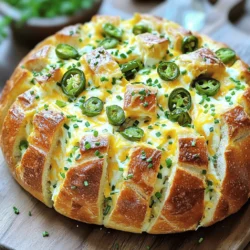 To make this tasty dish, you need some key ingredients. Here’s what you will need: - 1 large round loaf of bread (sourdough or artisan bread) - 1 cup cream cheese, softened - 1 cup shredded cheddar cheese - 1/2 cup shredded mozzarella cheese - 1/4 cup pickled jalapeños, chopped - 2 tablespoons fresh chives, chopped - 2 tablespoons garlic butter (melted) - 1 teaspoon onion powder - 1 teaspoon smoked paprika - Salt and pepper to taste These ingredients create a creamy, cheesy filling that makes each pull apart piece a delight. You can add more flavors to your pull apart bread. Here are some optional ingredients: - Cooked bacon, chopped, for a smoky taste - Fresh herbs like parsley or cilantro for extra freshness - Different cheeses such as pepper jack or gouda for varied flavors - Diced tomatoes for a juicy bite Feel free to mix and match these options to make the recipe your own. Choosing the right bread is key to a great pull apart bread. Here are some tips: - Look for a large round loaf that is fresh. Sourdough or artisan bread works best. - Check the crust; it should be firm but not too hard. This helps hold the filling. - Make sure the inside is soft enough to pull apart easily. This ensures each piece is tender. Finding the right loaf makes your Cheesy Jalapeño Popper Pull Apart Bread even more enjoyable. For the full recipe, check the instructions above. To start, gather your ingredients for the filling. In a bowl, mix the cream cheese, cheddar cheese, and mozzarella cheese. Add the chopped jalapeños, fresh chives, garlic butter, onion powder, smoked paprika, salt, and pepper. Stir until everything is well mixed. This creamy mixture will be the heart of your Cheesy Jalapeño Popper Pull Apart Bread. Next, let's focus on slicing the bread. Use a serrated bread knife for this task. Slice the loaf in a grid pattern. Make cuts about 1 inch apart, but be careful not to cut all the way through the bottom. This keeps the loaf intact and helps hold the filling. After slicing, gently pull apart the cuts to create space for the cheesy mixture. Now it's time to bake your masterpiece. Preheat your oven to 350°F (175°C). Fill each cut in the bread with your cheese mixture. Wrap the loaf in aluminum foil and place it on a baking sheet. Bake for 15 minutes. Then, remove the foil and bake for another 10 to 15 minutes. You want the cheese to be bubbly and golden brown. Once done, let it cool for a few minutes. This allows the cheese to settle. For the full recipe, check out the complete guide. To get that perfect cheese melt, use a mix of cheeses. I love combining cheddar and mozzarella. Cheddar gives a strong flavor, while mozzarella melts beautifully. Make sure the cream cheese is soft. This helps the cheese blend well with the other ingredients. You can microwave it for a few seconds if needed. Keep an eye on your bread while it bakes. Start checking around the 20-minute mark. You want the cheese to be bubbly and golden. If the top gets too dark, cover it with foil. This will help prevent burning. If the cheese is not bubbling after 30 minutes, it may need more time. Serve your pull apart bread warm. It pairs well with salsa or guacamole. A side of ranch dressing can add a cool touch. For a fun twist, offer a selection of dipping sauces. You can also add fresh veggies, like carrot sticks or bell pepper slices, for a crunchy contrast. For the full recipe, check the main section. Enjoy your cheesy jalapeño popper pull apart bread! {{image_2}} You can mix and match cheeses for fun flavors. Try pepper jack for heat. Gouda gives a smoky touch. Fontina melts beautifully and adds creaminess. Each cheese brings its own vibe. Want to add protein? Cooked bacon adds a crispy bite. Chop it finely and mix it in. Shredded chicken makes the bread heartier. Both options pair well with the cheese. You can make this dish vegan and gluten-free! Use a gluten-free bread loaf. Swap cream cheese for cashew cheese or tofu. Nutritional yeast adds a cheesy flavor. Vegan cheese melts nicely too. Enjoy your tasty twist! Check out the [Full Recipe] for all the details and make it your own! To keep leftover pull apart bread fresh, wrap it well. Use plastic wrap or aluminum foil. Store it at room temperature for up to two days. If you want it to last longer, place it in the fridge. This will keep it good for about a week. Just remember, the bread may dry out a bit in the fridge. Reheating is easy and quick. Preheat your oven to 350°F (175°C). Wrap the bread in foil to keep it moist. Bake it for about 10-15 minutes. If you want a crispy top, unwrap it for the last few minutes. You can also use a microwave, but it may not be as tasty. Heat it for 30 seconds to a minute. Check to see if it’s warm enough. Freezing is a great way to save your pull apart bread. Wrap it tightly in plastic wrap first. Then, place it in a freezer bag. This will keep it fresh for up to three months. When you're ready to eat it, thaw it in the fridge overnight. Reheat it in the oven as mentioned above. Enjoying this tasty treat again will be easy! For the full recipe, check out the details provided earlier. Yes, you can make this bread ahead of time. Prepare the filling and slice the bread the night before. Store the bread in the fridge, wrapped in foil. When ready to bake, take it out and let it sit at room temperature for about 30 minutes. This helps the cheese melt better. Then, bake it as directed in the Full Recipe. Enjoy warm, gooey goodness anytime! This pull apart bread pairs well with many dishes. You can serve it with: - A fresh salad - Spicy salsa - Guacamole - Creamy ranch dip - Grilled meats These options enhance the meal and add variety. The bread itself is a fun appetizer or a side for a main dish. To adjust the spice, you have a few easy options. If you want less heat, use fewer jalapeños or substitute them with sweet peppers. For a spicier kick, add more chopped jalapeños or include some cayenne pepper in the cheese mix. You can also try adding hot sauce to the filling. This way, you can make the bread suit your taste perfectly! You learned how to make Cheesy Jalapeño Popper Pull Apart Bread. We covered the key ingredients and shared tips on bread selection. I explained step-by-step preparation, and baking techniques for the best result. You explored fun variations to suit your taste and learned how to store leftovers. In the end, this dish is easy to customize and share. It’s sure to impress friends and family at your next gathering. Enjoy your delicious creation!