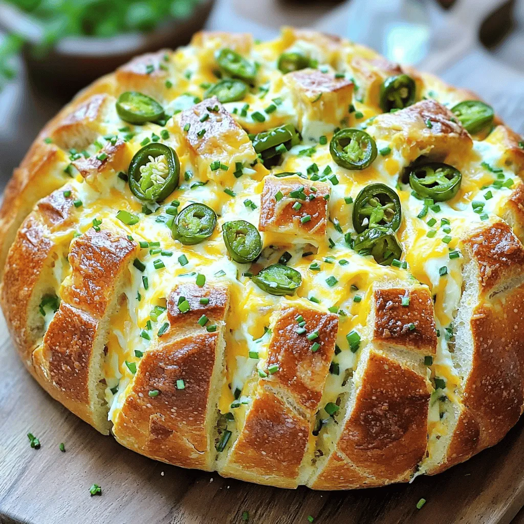 To make this tasty dish, you need some key ingredients. Here’s what you will need: - 1 large round loaf of bread (sourdough or artisan bread) - 1 cup cream cheese, softened - 1 cup shredded cheddar cheese - 1/2 cup shredded mozzarella cheese - 1/4 cup pickled jalapeños, chopped - 2 tablespoons fresh chives, chopped - 2 tablespoons garlic butter (melted) - 1 teaspoon onion powder - 1 teaspoon smoked paprika - Salt and pepper to taste These ingredients create a creamy, cheesy filling that makes each pull apart piece a delight. You can add more flavors to your pull apart bread. Here are some optional ingredients: - Cooked bacon, chopped, for a smoky taste - Fresh herbs like parsley or cilantro for extra freshness - Different cheeses such as pepper jack or gouda for varied flavors - Diced tomatoes for a juicy bite Feel free to mix and match these options to make the recipe your own. Choosing the right bread is key to a great pull apart bread. Here are some tips: - Look for a large round loaf that is fresh. Sourdough or artisan bread works best. - Check the crust; it should be firm but not too hard. This helps hold the filling. - Make sure the inside is soft enough to pull apart easily. This ensures each piece is tender. Finding the right loaf makes your Cheesy Jalapeño Popper Pull Apart Bread even more enjoyable. For the full recipe, check the instructions above. To start, gather your ingredients for the filling. In a bowl, mix the cream cheese, cheddar cheese, and mozzarella cheese. Add the chopped jalapeños, fresh chives, garlic butter, onion powder, smoked paprika, salt, and pepper. Stir until everything is well mixed. This creamy mixture will be the heart of your Cheesy Jalapeño Popper Pull Apart Bread. Next, let's focus on slicing the bread. Use a serrated bread knife for this task. Slice the loaf in a grid pattern. Make cuts about 1 inch apart, but be careful not to cut all the way through the bottom. This keeps the loaf intact and helps hold the filling. After slicing, gently pull apart the cuts to create space for the cheesy mixture. Now it's time to bake your masterpiece. Preheat your oven to 350°F (175°C). Fill each cut in the bread with your cheese mixture. Wrap the loaf in aluminum foil and place it on a baking sheet. Bake for 15 minutes. Then, remove the foil and bake for another 10 to 15 minutes. You want the cheese to be bubbly and golden brown. Once done, let it cool for a few minutes. This allows the cheese to settle. For the full recipe, check out the complete guide. To get that perfect cheese melt, use a mix of cheeses. I love combining cheddar and mozzarella. Cheddar gives a strong flavor, while mozzarella melts beautifully. Make sure the cream cheese is soft. This helps the cheese blend well with the other ingredients. You can microwave it for a few seconds if needed. Keep an eye on your bread while it bakes. Start checking around the 20-minute mark. You want the cheese to be bubbly and golden. If the top gets too dark, cover it with foil. This will help prevent burning. If the cheese is not bubbling after 30 minutes, it may need more time. Serve your pull apart bread warm. It pairs well with salsa or guacamole. A side of ranch dressing can add a cool touch. For a fun twist, offer a selection of dipping sauces. You can also add fresh veggies, like carrot sticks or bell pepper slices, for a crunchy contrast. For the full recipe, check the main section. Enjoy your cheesy jalapeño popper pull apart bread! {{image_2}} You can mix and match cheeses for fun flavors. Try pepper jack for heat. Gouda gives a smoky touch. Fontina melts beautifully and adds creaminess. Each cheese brings its own vibe. Want to add protein? Cooked bacon adds a crispy bite. Chop it finely and mix it in. Shredded chicken makes the bread heartier. Both options pair well with the cheese. You can make this dish vegan and gluten-free! Use a gluten-free bread loaf. Swap cream cheese for cashew cheese or tofu. Nutritional yeast adds a cheesy flavor. Vegan cheese melts nicely too. Enjoy your tasty twist! Check out the [Full Recipe] for all the details and make it your own! To keep leftover pull apart bread fresh, wrap it well. Use plastic wrap or aluminum foil. Store it at room temperature for up to two days. If you want it to last longer, place it in the fridge. This will keep it good for about a week. Just remember, the bread may dry out a bit in the fridge. Reheating is easy and quick. Preheat your oven to 350°F (175°C). Wrap the bread in foil to keep it moist. Bake it for about 10-15 minutes. If you want a crispy top, unwrap it for the last few minutes. You can also use a microwave, but it may not be as tasty. Heat it for 30 seconds to a minute. Check to see if it’s warm enough. Freezing is a great way to save your pull apart bread. Wrap it tightly in plastic wrap first. Then, place it in a freezer bag. This will keep it fresh for up to three months. When you're ready to eat it, thaw it in the fridge overnight. Reheat it in the oven as mentioned above. Enjoying this tasty treat again will be easy! For the full recipe, check out the details provided earlier. Yes, you can make this bread ahead of time. Prepare the filling and slice the bread the night before. Store the bread in the fridge, wrapped in foil. When ready to bake, take it out and let it sit at room temperature for about 30 minutes. This helps the cheese melt better. Then, bake it as directed in the Full Recipe. Enjoy warm, gooey goodness anytime! This pull apart bread pairs well with many dishes. You can serve it with: - A fresh salad - Spicy salsa - Guacamole - Creamy ranch dip - Grilled meats These options enhance the meal and add variety. The bread itself is a fun appetizer or a side for a main dish. To adjust the spice, you have a few easy options. If you want less heat, use fewer jalapeños or substitute them with sweet peppers. For a spicier kick, add more chopped jalapeños or include some cayenne pepper in the cheese mix. You can also try adding hot sauce to the filling. This way, you can make the bread suit your taste perfectly! You learned how to make Cheesy Jalapeño Popper Pull Apart Bread. We covered the key ingredients and shared tips on bread selection. I explained step-by-step preparation, and baking techniques for the best result. You explored fun variations to suit your taste and learned how to store leftovers. In the end, this dish is easy to customize and share. It’s sure to impress friends and family at your next gathering. Enjoy your delicious creation!