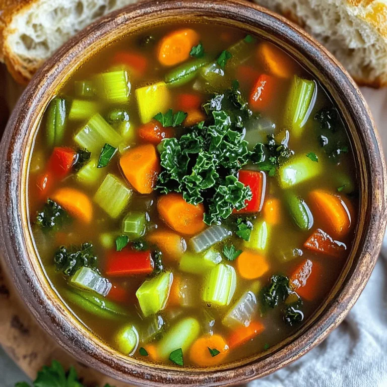 To make the Best Ever Vegetable Soup, you need these fresh and tasty ingredients: - 2 tablespoons olive oil - 1 onion, diced - 3 cloves garlic, minced - 2 carrots, diced - 2 celery stalks, diced - 1 red bell pepper, chopped - 1 zucchini, diced - 1 cup green beans, chopped - 2 cups kale, chopped - 1 can (15 oz) diced tomatoes - 6 cups vegetable broth - 1 teaspoon dried thyme - 1 teaspoon dried basil - Salt and pepper to taste - 1 tablespoon lemon juice - Fresh parsley for garnish Using fresh ingredients gives your soup a bright flavor. Fresh veggies hold more nutrients and taste better. You can find crisp carrots or vibrant green beans at your local market. However, frozen veggies work too! They are picked at peak ripeness and can save you time. Just thaw them before adding to the pot. Both options can make a delicious soup. Spices and herbs make your soup sing with flavor. I love using dried thyme and basil in this recipe. They add warmth and depth. You can also try adding a bay leaf while cooking for extra flavor. For a kick, red pepper flakes can bring some heat. Experiment with herbs like dill or rosemary if you want a twist. Always taste as you go to find your perfect balance. First, gather all your ingredients. This helps you stay organized. Wash and peel your veggies. Chop the onion, garlic, carrots, and celery. Dice the red bell pepper and zucchini. Cut the green beans into small pieces. Finally, chop the kale into bite-sized bits. Having all your vegetables prepared makes cooking much easier. You will save time and avoid stress while cooking. Plus, it makes your kitchen look neat and tidy. Now, let’s get cooking! Heat 2 tablespoons of olive oil in a large pot over medium heat. Add the diced onion first and sauté it for about 3-4 minutes. You want it to become soft and clear. Next, stir in the minced garlic, diced carrots, and celery. Cook these for another 5 minutes. Stir often to keep them from sticking. Then, add the red bell pepper, zucchini, and green beans. Cook for 5 more minutes. This allows the vegetables to soften and blend their flavors together. After that, pour in 1 can of diced tomatoes and 6 cups of vegetable broth. Stir in 1 teaspoon of dried thyme, 1 teaspoon of dried basil, salt, and pepper. Bring the mixture to a boil. Once it boils, lower the heat to a simmer. Add the chopped kale and cover the pot. Let it cook for 15-20 minutes. This lets all the flavors meld together and makes the veggies tender. When the soup is ready, stir in 1 tablespoon of lemon juice. This adds a fresh and bright flavor. Taste the soup, and adjust the seasoning if needed. Ladle the soup into bowls and garnish with fresh parsley. This makes it look colorful and inviting. Serve with some crusty whole-grain bread on the side for a complete meal. For the full recipe, check out the Best Ever Vegetable Soup 🥦🥕. Enjoy your hearty and delicious soup! To make your soup burst with flavor, try these tips. Start with fresh herbs like thyme and basil. They add depth and aroma. Use quality vegetable broth for a rich base. A splash of lemon juice at the end brightens the taste. You can also add a dash of hot sauce for some heat. If you want more umami, stir in a spoonful of miso paste. Many people make simple mistakes when making vegetable soup. One common error is overcooking the vegetables. This can make them mushy and bland. Aim to keep some crunch. Another mistake is skimping on seasoning. Always taste your soup and adjust salt and pepper as needed. Lastly, don’t forget to add acid, like lemon juice. This lifts the flavors and adds brightness. Busy days call for quick cooking! To save time, chop your veggies ahead. Store them in the fridge for easy access. You can also use a food processor for fast chopping. If you want a quick meal, use frozen vegetables. They are just as nutritious and cook fast. Lastly, make a big batch and freeze leftovers. This gives you soup on hand for future meals. For the full recipe, check the Best Ever Vegetable Soup. {{image_2}} You can boost your soup with protein. Consider adding canned beans. Chickpeas or kidney beans work great. You can also use lentils. They add texture and keep the soup hearty. If you like meat, diced chicken or turkey adds flavor. Just cook it before adding to the soup. Tofu is another good choice for a meat-free option. It soaks up the soup’s flavors well. Feel free to change the veggies. You can use what you have in your fridge. Sweet potatoes or butternut squash bring a sweet taste. Peas or corn add a fun pop of color. Try adding spinach or Swiss chard for extra greens. You can also mix in some mushrooms for an earthy flavor. The key is to keep the balance of colors and textures. You can choose between a creamy or brothy soup. For a creamy soup, blend part of the soup. This makes it thick and smooth. You can also add coconut milk or cream for richness. If you prefer a brothy soup, keep it simple. Just let the vegetables shine with the broth. Both styles are delicious and warming. You can find your favorite by trying both methods. To keep your soup fresh, let it cool first. Then, pour it into airtight containers. Make sure to leave some space at the top. This helps the soup expand when frozen. Label your containers with the date. Store them in the fridge for up to five days. If you want to enjoy the soup longer, freezing is a great option. Freezing vegetable soup is easy. Use freezer-safe containers or bags. I like to divide the soup into single servings. This makes it simple to grab just what you need. When freezing, remove as much air as possible. This helps prevent freezer burn. Your soup can last up to three months in the freezer. When you’re ready to eat it, just thaw it overnight in the fridge. To reheat, you can use the stove or microwave. If using the stove, pour the soup into a pot. Heat it on low, stirring often. This prevents it from burning. If you use a microwave, heat in short bursts. Stir every minute to ensure even heating. You can add a splash of broth or water if it seems too thick. Enjoy your warm, hearty soup! For the complete recipe, check out the Full Recipe link. Yes, you can easily make this soup vegan. The recipe already uses vegetable broth, which is plant-based. Just ensure you skip any animal-based ingredients. You can also use vegetable oil instead of olive oil if you prefer. Vegetable soup lasts about 3 to 5 days in the fridge. Store it in an airtight container to keep it fresh. Always check for signs of spoilage before eating. Absolutely! Feel free to swap out vegetables as you like. Use what you have on hand or what is in season. This soup is very flexible and can adapt to your taste. Serve the soup hot in bowls. A sprinkle of fresh parsley adds color and flavor. Pair it with crusty whole-grain bread for a hearty meal. You can also drizzle some olive oil on top for extra richness. For the full recipe, check out the complete details above. In this post, we explored the best vegetable soup. We covered ingredients, cooking steps, and tips. Use fresh or frozen veggies for great taste. Add herbs and spices to boost flavor. Remember to avoid common mistakes to make it perfect. You can also customize it with different proteins and vegetables. Proper storage will keep your soup fresh longer. Following these steps yields a warm, tasty dish. Enjoy your cooking and make this soup your own!