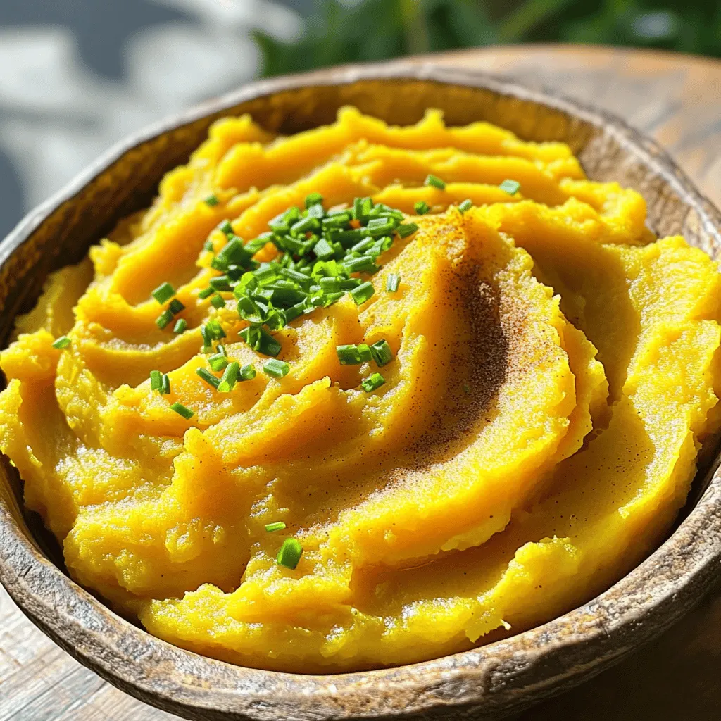 - Sweet potatoes and their role in texture Sweet potatoes are the star of this dish. They bring a creamy texture and natural sweetness. Their vibrant orange color makes the mash look appealing too. When you cook them, they become soft and easy to mash. This is key for that smooth, velvety finish you want. - Dairy and dairy-free options (coconut milk, butter) You can use dairy or dairy-free products. I love adding coconut milk for extra creaminess and a hint of flavor. It makes the dish feel special. You can also use butter for rich taste, or a vegan spread for a lighter touch. Both options work well in this recipe. - Sweeteners and spices for flavor enhancement Sweeteners like maple syrup add a nice touch. They balance the flavors perfectly. Cinnamon and nutmeg bring warmth and depth. These spices make your creamy mashed sweet potatoes truly stand out. Don’t forget to use salt and pepper! They enhance all the sweet flavors. For the full recipe, check the details above. To make creamy mashed sweet potatoes, you can boil or steam them. I prefer boiling because it cooks them faster. To start, peel and cube your sweet potatoes into even pieces. Aim for about 1-inch cubes. This size cooks evenly. Cook the sweet potatoes in salted water. Bring the water to a boil over medium-high heat. Once boiling, reduce the heat to medium. Let them simmer for about 15 to 20 minutes. You want them fork-tender. To test, poke a piece with a fork. If it slides off easily, it’s ready. After cooking, drain the sweet potatoes. Return them to the pot over low heat. This helps any extra moisture evaporate. Now, it’s time to mash! You can use a potato masher or an immersion blender. I like the immersion blender for a super smooth texture. Add coconut milk for creaminess. If it feels too thick, pour in a little more coconut milk. Keep mashing until it’s smooth and fluffy. Season your mashed sweet potatoes with salt and pepper. Start with a small amount and taste as you go. If you want it sweeter, add maple syrup. This adds a nice flavor boost. For a beautiful finish, top your dish with chopped fresh chives. This adds color and a nice bite. Serve your creamy mashed sweet potatoes warm. You can find the full recipe so you can make it yourself! 1. Overcooking sweet potatoes: If you boil them too long, they can become mushy. Aim for fork-tender potatoes in about 15-20 minutes. 2. Not adjusting seasoning adequately: Always taste as you go. Sweet potatoes can need more salt or sweetener. 3. Using too much liquid: Start with the right amount of coconut milk. You can always add more if needed. - Experimenting with different spices: Try nutmeg or ginger to give your sweet potatoes a unique twist. A pinch can make a big difference. - Adding cream cheese or sour cream: These add extra creaminess and depth to your dish. Just mix in a couple of tablespoons. - Using roasted sweet potatoes: Roasting brings out their natural sweetness and gives a richer flavor. Simply roast them at 400°F until tender. - Pairing with main dishes: Creamy mashed sweet potatoes go well with meats like turkey or chicken. They balance savory flavors nicely. - Ideas for holiday meals or special occasions: Serve them at Thanksgiving or family gatherings. They are a crowd-pleaser and add color to your table. - Creative ways to use as leftovers: Use them in a breakfast hash or blend into soup for a creamy base. Don’t let them go to waste! For the full recipe, check out the details above. {{image_2}} To make creamy mashed sweet potatoes vegan, swap dairy for plant-based options. Use unsweetened coconut milk instead of regular milk. Choose vegan butter or olive oil for rich flavor. Check labels on all products to ensure they are gluten-free. Sweet potatoes are naturally gluten-free, so you’re off to a great start! You can add many flavors to creamy mashed sweet potatoes. For a savory twist, mix in minced garlic or fresh herbs like rosemary or thyme. If you want a sweet version, try adding vanilla extract or a hint of orange zest. For an international flair, sprinkle in spices like cumin or curry powder. These options can transform your dish into something new and exciting! Boost the nutrition of your mashed sweet potatoes with toppings. Add seeds like pumpkin or sunflower for crunch. Chopped nuts also bring texture and healthy fats. To cut calories, use less butter or coconut milk and adjust with vegetable broth. Sweet potatoes are packed with vitamins A and C, fiber, and antioxidants. They not only taste great but also support your health! To store your creamy mashed sweet potatoes, first let them cool. Place them in an airtight container. Make sure to seal it well. Store in the fridge for up to three days. This keeps them fresh and tasty. If you want the best quality, eat them sooner. You have two great ways to reheat your mashed sweet potatoes: the microwave or the stovetop. For the microwave, put them in a bowl. Heat for one minute, then stir. Keep heating in short bursts until warm. For the stovetop, use a non-stick pan. Stir gently over low heat. Add a splash of coconut milk to keep them creamy. This helps maintain the smooth texture. You can freeze creamy mashed sweet potatoes for later use. First, let them cool completely. Then, put them in a freezer-safe container. Leave some space at the top for expansion. They freeze well for up to three months. To thaw, move them to the fridge overnight. When ready to eat, reheat using the stovetop method for best results. Add a bit of coconut milk if needed to bring back the creaminess. To enhance the flavor, try adding more spices. You can mix in garlic powder or even a pinch of cayenne for heat. Fresh herbs like thyme or rosemary add a lovely aroma. You can also switch out the maple syrup for honey or brown sugar. A squeeze of lemon juice brightens the taste too. If you want a richer flavor, consider adding cream cheese or sour cream. This gives your mash a nice, creamy texture and a tangy kick. Don’t forget to taste as you go! Adjust the seasoning with salt and pepper to suit your taste. Yes, you can use other potatoes, but they will change the taste and texture. Regular white potatoes make a fluffy mash, while red potatoes stay a bit chunky. Yukon gold potatoes are a great choice too, as they have a buttery flavor. However, sweet potatoes bring a natural sweetness and creaminess that others can't match. If you mix sweet potatoes with another type, you can balance flavors. Just remember to adjust cooking times, as different potatoes may cook at different rates. You can tell when sweet potatoes are cooked by checking if they are fork-tender. Simply poke them with a fork or knife. If it slides in easily, they are done. This usually takes about 15-20 minutes of boiling. Keep an eye on them; overcooking can lead to a watery mash. If you see them start to break apart while boiling, it’s time to drain them. Yes, this recipe is gluten-free! All the ingredients used, like sweet potatoes, coconut milk, and butter, are safe for a gluten-free diet. Just double-check any additional seasonings or toppings you plan to use. Stick to gluten-free options like fresh herbs or gluten-free broth if needed. You can enjoy creamy mashed sweet potatoes without worry! For the full recipe, check out the [Full Recipe]. Creamy mashed sweet potatoes are versatile and delicious. We covered key ingredients like sweet potatoes and cooking methods. I shared the best mashing tips and tricks to avoid common mistakes. You can enhance flavors with spices or adjust sweetness to your taste. Don’t forget the variations and storage options for using leftovers effectively. Try making these mashed sweet potatoes your own, exploring flavors and textures. Enjoy the dish at your next meal or special occasion; it truly elevates any menu!