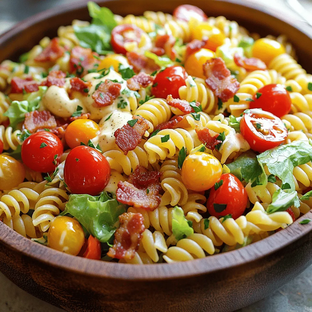 To make Easy BLT Pasta Salad, you need the following ingredients: - 8 oz rotini pasta - 1 cup cherry tomatoes, halved - 1 cup crispy lettuce, chopped - 1 cup cooked chicken breast, shredded (optional) - ½ cup cooked bacon, crumbled - ½ cup mayonnaise - 2 tablespoons apple cider vinegar - 1 tablespoon Dijon mustard - Salt and pepper to taste - Fresh parsley, chopped (for garnish) You can change some ingredients based on your taste. For example: - Use penne or fusilli instead of rotini pasta. - Swap cherry tomatoes for grape tomatoes or diced bell peppers. - You can use turkey bacon instead of regular bacon for a lighter option. - Greek yogurt can replace mayonnaise for a healthier dressing. - Add spinach or arugula if you want more greens. Fresh ingredients make a big difference in flavor. Fresh cherry tomatoes burst with sweetness. Crispy lettuce adds crunch. Using fresh parsley boosts the taste and looks great too. If you can, buy organic or local produce. This choice often leads to better taste and supports local farmers. Always choose the best ingredients to make your pasta salad shine. For the full recipe, check the complete guide. First, cook the rotini pasta. Follow the package directions until it is al dente. This means it should be firm but not hard. After cooking, drain the pasta in a colander. Rinse it under cold water to stop the cooking process. This cooling step helps keep the pasta from getting mushy. Once it is cool, set the pasta aside. In a large mixing bowl, combine the cooled pasta with your chopped ingredients. Add in 1 cup of halved cherry tomatoes and 1 cup of chopped crispy lettuce. If you want more protein, toss in 1 cup of shredded chicken breast. Finally, add ½ cup of crumbled bacon for that classic BLT flavor. Gently mix everything together so each piece is well combined. In a separate bowl, you will make the dressing. Start with ½ cup of mayonnaise. Add 2 tablespoons of apple cider vinegar and 1 tablespoon of Dijon mustard. Mix them using a whisk until it is smooth. Season the dressing with salt and pepper to taste. Pour this dressing over the pasta salad mixture. Toss everything gently to coat the pasta and veggies evenly. Cover the bowl and chill it in the fridge for at least 30 minutes. This lets all the flavors come together nicely. For the full recipe, you can refer back to the main list. To get the best texture for your pasta, cook it just right. Boil water in a big pot. Add salt to the water; this gives flavor. Stir in the rotini pasta and cook for about 8-10 minutes. Check the pasta a minute or two early. You want it al dente, which means it should have a slight bite. When it's done, drain it and rinse it with cold water. This stops the cooking and helps cool it down. To make your Easy BLT Pasta Salad even tastier, think about adding spices and herbs. A pinch of garlic powder can add depth. You can also use fresh herbs like basil or chives for a bright taste. If you like a bit of heat, try a dash of red pepper flakes. Freshly cracked black pepper enhances the flavors too. Each of these tweaks can take your salad from good to great. When it comes to serving your pasta salad, presentation matters. Use a nice bowl to show off the colors in your salad. You can layer the pasta, bacon, and veggies for a pretty look. Sprinkle fresh parsley on top for a pop of green. If you want to impress, serve it in individual cups. This makes it easy for guests to grab a serving. For a fun touch, add a slice of lemon or lime on the side for a splash of color. For the full recipe, check out the Easy BLT Pasta Salad. {{image_2}} You can easily change the Easy BLT Pasta Salad. Adding proteins or veggies makes it fun. Try adding cooked shrimp or diced tofu for a protein boost. You can also toss in bell peppers or cucumbers for extra crunch. These options keep the dish fresh and exciting. While mayonnaise gives a creamy taste, you can switch up the dressing. Try using Greek yogurt instead of mayo for a lighter feel. A vinaigrette made with olive oil and lemon juice adds a zesty kick. Experiment with ranch or blue cheese dressing for a different flavor profile. Customizing the dressing can change the whole dish. If you need a gluten-free meal, swap out the rotini pasta for gluten-free pasta. For a vegan option, you can use chickpeas instead of chicken and a vegan mayo. It’s easy to make this pasta salad fit many diets. Always check labels for hidden ingredients to keep it safe for all eaters. For the complete recipe, check out the Full Recipe section above. To keep your Easy BLT Pasta Salad fresh, store it in an airtight container. This method keeps the salad from drying out and helps maintain its flavors. Make sure to cool the salad completely before sealing it. If you plan to eat it later, add the lettuce just before serving. This keeps it crisp and tasty. When stored properly in the fridge, your Easy BLT Pasta Salad can last for about 3 to 5 days. Always check for any changes in smell or color before eating leftovers. If you notice anything off, it's best to toss it. Enjoy your salad while it's fresh for the best taste and texture. Freezing pasta salad is not ideal as the texture may change when thawed. However, you can freeze individual components, like cooked pasta or bacon. If you want to try freezing the whole salad, consider omitting the lettuce and dressing. You can add fresh lettuce and dressing after thawing. When ready to eat, let it thaw in the fridge overnight for best results. Yes, you can make Easy BLT Pasta Salad ahead of time. This dish tastes even better after sitting for a while. I suggest preparing it a few hours before serving. Just store it in the fridge. The flavors will blend nicely. If you want to enjoy it later, remember to keep it covered. BLT Pasta Salad pairs well with many dishes. You can serve it with grilled chicken or fish for protein. A light soup or a fresh fruit salad also works great. If you want something crunchy, try serving it with chips or crackers. You can even add some pickles on the side for a tangy touch. To make Easy BLT Pasta Salad gluten-free, swap the rotini pasta for gluten-free pasta. Many stores sell gluten-free options made from rice or corn. Just cook the pasta according to the package instructions. Use the same ingredients from the Full Recipe to keep the flavors. You can enjoy this tasty salad without worry! This article covered everything you need to know about Easy BLT Pasta Salad. We discussed ingredients, cooking tips, and storage methods. Fresh ingredients are key for the best taste. You can customize this salad with different proteins and dressings. Remember, it’s simple to make and great for many diets. It's a delicious dish you can enjoy anytime. Keep these tips in mind, and your pasta salad will shine at any meal.