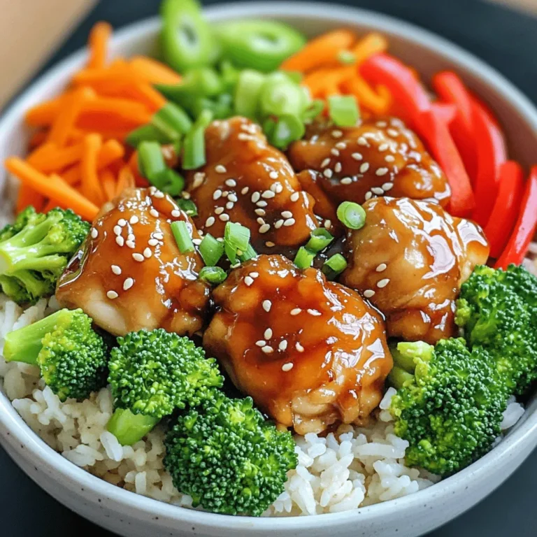 - 1 lb boneless chicken thighs, cut into bite-sized pieces - 1 cup uncooked jasmine rice - 1 cup broccoli florets - 1 red bell pepper, sliced - 1 carrot, julienned - 1 tablespoon vegetable oil The chicken forms the heart of this dish. I love using thigh meat. It’s juicy and tender. The jasmine rice serves as a nice base. It has a lovely aroma and pairs well with the teriyaki sauce. The vegetables add color, crunch, and nutrients. Broccoli, bell pepper, and carrot are my favorites, but you can use any you like. - 1/4 cup soy sauce - 1/4 cup honey - 1 tablespoon rice vinegar - 1 tablespoon cornstarch dissolved in 2 tablespoons water - 1 teaspoon fresh grated ginger - 1 clove garlic, minced The teriyaki sauce is the star. Soy sauce gives it saltiness and depth. Honey adds sweetness, making it well-balanced. Rice vinegar brings a touch of tang. Ginger and garlic add flavor and warmth. The cornstarch thickens the sauce, making it cling to the chicken and veggies perfectly. - Sesame seeds - Green onions I recommend garnishing with sesame seeds and sliced green onions. They add a nice crunch and fresh taste. These small touches elevate the dish and make it look beautiful. For the full recipe, check out the complete guide to Teriyaki Chicken Rice Bowls. Start by rinsing the jasmine rice. Place it in a fine mesh strainer. Rinse under cold water. Keep rinsing until the water runs clear. This step removes excess starch and helps the rice cook better. In a medium saucepan, add the rinsed rice and 1 1/2 cups of water. Bring it to a boil over high heat. Once boiling, reduce the heat to low. Cover the pot and let it simmer for about 15 minutes. The water should be fully absorbed. Fluff the rice with a fork and set it aside. In a small saucepan, start making your teriyaki sauce. Add soy sauce, honey, rice vinegar, grated ginger, and minced garlic. Stir well to combine all the ingredients. Heat the saucepan over medium heat. Bring the mixture to a simmer. Once it simmers, stir in the cornstarch mixture. Keep stirring for 2-3 minutes. The sauce will thicken nicely. Remove it from heat and set it aside. In a large skillet, heat the vegetable oil over medium-high heat. Add the chicken pieces to the skillet. Cook for 6-8 minutes. Look for a golden brown color and ensure they are cooked through. Once the chicken is ready, it’s time for the veggies. Add the broccoli florets, red bell pepper slices, and julienned carrot. Sauté for 3-5 minutes. You want the vegetables tender but still crisp. After this step, pour the teriyaki sauce over the chicken and vegetables. Stir to coat everything evenly. Cook for 2 more minutes to heat through. Now you can assemble the bowls with jasmine rice and the teriyaki chicken mix. Don't forget to check the [Full Recipe] for any extra tips! Water Ratios For jasmine rice, the right water ratio is key. Use 1 cup of rice to 1.5 cups of water. This will give you fluffy rice. Rinse the rice well before cooking. This removes extra starch and helps avoid stickiness. Fluffing Techniques Once your rice is done, let it sit for a few minutes. Then, take a fork and fluff the rice gently. This adds air and keeps the grains separate. Avoid using a spoon, as it can mash the rice. Sweetness Level If you like your sauce sweeter, add more honey. Start with a teaspoon more and taste it. Adjust slowly until it is just right for you. If you want less sweetness, use less honey or add a splash of soy sauce. Thicker Sauces To make your teriyaki sauce thicker, use more cornstarch. Mix it with water before adding it to the sauce. This helps it blend well and avoids lumps. Cook until the sauce coats the back of a spoon nicely. Ensuring Even Cooking Cut your chicken into uniform pieces. This helps them cook evenly. Cook them on medium-high heat so they brown well. Stir occasionally to avoid burning. Flavor Infusion Marinate your chicken for 30 minutes if you have time. Use a bit of teriyaki sauce for extra flavor. This will make each bite tasty. Adding the sauce at the end gives the chicken a nice glaze. Follow these tips to enhance your Teriyaki Chicken Rice Bowls. For a full recipe, check out the Full Recipe section. {{image_2}} If you want to change the protein in your teriyaki chicken rice bowls, try using tofu or shrimp. - Tofu: This plant-based option absorbs flavors well. Use firm tofu for a meaty texture. Press it to remove excess water, then cut it into cubes. Sauté the tofu until golden brown before adding the sauce. - Shrimp: For a seafood twist, use shrimp. They cook quickly and add a nice sweetness. Just sauté them in the skillet until they turn pink. This will take about 3-4 minutes. You can mix up the veggies in your bowl to suit your taste. Bell peppers and snap peas are great choices. - Bell Peppers: These add color and crunch. You can use red, yellow, or green bell peppers. Slice them thinly and add them when you sauté your chicken. - Snap Peas: These are sweet and crisp. They cook fast, so add them in the last few minutes of cooking. This keeps them bright and tender. If you have special dietary needs, there are easy ways to adapt this dish. Consider gluten-free options and low-carb adaptations. - Gluten-Free Options: Switch soy sauce for tamari. This will keep the flavor without gluten. Make sure to check all labels on your ingredients. - Low-Carb Adaptations: Instead of rice, use cauliflower rice. This keeps the meal light and low in carbs. Just sauté the cauliflower until tender, then serve it as a base for your teriyaki mix. For more delicious ideas, check the Full Recipe. After enjoying your Teriyaki Chicken Rice Bowls, you may want to save some for later. Proper storage keeps the meal fresh. - Refrigeration Guidelines: Place leftovers in an airtight container. They can last up to 3 days in the fridge. Make sure they cool to room temperature before sealing. This step helps avoid moisture buildup. - Freezing for Long Term: To keep your rice bowls longer, freeze them. Use freezer-safe containers or bags. They can stay good for up to 3 months. When you’re ready to eat, thaw them in the fridge overnight. Reheating your Teriyaki Chicken Rice Bowls correctly ensures they taste great. Here are some methods: - Best Methods: The microwave is quick. Place your bowl in the microwave and cover it. Heat in one-minute intervals until hot. Stir in between to warm evenly. You can also reheat in a skillet over low heat. This method keeps the texture nice. - Maintaining Quality: Add a splash of water or broth when reheating. This keeps the rice moist. Avoid overheating. It can dry out the chicken and rice. Enjoy your meal just as delicious as the first time! To create Teriyaki Chicken Rice Bowls, follow these steps: 1. Cook the Rice: Rinse the jasmine rice until the water runs clear. Combine it with water in a saucepan, bring to a boil, then simmer for 15 minutes. Fluff and set aside. 2. Prepare the Teriyaki Sauce: Mix soy sauce, honey, rice vinegar, ginger, and garlic in a saucepan. Simmer, then add cornstarch mix to thicken. 3. Cook the Chicken: Heat oil in a skillet. Add chicken pieces and cook until golden and done. 4. Add Vegetables: Stir in broccoli, bell pepper, and carrot. Sauté until tender but crisp. 5. Combine: Pour the teriyaki sauce over chicken and veggies. Heat it all together. 6. Assemble the Bowls: Place rice in bowls. Top with teriyaki chicken and veggies. Garnish with green onions and sesame seeds. For a more detailed guide, check out the Full Recipe. Yes, you can use chicken breasts. They cook faster than thighs. - Cook Time: Chicken breasts take about 5-7 minutes to cook. Thighs need 6-8 minutes. - Flavor Differences: Thighs are juicier and have more flavor. Breasts are leaner. Adjust your cooking time to ensure they don't dry out. Great side dishes for Teriyaki Chicken Rice Bowls include: - Steamed edamame - Crisp cucumber salad - Miso soup - Pickled vegetables These sides add freshness and contrast to the savory chicken bowls. You learned how to make delicious Teriyaki Chicken Rice Bowls. We covered the main ingredients like chicken and veggies, plus the tasty teriyaki sauce. I provided step-by-step instructions for cooking rice, making the sauce, and sautéing your meal. Don’t forget my tips for perfect cooking and storage. Try the variations for new flavors. Enjoy your tasty creation, and share it with family or friends!