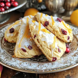 To make delicious cranberry orange scones, you need a few key ingredients. Each one plays a big role in taste and texture. Here’s what you need: - 2 cups all-purpose flour - 1/2 cup granulated sugar - 1 tablespoon baking powder - 1/2 teaspoon baking soda - 1/4 teaspoon salt - 1/2 cup unsalted butter, cold and diced - 1/2 cup dried cranberries - Zest of 1 large orange - 3/4 cup buttermilk - 1 large egg - 1 teaspoon vanilla extract - 1 cup powdered sugar (for glaze) - 2-3 tablespoons fresh orange juice (for glaze) Each ingredient adds a unique flavor. The flour provides structure. Sugar gives sweetness, while baking powder helps the scones rise. The butter keeps them tender and flaky. Accurate measurements matter in baking. Use a kitchen scale for the best results. If you don’t have one, spoon flour into a cup and level it off with a knife. Avoid packing it down. When measuring liquid ingredients, use a clear measuring cup. Check the level at eye level for accuracy. For zesting the orange, use a microplane or a fine grater. This gives you the best flavor without the bitter white pith. You can easily swap some ingredients if needed. Here are some ideas: - Use whole wheat flour for a nuttier taste. - Substitute coconut oil for butter for a dairy-free option. - If you don’t have buttermilk, mix 3/4 cup milk with 1 tablespoon vinegar or lemon juice. Let it sit for five minutes. - Fresh cranberries can replace dried ones, but chop them finely. They are tart and will give a different texture. These substitutions can change flavors slightly but still keep the scones tasty. First, set your oven to 400°F (200°C). This will help your scones rise well. Next, grab a baking sheet and line it with parchment paper. This keeps the scones from sticking. Now, let’s gather all the ingredients. You will need flour, sugar, baking powder, baking soda, salt, butter, cranberries, orange zest, buttermilk, an egg, and vanilla. In a large bowl, whisk together the dry ingredients. Add 2 cups of flour, 1/2 cup of sugar, 1 tablespoon of baking powder, 1/2 teaspoon of baking soda, and 1/4 teaspoon of salt. Mix them well. This step is important for even flavor. Next, cut in 1/2 cup of cold butter. You want it to look like coarse crumbs. Use a pastry cutter or your fingers to mix it in. Then, stir in 1/2 cup of dried cranberries and the zest of one large orange. This will add great flavor and color to your scones. In a new bowl, whisk together the wet ingredients. Mix 3/4 cup of buttermilk, 1 large egg, and 1 teaspoon of vanilla extract until smooth. Pour this mixture into your dry ingredients. Now, mix gently until just combined. Do not overmix, or your scones may be tough. Turn the dough onto a floured surface and shape it into a circle, about 1-inch thick. Cut this circle into 8 wedges. You can also use a round cutter for individual scones. Place the scones on the baking sheet, leaving space between each one. Bake for 15-20 minutes. They should be golden on top and a toothpick should come out clean. While they cool, make the glaze with powdered sugar and orange juice. Drizzle it over the scones before serving. For the full recipe, check out the section above. To make your scones fluffy, use cold butter. It helps create steam as the scones bake. Cut the butter into small pieces before adding it to the flour. This way, it mixes evenly. Also, don’t forget to use baking powder. It gives your scones a nice rise. Overmixing is a common mistake. It makes scones tough instead of light. Mix your wet and dry ingredients just until combined. If you see some flour bits, that’s okay. A few lumps will not hurt your scones. Remember, gentle hands make perfect scones! The glaze adds sweetness and shine. For a smooth glaze, mix powdered sugar with fresh orange juice. Start with two tablespoons of juice. Add more if needed to reach your desired consistency. Drizzle it over the cooled scones. The glaze will soak in just a bit, adding flavor. For the best look, use a fork or spoon for a zigzag pattern. For the full recipe, check out the Cranberry Bliss Orange Scones. {{image_2}} You can make your cranberry orange scones even better by adding nuts or chocolate chips. Nuts like walnuts or pecans give a nice crunch. I suggest using about 1/2 cup of chopped nuts. You can also add semi-sweet chocolate chips for a sweet twist. They mix well with the tart cranberries. Just fold them in when you add the dried cranberries and orange zest. This simple step creates a richer flavor and texture. If you want to try something different, you can make a savory scone. Skip the sugar and orange zest. Instead, add herbs like rosemary or thyme. You can also mix in cheese, like sharp cheddar. Use about 1 cup of grated cheese. This change makes the scones perfect for a brunch or dinner. Serve them with soups or salads for a tasty side. Feel free to switch out the cranberries for other fruits. Blueberries work well for a sweet scone. You can use fresh or frozen blueberries. Just make sure to fold them in gently to avoid breaking them. Another option is to add diced apples with cinnamon. This gives a warm, cozy flavor. Experimenting with fruit can make each batch unique and fun! For more detailed steps, check the Full Recipe. Store your cranberry orange scones in an airtight container. This keeps them fresh. Place the container in a cool, dry spot. They stay good for up to two days at room temperature. For longer storage, the fridge is a great option. Your scones can last for about a week there. Reheating scones is easy. Preheat your oven to 350°F (175°C). Place the scones on a baking sheet. Heat them for about five to ten minutes. This warms them up and keeps them soft. You can also use a microwave. Just warm them for about 15 to 20 seconds. Be careful not to overheat them, or they can become tough. Freezing scones is a smart way to save them for later. First, let the scones cool completely. Then wrap each one in plastic wrap. Place the wrapped scones in a freezer bag. They can freeze for up to three months. To enjoy, just thaw them in the fridge overnight. Reheat them in the oven for that fresh-baked taste. To make cranberry orange scones from scratch, start with simple steps. First, gather your ingredients, like flour, sugar, baking powder, and butter. Mix the dry ingredients in a bowl. Cut in the cold butter until it looks like crumbs. Then, add the dried cranberries and orange zest. In another bowl, mix buttermilk, egg, and vanilla. Combine the wet and dry mixes, but don’t overmix. Shape the dough into a circle and cut it into wedges. Bake them until golden brown. That's it! For the full recipe, check the details above. Yes, you can use fresh cranberries. Fresh cranberries add a bright flavor and juicy texture. However, they are tart, so you might want to add a bit more sugar. Chop them into smaller pieces to help them mix better. This will also help them bake evenly. Keep in mind, fresh cranberries may change the scone's final texture a bit. Serve cranberry orange scones warm for the best taste. You can drizzle them with a sweet orange glaze for extra flavor. They pair well with whipped cream, butter, or jam. For a lovely touch, place the scones on a nice plate. Dust them with powdered sugar for a beautiful finish. Enjoy them with a cup of tea or coffee for a delightful treat! In this post, I covered how to make tasty cranberry orange scones. We looked at key ingredients, measurement tips, and substitutions. I provided step-by-step instructions for mixing and shaping. You learned tricks to make your scones fluffy and how to add fun variations. Finally, I shared storage tips for keeping your scones fresh. These steps and tips will help you bake perfect scones every time. Enjoy the process and happy baking!