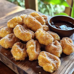 - 1 cup all-purpose flour - 1 cup water - 1/4 cup unsalted butter - 1/4 teaspoon salt - 1 teaspoon vanilla extract - 2 large eggs - 1/2 teaspoon baking powder - Vegetable oil for frying - 1/2 cup granulated sugar - 1 tablespoon ground cinnamon - Alternative flours: You can use whole wheat flour or almond flour. They change the taste and texture. - Dairy-free options: Swap unsalted butter for coconut oil or vegan butter. This keeps it creamy without dairy. - Sugar substitutes: Try using coconut sugar or a sugar-free blend for fewer calories. Just adjust to taste. - Importance of precise measurements: Accurate measuring gives the best results. Too much or too little can spoil the dough. - Tips for measuring flour correctly: Use a spoon to fluff the flour in the bag. Then, spoon it into your measuring cup without packing it down. Level it off with a knife for a perfect measurement. First, we need to combine the wet ingredients. In a medium saucepan, add the water, unsalted butter, and salt. Heat it over medium heat until the butter melts. Once it boils, remove it from heat. Now, add in the all-purpose flour and baking powder. Stir until a dough forms. Let this rest for about five minutes to cool slightly. Next, we add the eggs and vanilla extract. In a mixing bowl, beat the eggs and vanilla together. Gradually stir this mixture into the dough. You want the dough to be smooth and just a bit sticky. This is key for the perfect churro bites! Now, let's fry those churro bites! Preheat your vegetable oil in a deep frying pan or pot. Aim for an oil temperature of 375°F (190°C). This is hot enough to make them crispy and golden. Using a piping bag or a plastic bag with a corner snipped off, pipe small pieces of dough into the hot oil. Make them about one inch long. Be careful not to overcrowd the pan. Fry each piece for about 2-3 minutes on each side. Look for a nice golden brown color. Once they are done, use a slotted spoon to remove the churro bites. Place them on a paper towel-lined plate to drain any extra oil. While the churro bites are still warm, it’s time to coat them in cinnamon sugar. In a shallow bowl, mix together the granulated sugar and ground cinnamon. A good ratio is 1/2 cup of sugar to 1 tablespoon of cinnamon. Toss the warm churro bites in this mixture until they are fully coated. Make sure each bite gets the right amount of cinnamon sugar. This step adds the perfect sweet touch! For the full recipe, check the complete instructions above. Enjoy making these delicious treats! To get the best churro bites, your dough needs to be smooth and slightly sticky. This texture helps them puff up while frying. A common mistake is adding too much flour. This makes the dough dry and tough. Instead, stick to the recipe. If you find your dough too dry, add a bit more water. Frying can be fun, but safety is key. First, use a deep pot to avoid splatter. Heat the oil to 375°F (190°C) for perfect frying. Always test the oil with a small piece of dough. If it bubbles up, you’re ready to go! When frying, use a slotted spoon to remove churro bites. Be careful, as hot oil can cause burns. Churro bites taste great on their own, but dips make them even better. Try chocolate syrup or caramel sauce for a sweet touch. You can also serve them with whipped cream. For a fancy look, arrange your churro bites on a platter. Drizzle sauce on top and sprinkle extra cinnamon sugar around them. This will impress your guests and make your treat shine. For the full recipe, check out the link provided. {{image_2}} To make chocolate-dipped churro bites, start by melting your favorite chocolate. You can use dark, milk, or white chocolate. Cut the chocolate into small pieces and place it in a microwave-safe bowl. Heat it in the microwave for 20 seconds at a time, stirring in between. Keep heating until the chocolate is smooth. Once your churro bites are cool, dip them into the melted chocolate. Let the excess drip off, then place them on parchment paper. The chocolate will harden quickly, giving a tasty twist to your treat. Stuffed churro bites add fun flavors. You can fill them with chocolate, caramel, or fruit jams. For a chocolate filling, use a chocolate ganache or Nutella. For a fruity option, try raspberry or strawberry jam. To stuff the churro bites, pipe some dough into the oil and let them fry for a minute. Then, use a syringe to inject the filling into the churro bites before coating them in cinnamon sugar. This extra step makes each bite a surprise! If you need gluten-free churro bites, swap the all-purpose flour. Use a gluten-free flour blend instead. Make sure the blend contains xanthan gum for better texture. You can also try almond flour or coconut flour, but they may change the taste and texture. Follow the rest of the recipe as usual. With these adjustments, you can enjoy churro bites without gluten. They will still taste amazing with the cinnamon sugar coating! Check the Full Recipe for more details on making these delicious bites. To keep your churro bites fresh, store them in an airtight container. Line the bottom with paper towels to absorb moisture. This helps them stay crispy. You can keep them at room temperature for up to two days. For longer storage, place them in the fridge. When you want to enjoy them again, reheat in the oven at 350°F (175°C) for about 5-7 minutes. This restores their crunch and warmth. If you want to save churro bites for later, freezing works well. First, let them cool completely on a wire rack. Then, arrange them in a single layer on a baking sheet. Freeze for about an hour until firm. After that, transfer them to a freezer-safe bag. Squeeze out as much air as possible. When you're ready to eat, thaw them in the fridge overnight. Reheat in the oven as mentioned above for best results. When stored correctly, churro bites last two days at room temperature and about five days in the fridge. If frozen, they can last up to three months. However, for the best taste and texture, try to eat them within a month. Fresh churro bites always taste better! For the full recipe, check out the details above. Cinnamon sugar churro bites are small, fried pastries coated in cinnamon sugar. They have a crispy outside and a soft inside. This treat comes from Mexico, where churros are popular. They often serve them with chocolate or caramel sauce. These bites are perfect for snacking or dessert. The blend of sweet and spicy flavors makes them a favorite for many. You can tell churro bites are done by their color and texture. Look for a golden brown shade. This usually takes about 2-3 minutes per side. You can also check by tapping them lightly. If they feel firm and crisp, they are ready. Don’t rush this step; frying them too fast can lead to raw dough inside. Yes, you can prepare churro bites ahead of time! You can make the dough and store it in the fridge for a day. Just bring it back to room temperature before frying. For cooked churro bites, let them cool completely. Store them in an airtight container for up to two days. Reheat them in the oven for a few minutes to regain crispness. Cinnamon sugar churro bites pair well with various dips. Chocolate sauce is a classic choice. You can also serve them with caramel sauce or even whipped cream. Fresh fruit like strawberries or bananas adds a nice touch too. For a fun twist, try drizzling them with maple syrup or honey. You now know how to make delicious Cinnamon Sugar Churro Bites. We explored key ingredients, precise measuring tips, and cooking methods to ensure great texture. Remember, substitutions can fit different diets. Storing leftovers and freezing tips help keep your treats fresh. Try variations like chocolate-dipped or stuffed churros for fun twists. With these steps, you are ready to impress everyone. Enjoy creating these tasty bites that bring joy to any occasion!