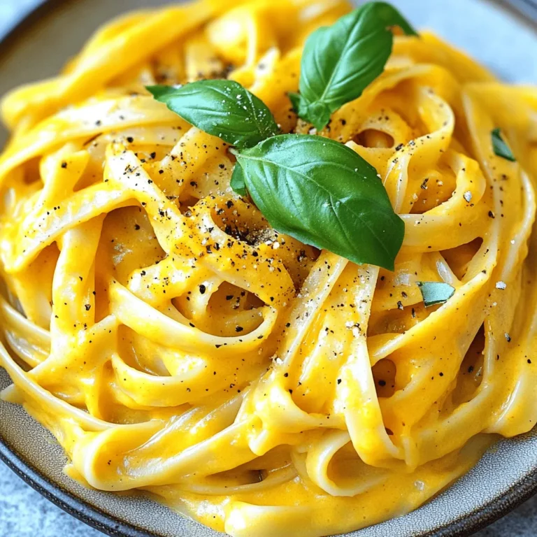 To make a tasty Vegan Pumpkin Alfredo Pasta, gather the following ingredients: - 12 oz fettuccine pasta (or pasta of choice) - 1 cup pumpkin puree (canned or homemade) - 1 cup coconut milk (full-fat for creaminess) - 2 tablespoons nutritional yeast - 2 tablespoons olive oil - 3 cloves garlic, minced - 1 teaspoon onion powder - 1/2 teaspoon smoked paprika - Salt and black pepper to taste - 1 cup fresh spinach (optional) - Fresh basil or parsley, for garnish These ingredients blend into a rich and creamy sauce. The pumpkin adds a warm, earthy flavor that pairs well with the pasta. You can take this dish up a notch with a few add-ins: - Sautéed mushrooms for a hearty touch - Sun-dried tomatoes for a sweet and tangy bite - Red pepper flakes for a hint of heat - Fresh lemon juice for a zesty finish These add-ins can enhance the taste and texture of your dish. Feel free to mix and match based on your cravings. Not all ingredients may be on hand. Here are some easy swaps: - Use any pasta shape you like, such as penne or spaghetti. - Swap coconut milk for almond milk, but it will be less creamy. - If you don't have nutritional yeast, try vegan cheese instead. - For a nut-free option, use sunflower seed puree in place of pumpkin. With these substitutions, you can still enjoy a creamy and flavorful dish. No matter what you choose, remember to have fun while cooking! Check out the Full Recipe for detailed instructions. 1. Cook the Pasta: Start with a large pot of salted water. Bring it to a boil. Add 12 oz of fettuccine and cook it until al dente. This takes about 8-10 minutes. When it’s done, drain the pasta. Save about 1 cup of the pasta water for later. 2. Prepare the Sauce: In a big skillet, heat 2 tablespoons of olive oil over medium heat. Add 3 minced garlic cloves and sauté for about 1 minute. You want the garlic to smell good but not brown. 3. Mix in the Pumpkin: Stir in 1 cup of pumpkin puree and 1 cup of coconut milk. Add 2 tablespoons of nutritional yeast, 1 teaspoon of onion powder, and 1/2 teaspoon of smoked paprika. Season with salt and black pepper. Cook this mixture for 3-5 minutes. Stir often until it's warm and well mixed. 4. Blend for Creaminess: If you want a smooth sauce, use an immersion blender right in the skillet. You can also transfer the sauce to a blender. Blend until it’s creamy. 5. Combine Pasta and Sauce: Add the cooked fettuccine to your sauce. Pour in a splash of the reserved pasta water. Toss everything together gently. Make sure the pasta is well coated. 6. Add Fresh Spinach: If you like, stir in 1 cup of fresh spinach. Let it wilt in the warm pasta for a minute. 7. Taste and Adjust: Now, taste the dish. Add more salt and pepper if needed. 8. Serve: Plate your pasta. Garnish with fresh basil or parsley for extra flavor and color. To cook pasta al dente, follow these steps: - Use a large pot with plenty of water. This helps the pasta cook evenly. - Add salt to the water. It adds flavor to the pasta. - Check the pasta a minute or two before the package says it’s done. It should be firm but not hard. - Drain it right away and do not rinse. This keeps the starch that helps the sauce stick. Blending the sauce right is key for a smooth texture. Here are some tips: - If using an immersion blender, blend for about 30 seconds. This gives a creamy result. - If using a stand blender, let the sauce cool for a minute before blending. This avoids hot splashes. - Blend until the sauce is uniform. You want it smooth without any chunks. - If it’s too thick, add a little reserved pasta water until you reach your desired consistency. For the full recipe, check out the details above and enjoy a delicious meal! To get a creamy Alfredo sauce, start with full-fat coconut milk. It gives your sauce that rich taste. Blend the sauce well for a smooth texture. If it’s too thick, add some reserved pasta water. This helps mix everything nicely. To boost flavor, use fresh garlic. It adds a great taste. Nutritional yeast gives a cheesy flavor without dairy. Smoked paprika adds warmth and depth. You can also add a squeeze of lemon juice for brightness. Fresh herbs like basil or parsley make a nice touch too. Avoid overcooking the pasta. It should be al dente for the best texture. Don’t skip the blending step; it makes a big difference. If you don’t mix the sauce enough, it can be lumpy. Lastly, taste the sauce before serving. Adjust salt and pepper as needed for the perfect dish. For the full recipe, check out the Vegan Pumpkin Alfredo Pasta section above. {{image_2}} You can easily make this vegan pumpkin Alfredo pasta gluten-free. Just swap the regular pasta for gluten-free options. Look for pasta made from brown rice or chickpeas. These options keep the taste and texture while being friendly for gluten-free diets. Want to spice things up? You can add different herbs and spices to your dish. A pinch of nutmeg adds warmth. If you like heat, try red pepper flakes or cayenne. Fresh herbs like thyme or rosemary can enhance the flavor, too. For a twist, add a splash of lemon juice for brightness. Looking to boost protein in your pasta? Chickpeas are a great choice. They add texture and nutrition. You can also toss in some cubed tofu. Tofu absorbs flavors well, making it a tasty addition. If you want extra heartiness, try adding lentils. Each of these options makes your meal more filling and satisfying. For the complete recipe, check out the [Full Recipe]. To store leftover pasta, let it cool to room temperature. Use an airtight container to keep it fresh. Make sure to close the lid tightly. You can keep it in the fridge for up to three days. If you want it to last longer, consider freezing it. When you’re ready to eat, take the pasta out of the fridge. Add a splash of water or coconut milk to keep it creamy. Heat it in a skillet over medium heat. Stir often to avoid sticking. If you have a microwave, you can use that too. Just cover the bowl and heat it in short bursts until warm. For freezing, portion the pasta into smaller containers. This makes it easier to thaw later. Use freezer-safe bags or containers to prevent freezer burn. It can last up to two months in the freezer. When you’re ready to eat, thaw it overnight in the fridge. Reheat as mentioned above for best results. Enjoy your meal again with the same creamy flavor! Yes, you can use other types of pasta. I like fettuccine, but penne or bowtie works too. Just follow the cooking time on the package. You can even try gluten-free pasta. It will still taste great! If you want to swap coconut milk, try using almond milk or soy milk. Both add a nice flavor. You can also use unsweetened oat milk for creaminess. Just remember to adjust the amount of seasoning to balance the taste. Yes, this recipe is nut-free! It does not contain nuts or nut-based products. You can enjoy this creamy dish even if you have nut allergies. It is safe and tasty for everyone. To add heat, sprinkle some red pepper flakes into the sauce. You can also add a dash of hot sauce for a kick. If you like jalapeños, chop them up and mix them in. Adjust the spice to your taste! Yes, you can make this dish ahead of time. Cook the pasta and prepare the sauce. Store them separately in the fridge. When ready to eat, warm them and mix together. It tastes great even after a day or two! For the full recipe, check out the details above. This vegan pumpkin Alfredo pasta is easy and delicious. We covered the key ingredients, cooking steps, and tips for the best sauce. You learned how to make various tasty versions while avoiding common errors. In the end, this dish lets you enjoy creamy pasta without dairy. Try it out and make it your own! Your taste buds will thank you for this wholesome meal.