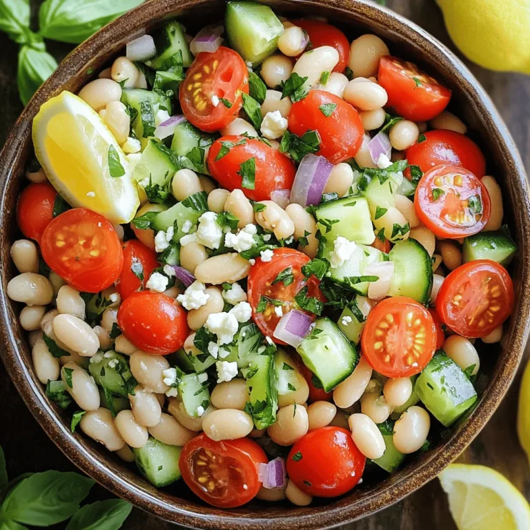 - 2 cups canned white beans (cannellini or navy beans), drained and rinsed - 1 cup cherry tomatoes, halved - 1/2 red onion, finely chopped - 1 cup cucumber, diced - 1/4 cup fresh basil leaves, chopped - 1/4 cup flat-leaf parsley, chopped For this Tuscan White Bean Salad, I use canned white beans. They are easy and quick to prepare. Cannellini beans give a creamy texture, while navy beans are milder. I love to add fresh cherry tomatoes. They add color and sweetness to the dish. Red onion gives a nice crunch and slight bite. Cucumber keeps the salad refreshing. It’s crisp and cool, perfect for summer. Fresh herbs like basil and parsley brighten the flavors. They bring a taste of Italy right to your kitchen. - 1/4 cup feta cheese, crumbled (optional) - 3 tablespoons extra virgin olive oil - 2 tablespoons lemon juice - 1 teaspoon garlic powder Feta cheese adds a salty touch. It pairs well with the beans and vegetables. For the dressing, I mix extra virgin olive oil, lemon juice, and garlic powder. This simple dressing brings everything together. It adds zest and enhances the taste of the salad. You can find the full recipe for Tuscan White Bean Salad to explore more about this delightful dish. Start by draining and rinsing your canned white beans. This step is key. Rinsing removes extra salt and makes the beans taste fresh. Use either cannellini or navy beans. Both work well in this dish. Next, chop your vegetables and herbs. Dice the cucumber into small pieces and finely chop the red onion. Halve the cherry tomatoes. For herbs, chop the fresh basil and flat-leaf parsley. These herbs add bright flavors to your salad. In a large mixing bowl, combine the beans, chopped vegetables, and herbs. Gently mix everything together. This helps to distribute the flavors evenly. Now, prepare the dressing in a separate bowl. Whisk together the extra virgin olive oil, lemon juice, garlic powder, salt, and pepper. This dressing is simple but adds a lot of taste. Pour the dressing over the salad mixture. Toss everything gently to coat the beans and veggies with the dressing. If you like, add crumbled feta cheese on top for a creamy finish. Let the salad rest for about 10 minutes at room temperature. This time allows the flavors to meld together. The result is a fresh and flavorful dish, perfect for any meal. Enjoy your Tuscan White Bean Salad! For the complete recipe, refer to the [Full Recipe]. To make your Tuscan White Bean Salad even better, here are some easy tips. First, adjust the seasoning. Try adding more garlic powder for a stronger taste or some red pepper flakes for a kick. You can also swap out the lemon juice for balsamic vinegar for a different flavor profile. For ingredient substitutions, consider using black beans if you want a new taste. You can also add some bell peppers for extra crunch. If you don’t have feta cheese, a sprinkle of goat cheese works well too. These small changes can make your salad unique. Serving your salad nicely can impress your guests. Use a large rustic bowl to showcase the colorful ingredients. This salad looks great with its bright colors, so don’t hold back. Garnish with fresh basil leaves on top for a pop of green. Adding lemon wedges on the side not only looks nice but lets people add extra zing if they want. A beautiful display makes this dish even more appealing and enjoyable. {{image_2}} You can swap the white beans for other types. Chickpeas add a nutty taste. Black beans bring a lovely color and different texture. Each bean offers its own flavor and nutrition. You can mix and match to find your favorite. Just remember to adjust the cooking time if you use dried beans instead of canned. If you want a heartier meal, add protein. Grilled chicken works great. It adds a nice smoky flavor. Shrimp is another excellent choice. Just sauté them with some garlic and olive oil. This turns your salad into a satisfying main dish. You can also try adding boiled eggs or even tofu for a vegetarian option. Feel free to adapt your salad with seasonal ingredients. In spring, add fresh peas or radishes. Summer is perfect for zucchini or bell peppers. In autumn, consider roasting squash or adding apples. Winter brings hearty greens like kale. You can also switch herbs based on the season. Basil is great in summer, while rosemary adds warmth in winter. Each season brings fresh flavors to your plate. For the full recipe, refer to the earlier section. To keep your Tuscan White Bean Salad fresh, use an airtight container. Glass or plastic containers work well. Make sure the lid seals tightly. Store the salad in the fridge. It will stay good for a few days. Avoid letting it sit out at room temperature for too long. That can lead to spoilage. If you notice any change in smell or texture, it’s best to toss it. The salad tastes best when fresh. However, it can last up to three days in the fridge. After three days, the flavors may fade. The veggies might lose their crunch, too. I recommend eating it within this time for the best taste. If you want to save it longer, freezing is an option. Can this salad be frozen? Yes, but with caution. Freezing can change the texture of the veggies. The beans freeze well, but tomatoes and cucumbers may not. If you want to freeze it, leave out these ingredients. Instead, add them fresh when you thaw the salad. Make sure to use a freezer-safe container. It can last for about a month in the freezer. When ready to eat, thaw it in the fridge overnight for the best results. Enjoy your salad fresh! Tuscan White Bean Salad is a vibrant dish. It features white beans, fresh veggies, and herbs. The beans provide a creamy texture and protein. The salad bursts with flavors from cherry tomatoes, red onion, and cucumber. Fresh basil and parsley add a fragrant note. A drizzle of olive oil and lemon juice brings it all together. Together, these ingredients create a refreshing and hearty meal that captures the essence of Tuscany. Yes, you can make this salad in advance. It actually tastes better after some time. When you let the salad sit, the flavors mix well. You can prepare it a day ahead. Just store it in an airtight container in the fridge. Before serving, give it a gentle toss. This will help revive the freshness. Remember, if you add feta, do so just before serving for the best taste. This salad pairs well with many dishes. It makes a great side for grilled meats or fish. You can serve it with roasted chicken for a hearty meal. It also works well with crusty bread, perfect for mopping up the dressing. For a light lunch, enjoy it on its own or with a side of fruit. Try it with a nice glass of white wine for a complete experience. Check out the Full Recipe for more ideas! Tuscan White Bean Salad is a bright and healthy dish. We covered key ingredients like white beans, fresh veggies, and herbs. You learned how to prepare, mix, and store this tasty salad. Tips on enhancing flavor and presentation will help you impress your guests. Remember, you can switch up beans or add proteins to fit your taste. This salad is easy to customize and is perfect for any season. Enjoy making it, and share with friends for a colorful meal.