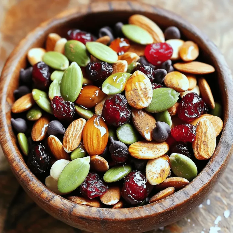 - 1 cup raw pumpkin seeds (pepitas) - 1 cup unsalted almonds - 1 cup dried cranberries - 1 cup dark chocolate chips - 2 tablespoons pumpkin pie spice - 1 tablespoon maple syrup - 1 tablespoon coconut oil - Pinch of sea salt Creating the perfect Pumpkin Spice Trail Mix starts with great ingredients. I love using raw pumpkin seeds for their crunch and nutty flavor. Unsalted almonds add a nice texture and healthy fats. Dried cranberries give a sweet and tangy taste that pairs well with the spices. Dark chocolate chips bring a rich sweetness that makes this mix even better. Pumpkin pie spice is the star here. It brings that warm, cozy flavor of fall. I use maple syrup to bind it all together and add a touch of sweetness. Coconut oil helps coat everything and makes the mix feel rich. Finally, a pinch of sea salt enhances all the flavors perfectly. - Alternatives for pumpkin seeds: If you can't find pumpkin seeds, try sunflower seeds or pecans. Both add great taste and crunch. - Different nuts to consider: You can swap almonds for cashews or walnuts. Each nut has its own flavor and texture. - Options for dried fruits: If you want a change from cranberries, use raisins or chopped dates. These fruits add natural sweetness and chewiness. - Calories per serving: This trail mix has about 200 calories per serving. - Important vitamins and minerals: The nuts and seeds provide protein, fiber, and healthy fats. They also offer vitamins like E, magnesium, and zinc. Dried cranberries add antioxidants, making this mix not just tasty but good for you too. By choosing high-quality ingredients, you ensure your Pumpkin Spice Trail Mix is both delicious and nutritious. For the full recipe, check out the earlier section. To start, preheat your oven to 350°F (175°C). This will ensure that your trail mix bakes evenly. Next, grab a small bowl. In it, mix together 2 tablespoons of pumpkin pie spice and a pinch of sea salt. This spice blend adds that cozy fall flavor we all love. Now, let’s melt the coconut oil and maple syrup. Take a small saucepan and place it on low heat. Add 1 tablespoon of coconut oil and 1 tablespoon of maple syrup. Stir until they combine well. In a large mixing bowl, add 1 cup of raw pumpkin seeds, 1 cup of unsalted almonds, and 1 cup of dried cranberries. Once the oil and syrup are ready, pour them over the nuts and seeds. Sprinkle the spice mixture on top, too. Next, grab a baking sheet and line it with parchment paper. Spread the trail mix evenly on the sheet. Bake it in your preheated oven for about 10 minutes. Remember to stir the mix halfway through. This prevents burning and helps the nuts toast evenly. Once it’s done, the nuts should smell fragrant. Let it cool on the baking sheet. After cooling, stir in 1 cup of dark chocolate chips. Now, you have a tasty trail mix to enjoy! To get that ideal crunch, roast your nuts and seeds. Baking them at 350°F for about 10 minutes helps. Stir halfway to keep them from burning. This step brings out their flavors too! Balancing flavors is key. Use sweet ingredients like dried cranberries to offset the saltiness of nuts. A pinch of sea salt enhances the sweetness of dark chocolate. This mix will delight your taste buds. For freshness, use airtight containers. Glass jars or plastic bins work well. They keep your trail mix crunchy and tasty. You can store it for about two weeks. After that, it may lose its flavor and crunch. Check for any signs of spoilage before you snack. This trail mix pairs well with yogurt or oatmeal. Just sprinkle it on top for extra flavor. You can also enjoy it as a stand-alone snack. It’s perfect for hikes or road trips. Try adding it to your salad for a tasty crunch! For a fun twist, mix it with popcorn. It adds a sweet and salty taste that everyone will love. Enjoy your pumpkin spice trail mix in many ways! For the full recipe, check out the detailed steps in the article. {{image_2}} To make your pumpkin spice trail mix even better, try adding autumn spices. Cinnamon, nutmeg, and allspice can boost the warm flavors. You can mix these spices into the pumpkin pie spice for extra depth. Incorporating seasonal fruits is another great idea. Dried apples, pears, or even figs can add natural sweetness and chewiness. These fruits pair well with the other ingredients. If you want to lower sugar content, reduce or skip the maple syrup. You can also replace dark chocolate chips with unsweetened cocoa nibs. This change keeps the flavor but cuts the sugar. Using non-chocolate alternatives is smart too. Try adding yogurt-covered raisins or sunflower seeds. These options still provide a sweet crunch without the chocolate. Kids love fun snacks! You can add colorful candies or mini marshmallows to make the mix more exciting. This makes it visually appealing, too. Creating visually appealing mixes helps engage kids. Use a mix of nuts, seeds, and bright dried fruits. Arrange them in layers for a fun snack experience. This pumpkin spice trail mix is a flexible treat. You can adjust it to fit your taste and dietary needs. For the full recipe, check out the [Full Recipe]. You can find pumpkin spice trail mix in many stores. Check your local grocery store first. Stores like Walmart, Target, and Whole Foods often have it. You may also find it at health food stores. Popular brands to consider include Nature Valley, Trader Joe's, and Planters. Each brand offers a unique mix of flavors and textures. Shopping online is a great way to find pumpkin spice trail mix. Websites like Amazon and Thrive Market offer many options. They often have good deals and customer reviews. You can also check Walmart's and Target's websites for convenience. Some brands even offer subscription options. These options help you get your favorite mix delivered regularly. When choosing a brand, reviews can help you decide. Nature Valley gets high marks for its crunchy texture. Many people love Trader Joe's for its balanced flavors. Planters is praised for its variety of nuts. Look for consumer ratings to guide your choice. Feedback often highlights taste, freshness, and quality. Homemade pumpkin spice trail mix lasts about two weeks. Store it in an airtight container. Keep it in a cool and dry place. Avoid direct sunlight. For best freshness, consume it within the first week. You can also check for any off smells or signs of spoilage. Yes, you can freeze pumpkin spice trail mix. Place it in a freezer-safe bag or container. Make sure to remove as much air as possible. It can last up to three months in the freezer. When ready to enjoy, just thaw it in the fridge overnight. Pumpkin seeds are high in protein and healthy fats. They help build muscle and support heart health. Almonds are rich in vitamin E, which is good for your skin. Dried cranberries provide antioxidants that boost your immune system. Dark chocolate chips add iron and can improve mood. The spices in pumpkin pie spice can help with digestion and inflammation. You can add more nuts, like walnuts or pecans, for extra crunch. Try adding seeds like sunflower or chia for added nutrition. If you want more sweetness, toss in some honey-roasted nuts. Dried fruits, like apples or raisins, can also add flavor. Feel free to experiment with spices, too! Cinnamon or nutmeg can give it a unique twist. For more ideas, check the Full Recipe. This blog post walks you through making a tasty pumpkin spice trail mix. You got the full ingredient list along with fun swaps. We covered how to bake it right and store it fresh. You also learned ways to tweak the mix for any season, plus options for kids. As you try making your trail mix, remember to enjoy the process. Customize it exactly how you like. With these tips, you’ll have a delicious snack everyone will adore. Happy mixing!