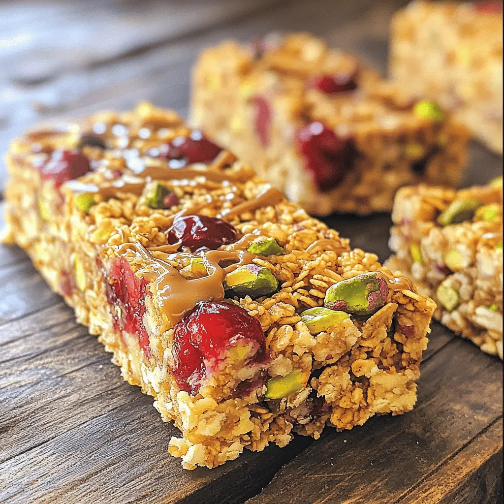 - 1 cup rolled oats - 1/2 cup unsalted pistachios, roughly chopped - 1/2 cup dried cherries, chopped These main ingredients form the base of your Cherry Pistachio Granola Bars. Rolled oats provide fiber and energy. Chopped pistachios add crunch and protein. Dried cherries bring sweetness and antioxidants. - 1/4 cup honey or maple syrup - 1/4 cup almond butter (or peanut butter) Sweeteners and binders are vital for texture. Honey or maple syrup adds natural sweetness. Almond butter or peanut butter helps hold everything together. Both also add healthy fats. - 1/4 teaspoon sea salt - 1/2 teaspoon vanilla extract - 1/4 teaspoon cinnamon (optional) - 1/4 cup mini dark chocolate chips (optional) Flavor enhancers elevate the taste. Sea salt balances sweetness. Vanilla extract gives a warm note. Cinnamon adds a cozy spice. Optional dark chocolate chips offer a fun twist. You can mix and match these ingredients based on your taste. For the full recipe, check out the detailed instructions. 1. First, preheat your oven to 350°F (175°C). 2. Line an 8x8 inch baking pan with parchment paper. Leave some paper hanging over the edges. This helps lift the bars out later. 3. In a large bowl, mix 1 cup rolled oats, 1/2 cup chopped pistachios, and 1/2 cup chopped dried cherries. 4. Add 1/4 teaspoon sea salt and, if you like, 1/4 teaspoon cinnamon. Stir well to combine. 1. Next, pour 1/4 cup almond butter and 1/4 cup honey into a small saucepan. 2. Warm over low heat for about 2-3 minutes. Stir until smooth. 3. Add 1/2 teaspoon vanilla extract to the warm mixture. Mix well. 4. Pour this warm mixture over the dry ingredients in the bowl. Stir until everything is coated. 5. If you want, fold in 1/4 cup mini dark chocolate chips for a sweet touch. 1. Now, transfer the mixture into the lined baking pan. Press it down firmly. Use a spatula or your fingers to make it even. 2. Bake for 15-20 minutes until the edges turn lightly golden. 3. Remove from the oven and let it cool in the pan for about 10 minutes. 4. After cooling, use the parchment paper to lift out the bars. Place them on a wire rack to cool completely. 5. Once cool, slice into bars and store them in an airtight container for up to one week. These Cherry Pistachio Granola Bars are a great blend of chewy and crunchy. This quick and easy recipe makes for a perfect snack or breakfast option. For the complete recipe, refer to the [Full Recipe]. You can switch up the nut butter. Try sunflower seed butter or cashew butter. This keeps your bars tasty and safe for those with nut allergies. For sweeteners, you can use agave syrup or brown rice syrup. Each option adds a unique flavor while keeping the bars sweet. To get the right texture, press the mixture firmly into the pan. Use a spatula or your hands. A tight pack helps the bars hold their shape. If your bars crumble, they likely did not stick together enough. Make sure to press down well before baking. Spices can boost the flavor of your bars. Add a pinch of nutmeg or ginger for warmth. You can also mix in seeds like chia or flaxseed for extra crunch. Feel free to add coconut flakes or dried apricots. These will give your bars a fun twist while keeping them delicious. {{image_2}} You can easily make these bars vegan. Just replace honey with agave syrup. This swap keeps the bars sweet and sticky. Also, ensure you use vegan chocolate chips if you add them. This way, everyone can enjoy these tasty treats. To make these bars gluten-free, check all ingredients carefully. Look for oats that are certified gluten-free. You can also try other grains like quinoa flakes or buckwheat for a different texture. These options offer a great taste while keeping it gluten-free. If you need a nut-free version, swap out the pistachios. Use seeds like sunflower or pumpkin seeds instead. This change still provides crunch and flavor. For the nut butter, try using sunbutter. It adds creaminess without nuts, making it safe for those with allergies. You can find the Full Recipe above to get started on these variations! To keep your cherry pistachio granola bars fresh, I suggest using airtight containers. These containers help lock in moisture and prevent them from getting stale. You can also wrap each bar in parchment paper before placing them in the container. This way, they stay together and are easy to grab on the go. When stored at room temperature, these granola bars last about one week. If you want to keep them longer, freezing is a great option. Simply wrap individual bars in plastic wrap and place them in a freezer bag. They can last up to three months in the freezer. Just thaw them in the fridge or at room temperature when you're ready to enjoy one. These granola bars are tasty on their own, but you can get creative! Try serving them with yogurt or fruit for a quick breakfast. They also pair well with a warm cup of tea or coffee. For a fun twist, break them into pieces and sprinkle them over ice cream for a crunchy topping. Enjoy the versatility of these delicious bars! Yes, you can swap cherries for other dried fruits. Here are some great ideas: - Dried cranberries - Dried apricots - Raisins - Dried blueberries - Dried figs These fruits add their unique flavor and sweetness, making your bars just as tasty. To make these granola bars nut-free, follow these tips: - Replace pistachios with seeds like sunflower or pumpkin seeds. - Use sunbutter instead of almond or peanut butter. - Check the labels on all ingredients to ensure they are nut-free. This way, you can enjoy a safe and delicious snack. Cherries and pistachios are packed with nutrition. Here’s a quick overview: - Cherries: High in antioxidants, they may reduce inflammation and improve sleep. - Pistachios: Rich in protein and fiber, they support heart health and weight management. Combining these ingredients makes for a tasty snack that fuels your body. Check the Full Recipe for more! In this post, we explored how to make delicious granola bars using simple ingredients. You learned about the main ingredients like oats, pistachios, and dried cherries. We also covered sweeteners, flavor enhancers, and step-by-step baking instructions. You can customize your bars with fun variations or substitutions. Remember, proper storage keeps them fresh. Enjoy your tasty snacks, and feel free to experiment with new ingredients. Making your own granola bars is a fun, easy way to enjoy healthy snacks anytime!