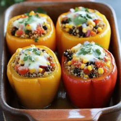 - 4 large bell peppers (red, yellow, or orange) - 1 cup quinoa, rinsed - 2 cups vegetable broth - 1 can (15 oz) black beans, drained and rinsed - 1 cup corn (fresh or frozen) - 1 teaspoon cumin - 1 teaspoon smoked paprika - 1/2 teaspoon chili powder - 1 cup diced tomatoes (canned or fresh) - 1/2 cup finely chopped red onion - 1/4 cup fresh cilantro, chopped - 1 cup shredded cheese (cheddar or a Mexican blend) - Salt and pepper to taste - Olive oil for drizzling To make stuffed bell peppers, you need fresh and vibrant ingredients. First, choose bright bell peppers. I like red, yellow, or orange for sweetness. They bring color and taste to the dish. Next, quinoa is a great base. It cooks fluffy and adds protein. I rinse it well to remove any bitterness. Use vegetable broth instead of water. This adds flavor to the quinoa while it cooks. I also love black beans for their creaminess. They make the filling hearty. Add corn for sweetness. It gives a nice crunch too. For your spices, cumin and smoked paprika bring depth. Chili powder adds warmth without too much heat. I always use diced tomatoes to keep the filling moist. Don’t forget the red onion for a slight bite. Fresh cilantro adds brightness and flavor. The cheese melts on top, making everything creamy. I drizzle olive oil for added richness and to help the peppers roast well. These ingredients come together for a tasty meal. You can find the full recipe to guide you through every step. - Preheat oven to 375°F (190°C). - Cut tops off bell peppers and remove seeds. - Place peppers upright in a baking dish. Start with the bell peppers. I love using vibrant colors like red, yellow, or orange. They make the dish pop! Cutting off the tops is easy. Just slice a little off the top. Make sure to scoop out all the seeds. This helps the filling blend perfectly with the pepper's taste. - Combine quinoa and vegetable broth in a saucepan. - Bring to a boil, then reduce heat and cover. Next, let’s cook the quinoa. I use vegetable broth for added flavor. First, rinse the quinoa under cold water. Then, mix it in a pot with the broth. Bring it to a boil. Once bubbling, lower the heat and cover it. In about 15 minutes, it will be fluffy and ready. - Combine cooked quinoa with remaining filling ingredients. - Season and mix well. Now it’s time to mix the filling! Take the cooked quinoa and place it in a large bowl. Add black beans, corn, diced tomatoes, red onion, and spices like cumin and smoked paprika. These spices give the dish a warm taste. Mix everything well. Don’t forget to season with salt and pepper! - Stuff the bell peppers with the quinoa mixture. - Drizzle with olive oil and sprinkle cheese on top. - Bake covered with foil, then uncovered for browning. Now, let’s stuff the peppers. Fill each one with the quinoa mix. Press it down gently to pack it in. Then, drizzle some olive oil over the tops and sprinkle cheese on each pepper. Cover the dish with foil and bake for 30 minutes. After that, remove the foil and bake for another 10-15 minutes. This helps the cheese melt and brown. This recipe is truly simple and fun to make! For the full recipe, check out the details provided. To make the best stuffed bell peppers, start with fluffy quinoa. Rinse the quinoa well, then cook it in vegetable broth. This adds flavor and keeps it light. Next, don’t overstuff your peppers. If you pack them too tight, the filling might spill out. Finally, check the filling's temperature with a meat thermometer. It should reach 160°F for safe eating. For a tasty meal, serve these peppers with a side salad or warm garlic bread. You can also drizzle them with salsa or hot sauce for extra flavor. This adds a nice kick and freshness to each bite. Using the right tools makes cooking easier. A good baking dish is key. I recommend a glass or ceramic dish. These materials help the peppers cook evenly. A sharp knife and cutting board are also essential for prepping the peppers. Keep your kitchen organized for a smooth cooking experience. For the complete recipe, check out the Full Recipe. {{image_2}} You can make stuffed bell peppers vegetarian or vegan. First, substitute cheese with a plant-based alternative. This keeps the dish creamy and satisfying. Next, you can add more vegetables or beans. Chopped zucchini, spinach, or mushrooms work well. Mix in chickpeas for extra protein. These options keep your meal vibrant and tasty. If you want a heartier meal, add protein. Ground turkey or beef are excellent choices. They give the dish a savory boost. You can also use diced chicken for more flavor. Cook the meat before mixing it with the quinoa and vegetables. This addition makes the stuffed peppers filling and delicious. To make this dish gluten-free, use rice instead of quinoa. It adds a different texture and taste. Be sure to check that your broth and seasonings are gluten-free. This keeps the meal safe for those with gluten allergies. These simple swaps ensure everyone can enjoy stuffed bell peppers. For the full recipe, look no further than the exciting options above! To store leftover stuffed bell peppers, let them cool first. Place them in an airtight container. You should keep them in the fridge. Proper storage helps maintain taste and texture. Leftovers last about 3 to 5 days. You can freeze stuffed peppers before or after baking. If you freeze them before, pack them in a freezer-safe container. To freeze after baking, let them cool completely first. For thawing, place them in the fridge overnight. This keeps the peppers tender. To reheat stuffed peppers, use an oven or toaster oven. Set the oven to 350°F (175°C). Cover them with foil to retain moisture. Heat for about 20 minutes. Check if they are hot all the way through. This method keeps the flavors bright and the texture firm. Stuffed bell peppers last about 3 to 5 days in the fridge. Store them in an airtight container. Look for signs of spoilage, like a bad smell or slimy texture. If you see any of these signs, throw them away to stay safe. Yes, you can prepare stuffed bell peppers ahead of time. To do this, stuff the peppers but do not bake them right away. Cover them with plastic wrap and keep them in the fridge. You can bake them later, making it easy for busy nights. If you need a substitute for quinoa, try brown rice or farro. You can also use couscous or even lentils. These grains and legumes will add different flavors and textures to your stuffed peppers. You can tell when the bell peppers are done by checking their tenderness. They should be soft but not mushy. The cheese on top should be melted and bubbly. If you use a fork, it should pierce the pepper easily. Stuffed bell peppers bring flavor and nutrients to your table. We covered essential ingredients like quinoa, beans, and cheese. I provided step-by-step instructions to make cooking easy. Don’t forget the tips for perfect texture and taste. You can personalize your meal too, whether vegetarian or with added protein. Finally, proper storage will keep leftovers fresh. With these details, you can create a delicious dish that suits any taste! Enjoy your cooking adventure!