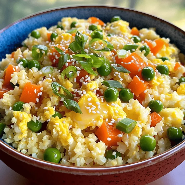 Cauliflower fried rice is a tasty and healthy dish. It uses cauliflower instead of rice. This dish cooks fast and is great for a weeknight meal. You can add your favorite veggies and proteins to make it your own. - 1 large head of cauliflower, grated or riced - 2 tablespoons coconut oil - 1 small onion, finely chopped - 2 garlic cloves, minced - 1 cup mixed vegetables (carrots, peas, bell peppers) - 2 large eggs, beaten - 3 tablespoons low-sodium soy sauce (or tamari for gluten-free) - 1 teaspoon sesame oil - 2 green onions, thinly sliced - Salt and pepper to taste - Optional: sesame seeds for garnish These ingredients combine to create a colorful and flavorful dish. The cauliflower provides a great base while the veggies add crunch and color. The soy sauce brings savory depth, and eggs add protein. You can find the full recipe and instructions above. To start, you need to rice the cauliflower. Take one large head of cauliflower. You can use a box grater or a food processor. If using a grater, just grate until it looks like rice. If using a food processor, pulse it gently until it’s fine. Set the riced cauliflower aside. Next, grab a large skillet or wok. Heat 2 tablespoons of coconut oil over medium heat. Once the oil is hot, add the finely chopped onion. Cook the onion for about 3-4 minutes. You want it to become soft and clear. Then, add 2 minced garlic cloves and 1 cup of mixed vegetables. Stir and cook for another 3-5 minutes until the veggies are tender. Now, push the vegetable mixture to one side of the pan. Pour the 2 beaten eggs onto the other side. Let the eggs cook until they are firm. Then, mix the scrambled eggs into the vegetables. This adds nice flavor and protein. It’s time to mix everything. Add the riced cauliflower to the skillet. Pour in 3 tablespoons of low-sodium soy sauce and 1 teaspoon of sesame oil. Stir everything well to combine. Cook for about 5-7 minutes. The goal is for the cauliflower to be tender but not mushy. Finally, season your dish with salt and pepper to taste. Fold in 2 thinly sliced green onions for a fresh touch. Remove the pan from heat. Serve your cauliflower fried rice hot. If you like, sprinkle sesame seeds on top for garnish. Enjoy your meal! When picking cauliflower, look for a large head that feels firm. The florets should be white, with no brown spots. Fresh cauliflower has tightly packed florets and green leaves. Choosing a fresh head will give your fried rice the best flavor. To get the right texture, rice the cauliflower well. You can use a box grater or a food processor. Aim for small, even pieces. This helps it cook evenly. Cook the cauliflower over medium heat. This keeps it tender without making it mushy. Stir often to avoid burning. Soy sauce is key for flavor. You can also use tamari for a gluten-free option. A splash of sesame oil adds a rich taste. Don’t forget salt and pepper to enhance the dish. Feel free to add garlic powder or ginger for extra kick! Serve your cauliflower fried rice hot. You can top it with sliced green onions for color. For added crunch, sprinkle sesame seeds on top. Pair it with grilled chicken or shrimp for more protein. This dish works well as a side or a main meal. {{image_2}} You can boost the protein in your cauliflower fried rice easily. Adding chicken, shrimp, or tofu makes it heartier. For chicken, use cooked, shredded pieces. For shrimp, toss in raw shrimp and cook until pink. If you prefer tofu, cube it and sauté until golden. Mix the protein in when you add the riced cauliflower. This helps blend the flavors well. Feel free to swap out the mixed vegetables for your favorites. Broccoli, zucchini, or corn work great too. You can even add leafy greens like spinach or kale for extra nutrients. Just ensure they are cut into small pieces for even cooking. You can add them at the same time as the garlic, so they soften nicely. You can change the flavor of your dish by adding spices or sauces. For a spicy kick, add red pepper flakes or sriracha. If you like sweet flavors, try adding pineapple chunks or sweet soy sauce. Mixing in fresh herbs like cilantro or basil can also enhance the taste. Experiment to find your favorite flavor profile. You can find the full recipe [here]. After enjoying your cauliflower fried rice, let it cool first. Then, put it in an airtight container. This keeps it fresh for later meals. You can store it in the fridge for up to three days. If you want to keep it longer, consider freezing it. To reheat your cauliflower fried rice, use a skillet or microwave. If using a skillet, add a splash of water or oil. Heat over medium until it's warm. If using a microwave, heat in 30-second bursts. Stir between heats to avoid hot spots. This keeps the texture nice and avoids mushiness. Freezing is a great way to save leftover cauliflower fried rice. Place the cooled rice in a freezer-safe bag. Squeeze out as much air as possible to prevent freezer burn. It can last up to three months. When you're ready to eat, thaw it in the fridge overnight. Then, reheat as mentioned above. Cauliflower fried rice is a healthy twist on the classic dish. Instead of rice, we use cauliflower. This veggie is grated or riced to mimic the texture of rice. You can stir-fry it with your favorite veggies, eggs, and sauces. It's quick, tasty, and low in carbs. Yes, cauliflower fried rice is quite healthy! It is lower in calories and carbs than regular fried rice. Cauliflower is rich in vitamins and fiber. It can help with digestion and weight management. Plus, you can add colorful veggies for more nutrients. Absolutely! To make it vegan, just skip the eggs. You can replace them with tofu or chickpeas for protein. Use soy sauce and add more veggies. This keeps the dish tasty and satisfying without animal products. To keep cauliflower from getting mushy, avoid overcooking it. Make sure to sauté it on medium-high heat. Stir-fry for only about 5-7 minutes until just tender. Keeping the texture firm adds to the dish's appeal. You can serve cauliflower fried rice alongside many dishes. It pairs well with grilled chicken, shrimp, or tofu. Try it with a side of steamed vegetables or a fresh salad. You can also enjoy it on its own as a light meal. For the full recipe, check out the [Full Recipe]. This article covered how to make cauliflower fried rice. You learned about key ingredients, step-by-step cooking instructions, and helpful tips. I shared variations to customize your dish and best storage practices for leftovers. Cauliflower fried rice is a tasty and healthy option for any meal. Try it out, and explore all the fun ways to make it your own. Enjoy cooking, and happy eating!