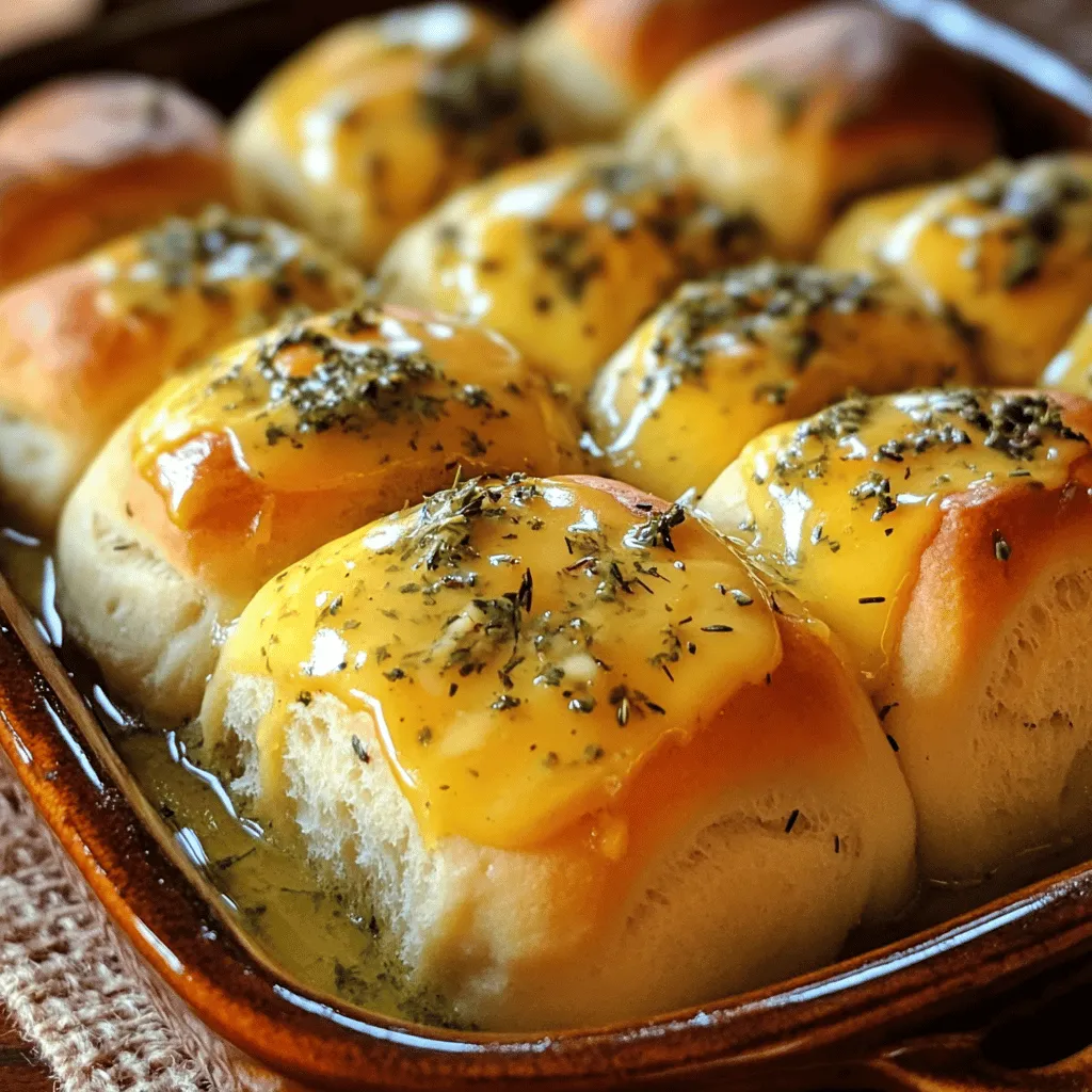 - 4 cups all-purpose flour - 2 tablespoons sugar - 1 packet (2 ¼ teaspoons) instant yeast - 1 teaspoon salt - 1 cup warm milk (110°F) - 4 tablespoons unsalted butter, melted - 1 egg - 2 teaspoons dried mixed herbs (like thyme, oregano, and rosemary) - 1/4 cup unsalted butter, softened (for topping) - Fresh herbs for garnish (optional) You can swap out regular flour for gluten-free flour if needed. For a dairy-free option, try almond milk or coconut milk instead of regular milk. You can use coconut oil or a vegan butter spread in place of the unsalted butter. Fresh herbs offer a bright and vibrant flavor. They can lift your rolls to new heights. Dried herbs are easier to use and have a concentrated taste, but they lack the fresh punch. When using fresh herbs, chop them fine to help release their oils. Add them to the dough or sprinkle them on top for aroma and taste. Always remember to adjust the amount, as fresh herbs are less potent than dried ones. This approach to herbs can enhance your Buttery Herb Pull-Apart Rolls, making them even more delicious. Check out the Full Recipe to see how these ingredients come together in this tasty treat! - Step 1: Combine dry ingredients In a large bowl, add 4 cups of all-purpose flour, 2 tablespoons of sugar, 1 packet of instant yeast, and 1 teaspoon of salt. Stir these together well. This mix gives your rolls their structure and flavor. - Step 2: Whisk wet ingredients In another bowl, whisk together 1 cup of warm milk, 4 tablespoons of melted butter, and 1 egg. Make sure the milk is warm, not hot. This warmth helps the yeast activate and grow. - Step 3: Form the dough Gradually pour the wet mix into the dry mix, stirring until a dough forms. Once it forms, knead the dough by hand or with a mixer for about 8-10 minutes. The dough should feel smooth and elastic. - Step 4: First rise Place the dough in a greased bowl and cover it with a kitchen towel. Let it rise in a warm spot for about 1 hour. The dough should double in size, making it light and fluffy. - Step 5: Dividing the dough After the first rise, punch down the dough. Divide it into 24 equal pieces. Roll each piece into a ball. This step shapes the rolls and gives them a nice texture. - Step 6: Preparing herb butter In a small bowl, mix 1/4 cup of softened butter with 2 teaspoons of dried mixed herbs. This herb butter will add a rich flavor to your rolls. - Step 7: Second rise Dip each dough ball into the herb butter. Place them in a greased baking dish, close together. Cover the dish with a towel and let it rise again for about 30 minutes. - Step 8: Baking and finishing touches Preheat your oven to 350°F. Bake the rolls for 20-25 minutes until they are golden brown. Once done, brush any leftover herb butter on top to enhance the flavor. Let them cool for a few minutes before serving. For the full recipe, check out the complete guide. How do you know when the dough is ready? The dough should feel soft and slightly tacky. If it sticks too much, add a bit more flour. When you poke the dough, it should spring back gently. This means it's ready to rise. Kneading techniques are also key. Knead the dough for about 8-10 minutes. Use the heel of your hand to push the dough away. Fold it back and turn it. This builds strength and makes the rolls fluffy. One mistake is over-proofing the dough. If you let it rise too long, your rolls may collapse. Keep an eye on the dough. It should double in size but not over-expand. Another common error is incorrect oven temperatures. Always preheat your oven well. If it's too hot, the rolls may burn. If it's too cold, they won't rise. Use an oven thermometer to check the temp for best results. What are the best accompaniments for Buttery Herb Pull-Apart Rolls? Serve them warm with herb butter on the side. You can also add olive oil for dipping. This enhances the herb flavors and creates a tasty experience. For a creative presentation, serve the rolls in their baking dish. Garnish with fresh herbs for color. You can also use a wooden board for a rustic look. Arrange the rolls in a circle for an eye-catching display. If you want to explore the full recipe for these delicious rolls, check out the Full Recipe for detailed steps and tips. {{image_2}} You can make these rolls even better! Adding cheese is a great idea. Try sharp cheddar or nutty parmesan for a tasty twist. You can also mix in garlic for a strong flavor. Fresh herbs, like basil or dill, give a nice pop too. Experiment with different herbs to find your favorite mix. If you want a vegan option, swap the egg for a flaxseed mix. Use plant-based butter and almond milk instead of dairy. This way, everyone can enjoy the rolls. For those on a low-carb diet, try using almond flour or coconut flour. You’ll still get a soft roll without the carbs. You can serve these rolls in different ways. Pull-apart rolls are fun for sharing. Each person can take a piece easily. If you prefer, you can shape them into individual dinner rolls. Mini rolls work well too, perfect for appetizers. They are great for parties or gatherings. You can find the full recipe for these rolls, so don’t miss it! To keep your leftover rolls fresh, start by letting them cool. Once cool, place them in an airtight container. You can also wrap them in plastic wrap. This helps keep them soft and moist. Store the rolls in the fridge if you won't eat them within a few days. This will keep them fresh longer. When you want to enjoy your rolls again, you can reheat them easily. The best way is to use an oven. Preheat it to 350°F (175°C). Place the rolls on a baking sheet and cover them with foil. This keeps the steam in, making them soft. Heat for about 10-15 minutes. Avoid using a microwave, as it can dry them out. You can freeze your rolls both before and after baking. If you freeze them before baking, form the rolls and place them on a baking sheet. Freeze them until solid, then transfer to a bag. For after baking, let them cool completely, wrap them in plastic, and then in foil. When you're ready to eat them, thaw in the fridge overnight. Reheat them in the oven as mentioned above. This way, you can enjoy your buttery herb pull-apart rolls anytime! Making these rolls takes about two hours total. This includes 15 minutes for prep and about 1 hour for the first rise. After that, you’ll need around 30 minutes for the second rise. Finally, bake them for 20 to 25 minutes until they are golden brown. Yes, you can make the dough ahead of time. After kneading, let it rise for one hour. Then punch it down and wrap it tightly. You can store the dough in the fridge for up to 24 hours. When ready to use, let it sit at room temperature for about 30 minutes before shaping. Leftover rolls can be used in many ways. You can slice them for sandwiches or serve them with soup. You can also make bread pudding by cubing the rolls and soaking them in a sweet custard. Another fun idea is to toast them and use them as croutons for salads. For the best flavor, I recommend using a mix of thyme, oregano, and rosemary. These herbs blend well and add a savory taste. Fresh herbs can also be great, but you’ll need to use more since they are milder. You can experiment with other herbs like basil or parsley for a unique twist. You now know how to make Buttery Herb Pull-Apart Rolls from scratch. We covered the key ingredients, step-by-step instructions, and helpful tips. Remember, fresh herbs add special flavor, while substitutions make this recipe versatile. Follow the tips to avoid common mistakes, and explore variations to suit your tastes. Proper storage keeps your rolls fresh, and the FAQs help if you have questions. Bake these rolls to impress anyone at your table. Enjoy your delicious creation!
