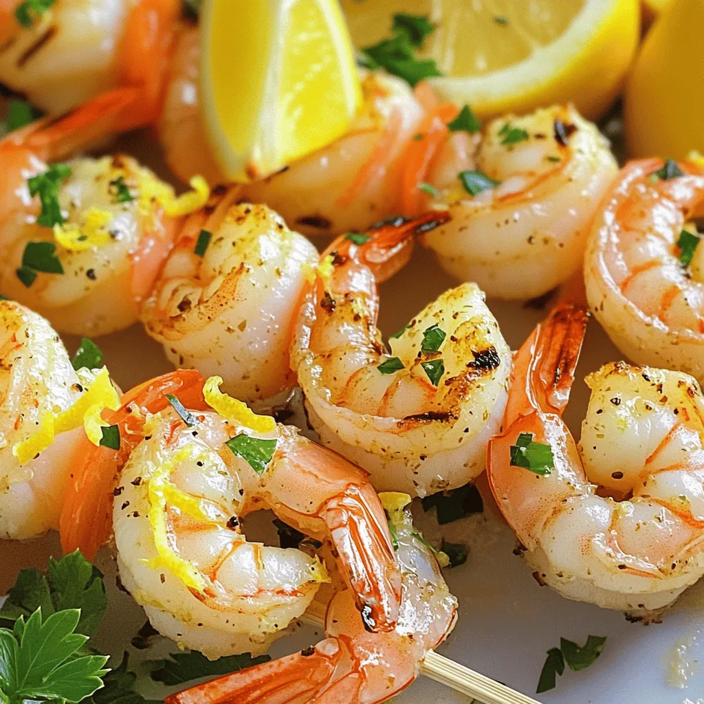 To make Lemon Garlic Shrimp Skewers, you need these items: - 1 pound large shrimp, peeled and deveined - 3 tablespoons olive oil - 4 cloves garlic, minced - Zest of 1 lemon - Juice of 1 lemon - 1 teaspoon crushed red pepper flakes - Salt and pepper to taste - Fresh parsley, chopped (for garnish) - Skewers (wooden or metal) You can swap some ingredients if needed. Here are a few ideas: - Use shrimp of any size you like. Medium shrimp will also work well. - If you don’t have olive oil, try avocado oil for a similar taste. - You can use garlic powder instead of fresh garlic if you're in a hurry. - For a citrus twist, substitute lime juice for lemon juice. - If you want less heat, leave out the red pepper flakes. Fresh shrimp is often the best choice. It has a better texture and flavor. However, frozen shrimp can also be great. Look for shrimp that is flash-frozen right after catch. This keeps them fresh. When using frozen shrimp, thaw them in the fridge overnight or under cold running water. Pat them dry before marinating. This helps the marinade stick better. You can find the full recipe [here](#). To start, gather your ingredients for the marinade. In a mixing bowl, combine: - 3 tablespoons olive oil - 4 cloves garlic, minced - Zest of 1 lemon - Juice of 1 lemon - 1 teaspoon crushed red pepper flakes - Salt and pepper to taste Whisk these together. This will create a flavorful mix that will bring out the best in the shrimp. Next, add 1 pound of large shrimp, peeled and deveined, to your marinade. Make sure each shrimp is fully coated. Cover the bowl and let it sit in the fridge for at least 30 minutes. This step is key. It allows the shrimp to absorb all the tasty flavors. When the shrimp are ready, soak wooden skewers in water for 10-15 minutes. This prevents them from burning on the grill. Preheat your grill or grill pan over medium-high heat. Now, thread the marinated shrimp onto the skewers. Place them close but not too tight. Grill the skewers for about 2-3 minutes on each side. They should turn pink and opaque when done. Once cooked, remove the skewers from the grill. Garnish with freshly chopped parsley, and serve with lemon wedges for extra zest. Enjoy this easy and tasty dish! For the full recipe, check out the "Full Recipe" section. Grilling shrimp is easy if you follow a few key tips. First, always use large shrimp. They hold up well on skewers and cook nicely. Make sure they are peeled and deveined. This makes for a cleaner bite. Soak wooden skewers in water for at least 10-15 minutes. This prevents them from burning on the grill. Preheat your grill to medium-high heat. A hot grill gives you nice, charred marks. To get the best flavor, marinate your shrimp for at least 30 minutes. Use a mix of olive oil, garlic, lemon zest, lemon juice, and spices. This combination makes the shrimp bright and tasty. If you want an extra kick, add more crushed red pepper flakes. When grilling, do not overcrowd the skewers. This helps each shrimp get even heat. Flip them only once to keep them juicy. Pair your lemon garlic shrimp skewers with fresh, light sides. A simple green salad with a lemon vinaigrette works great. You can also serve grilled veggies like zucchini or bell peppers. Rice or quinoa add a nice touch too. For a fun twist, serve them with garlic bread. The options are endless! For the full recipe, check the earlier section. {{image_2}} You can add colorful vegetables to your skewers. Bell peppers, zucchini, and cherry tomatoes work great. Cut them into bite-sized pieces. Mix them with the shrimp for a tasty treat. They add flavor and nutrition. You can use any vegetable you like. Just make sure they grill well! If you want to switch things up, try different marinades. A soy sauce and ginger mix is delicious. You can also use a honey and mustard blend for a sweet twist. Each marinade gives the shrimp a new flavor. Experimenting helps you find what you love best. Don't be afraid to play with herbs too! To spice things up, add more crushed red pepper flakes. You can also mix in some hot sauce for extra heat. If you prefer a milder dish, skip the red pepper. You can use lemon zest and garlic for great flavor without the spice. Adjust the heat to match your taste! To store leftover shrimp skewers, let them cool first. Place them in an airtight container. Keep them in the fridge for up to two days. This helps keep them fresh and tasty. Reheat shrimp skewers in the oven for the best results. Preheat your oven to 350°F (175°C). Place the skewers on a baking tray and cover with foil. Heat for about 10 minutes until warm. You can also use a microwave. Just heat for 30 seconds at a time until they are warm. To freeze shrimp skewers, wrap them tightly in plastic wrap. Then, place them in a freezer bag. Label the bag with the date. They can last up to three months in the freezer. When ready to eat, thaw them in the fridge overnight. Reheat them as mentioned above for the best taste. Enjoy these delicious shrimp skewers later! For more details, check the Full Recipe. For skewers, I prefer large or jumbo shrimp. They hold their shape well during grilling. Plus, they cook evenly and stay juicy. Look for shrimp that are fresh or frozen with no added preservatives. Yes, you can use a stovetop grill or an oven. If using a stovetop grill, preheat it to medium-high. For the oven, broil the skewers at high heat. Both methods work well for cooking shrimp. Soak wooden skewers for about 10 to 15 minutes. This helps prevent them from burning on the grill. Make sure to keep them submerged in water during this time. Yes, you can prepare the shrimp ahead of time. Marinate them and store in the fridge for up to 24 hours. Just remember to grill them fresh for the best flavor and texture. You can find the full recipe for Lemon Garlic Shrimp Skewers in the article above. It includes all the details you need for this tasty dish! In this post, we covered how to make tasty shrimp skewers from start to finish. We discussed the best ingredients, marinating steps, and grilling tips. You learned how to add your own twist with different flavors and sides. Remember, fresh shrimp is great, but frozen works too. Store leftovers properly to enjoy later. Now, get grilling and enjoy your delicious shrimp skewers!
