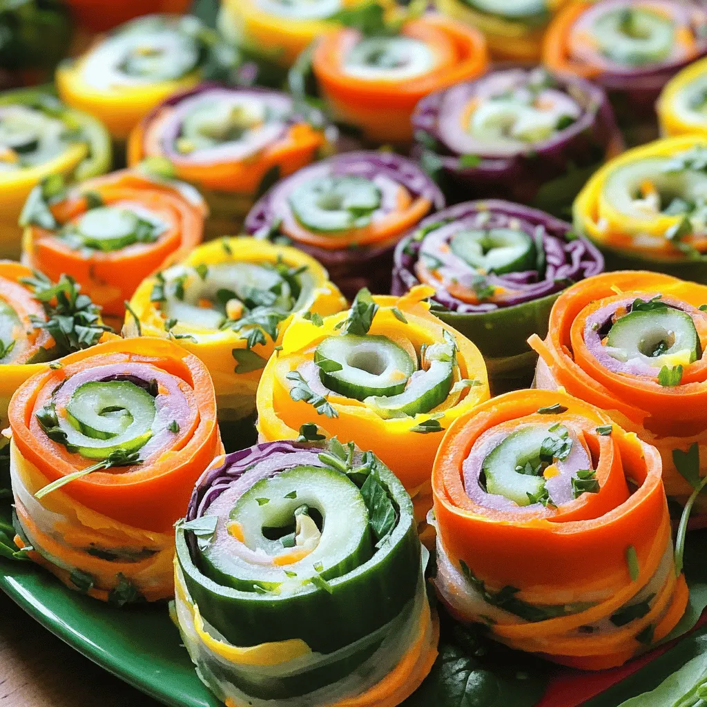 To make Rainbow Veggie Pinwheels, you need a few simple ingredients. Here’s what you’ll need: - Whole wheat tortillas - Cream cheese or vegan cream cheese - Garlic powder and dried dill - Assorted colorful vegetables: - Shredded carrots - Chopped baby spinach - Thinly sliced red bell pepper - Thinly sliced yellow bell pepper - Thinly sliced cucumber - Shredded purple cabbage - Salt and pepper for seasoning - Optional garnish: fresh herbs These ingredients create a vibrant and tasty snack. You can mix and match the veggies based on what you like. Using colorful vegetables not only makes the pinwheels pretty but also packs them with good nutrients. For a full guide, check out the Full Recipe. First, grab a mixing bowl. Add the softened cream cheese, garlic powder, dill, salt, and pepper. Mix these ingredients well until smooth. This mixture gives the pinwheels great flavor. Lay one tortilla flat on a clean surface. Spread about a quarter of the cream cheese mixture evenly across the tortilla. Next, it’s time to layer the veggies. Start with shredded carrots, then add chopped spinach. Follow with red and yellow bell pepper slices, cucumber slices, and purple cabbage. Keep it neat and organized. After adding the veggies, tightly roll the tortilla from one end to the other. Make sure the filling stays inside as you roll. Once you finish rolling, take a sharp knife and cut the roll into 1-inch pinwheel segments. Repeat these steps for the remaining tortillas. Arrange the pinwheels on a colorful serving platter. For a fun touch, garnish with fresh herbs. You can also check out the [Full Recipe] for more details and tips to enhance your pinwheels! To make the best rainbow veggie pinwheels, start with even layers. Spread the cream cheese mix all the way to the edges of the tortilla. This way, every bite gets flavor and color. Use whole wheat tortillas for a soft and flexible roll. They hold the fillings well and add a nice taste. If gluten-free, choose a gluten-free tortilla that suits your taste. When slicing, use a sharp knife. Aim for clean cuts by pressing down without sawing. This keeps the layers intact and looks nice on your plate. Serve your pinwheels with tasty dips. Hummus or ranch dressing works well. You can also use salsa for a zesty kick. These dips enhance the flavors and make it fun to eat. For a great presentation, place the pinwheels on a colorful platter. Add some fresh herbs around them for a pop of color. You can also stack them or stand them up for a fun look at gatherings. For the full recipe, check out the detailed steps above. {{image_2}} If you're looking for a vegan twist, swap the cream cheese with vegan cream cheese. This simple change keeps the creamy texture while making it plant-based. Many brands offer great vegan options that taste just as rich and delicious. For those who are gluten-sensitive, choose gluten-free tortillas. Many stores have options made from rice or almond flour. These will hold your colorful fillings just as well! Want to spice things up? Adding fresh herbs like basil or cilantro can enhance the flavor. You can also try sprinkling in some chili flakes for a kick. Feel free to change the filling to suit your tastes. You can add avocado for creaminess or use roasted red peppers for a smoky flavor. Try using different vegetables like zucchini, arugula, or even artichoke spread. The choices are endless, and you can mix and match for a new taste each time! For the full recipe, check out the Rainbow Veggie Pinwheels section above. To keep your rainbow veggie pinwheels fresh, place them in an airtight container. This method helps retain their taste and texture. If you do not have a container, wrap them tightly in plastic wrap. Store the pinwheels in the fridge. They will stay fresh for up to three days. After that, the veggies may lose their crunch. Yes, you can freeze rainbow veggie pinwheels! They freeze well and make for a quick snack later. To freeze, first wrap each pinwheel in plastic wrap. Then, place the wrapped pinwheels in a freezer bag. Make sure to remove as much air as possible. They can last in the freezer for up to three months. To serve frozen pinwheels, take them out of the freezer and thaw in the fridge for several hours. Once thawed, slice and enjoy! You can also serve them cold, or warm them slightly in a microwave for about 10 to 15 seconds. This adds a nice touch to the cream cheese. Just remember, do not overheat them! Check out the Full Recipe for more details on how to make these delicious snacks. Yes, you can make rainbow veggie pinwheels ahead of time. I often prepare them a few hours before serving. Just wrap them tightly in plastic wrap. This keeps them fresh and tasty until you are ready to serve. If you need a substitute for cream cheese, try using hummus or Greek yogurt. Both options add creaminess and flavor. Vegan cream cheese also works great if you want a dairy-free choice. To make pinwheels more filling, add protein-rich ingredients. Try adding slices of turkey, chicken, or cheese. You can also include beans or lentils for a vegetarian option. These additions will keep you satisfied longer. Absolutely! Kids love rainbow veggie pinwheels. They’re colorful, fun, and easy to eat. You can let kids help with the assembly. This can make them more excited to eat healthy veggies. To prevent soggy pinwheels, keep the veggies dry. Pat them with a paper towel before using. Also, don’t spread the cream cheese too far to the edge. This keeps moisture from soaking the tortilla. Enjoy making these tasty snacks! For the full recipe, check out the details above. Rainbow veggie pinwheels are a fun and tasty snack. You can make them with whole wheat tortillas and cream cheese, packed with fresh veggies. Follow the steps for a creamy mixture and colorful layers. Remember tips for perfect slices and serving ideas. With these easy recipes and variations, you can enjoy healthy bites anytime. Try making them ahead for parties, or get creative with flavors. These pinwheels are simple, healthy, and sure to impress anyone who tries them. Enjoy your cooking!