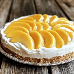 - 1 ½ cups graham cracker crumbs - ½ cup unsalted butter, melted - 2 cups cream cheese, softened - 1 cup powdered sugar - 1 teaspoon vanilla extract - 1 cup heavy whipping cream - 2 cups fresh peaches, peeled and sliced - 1 tablespoon lemon juice - 1 tablespoon gelatin powder (optional, for a firmer texture) - 3 tablespoons cold water (if using gelatin) Use standard measuring cups and spoons for accuracy. This helps ensure great results. - Graham cracker crumbs: These form a sweet, crunchy base. You can crush whole crackers or buy pre-made crumbs. - Cream cheese: Use full-fat cream cheese for the best flavor and texture. Ensure it is soft for easy mixing. - Fresh peaches: Look for ripe, juicy peaches. They add natural sweetness and flavor to the cheesecake. - Gelatin powder: This is optional. It helps the cheesecake hold its shape. If you skip it, the cheesecake remains creamy and soft. - Heavy whipping cream: Whipping it adds lightness to the filling. Make sure to whip it until stiff peaks form. This recipe combines these ingredients to create a rich and creamy delight. Check out the Full Recipe for complete guidance! To start, take a mixing bowl. Combine the graham cracker crumbs with melted butter. Mix until it looks like wet sand. Grab a 9-inch springform pan and press the mixture firmly into the bottom. This creates your crust. Chill the crust in the fridge for 30 minutes. This helps it set well. In a large bowl, beat the softened cream cheese with an electric mixer. You want it smooth and creamy. Gradually add the powdered sugar and vanilla extract. Keep mixing until everything blends nicely. In another bowl, whip the heavy cream until it forms stiff peaks. This step adds lightness to your cheesecake. Gently fold the whipped cream into the cream cheese mixture. Make sure it mixes well without losing air. Next, take your fresh peach slices. Toss them in lemon juice. This keeps them from turning brown. Add half of the peach slices to the cream cheese mixture. Fold them in gently to keep the filling fluffy. If you want a firmer cheesecake, you can use gelatin. Dissolve the gelatin powder in cold water. Let it sit for 5 minutes, then heat it gently until melted. Stir this into your cream cheese mix before adding the peaches. Now, pour the cheesecake filling over your chilled crust. Smooth the top with a spatula. Decorate with the remaining peach slices on top. Cover the cheesecake with plastic wrap. Refrigerate it for at least 4 hours or, better yet, overnight. This chilling time is key for the cheesecake to set properly. When you’re ready to serve, carefully remove the sides of the springform pan. Slice and enjoy your peachy treat! For the full recipe, check out the complete instructions above. One big mistake is skipping the chilling step. This step helps the cheesecake set properly. If you rush, your cheesecake can be too soft. Another mistake is not mixing the cream cheese enough. You want it smooth to avoid lumps. Always use room temperature cream cheese. Cold cream cheese doesn’t blend well. For a rich and creamy texture, whip your heavy cream until stiff peaks form. Be gentle when folding it into the cream cheese mixture. This keeps the cheesecake light and fluffy. If you want a firmer texture, use gelatin. Dissolve it in cold water first, then heat until melted. This step helps your cheesecake hold its shape better. Using fresh peaches makes a big difference. They add bright flavor and great texture. Tossing them with lemon juice helps keep them fresh and bright. You can also add a splash of almond extract for depth. This little twist can elevate the flavor. Always choose ripe, fragrant peaches for the best taste. You’ll love how fresh ingredients make your cheesecake shine. For the complete recipe, check the [Full Recipe]. {{image_2}} You can switch peaches for other fruits. Try strawberries, blueberries, or raspberries. Each fruit gives a new taste. I love using mixed berries for a colorful look. You can also use tropical fruits like mango or pineapple. These fruits add a fun twist to your cheesecake. If you need gluten-free options, use gluten-free graham crackers for the crust. You can also swap cream cheese for dairy-free cream cheese if you're lactose intolerant. For a lower-sugar version, use a sugar substitute in place of powdered sugar. These swaps keep the cheesecake tasty and friendly for many diets. Want to amp up the flavor? Add a pinch of cinnamon or nutmeg to the filling. A drop of almond or coconut extract can make the flavor pop. You can even fold in some lemon zest for a zing. These little twists make a big difference and keep every bite exciting. Feel free to explore these options and make this No-Bake Peach Cheesecake your own. For the complete recipe, check out the Full Recipe section. To store your leftover no-bake peach cheesecake, first cover it well. Use plastic wrap or aluminum foil to keep it fresh. You can also use an airtight container. Place it in the fridge. This way, it stays cool and tasty for up to three days. You can freeze your cheesecake for later. First, let it chill in the fridge for at least four hours. Once set, wrap it tightly in plastic wrap. Then, put it in a freezer-safe container. This helps prevent freezer burn. You can freeze it for up to two months. When you’re ready to enjoy it, thaw it in the fridge overnight before serving. The cheesecake lasts about three days in the fridge. After that, it may lose its taste and texture. Always check for signs of spoilage, like off smells or changes in color. Use leftover cheesecake in fun ways. Crumble it over yogurt or mix it into smoothies for a tasty treat. You can also make mini cheesecakes in jars for easy snacks. For the full recipe, check out the details above. A no-bake cheesecake is a creamy dessert that doesn’t need an oven. It uses cream cheese, sugar, and whipped cream to create a smooth filling. You mix everything and chill it in the fridge until it sets. This makes it easy and fun to make, perfect for warm days. Yes, you can use canned peaches instead of fresh ones. Just make sure to drain them well. Canned peaches often have added sugar, so you might want to cut back on the sugar in the recipe. Fresh peaches add a nice texture and taste, but canned peaches work fine, too. You will know the cheesecake is set when it feels firm to the touch. After chilling for at least four hours, check the edges. They should be firm, while the center may still be a bit soft. If you press gently, it should not jiggle much. If you like it firmer, leave it in the fridge for longer. You can serve your cheesecake with a variety of tasty options. Here are some ideas: - Fresh peach slices on top - A drizzle of honey or caramel sauce - A dollop of whipped cream - A scoop of vanilla ice cream These additions can make your cheesecake even more delightful. You’ve learned how to make a no-bake peach cheesecake step by step. We covered all the ingredients, measurements, and key notes. I also shared tips to prevent common mistakes and achieve the best texture. You discovered fun variations, storage tips, and answers to FAQs. Now you’re ready to impress with your cheesecake. Enjoy making this sweet treat!