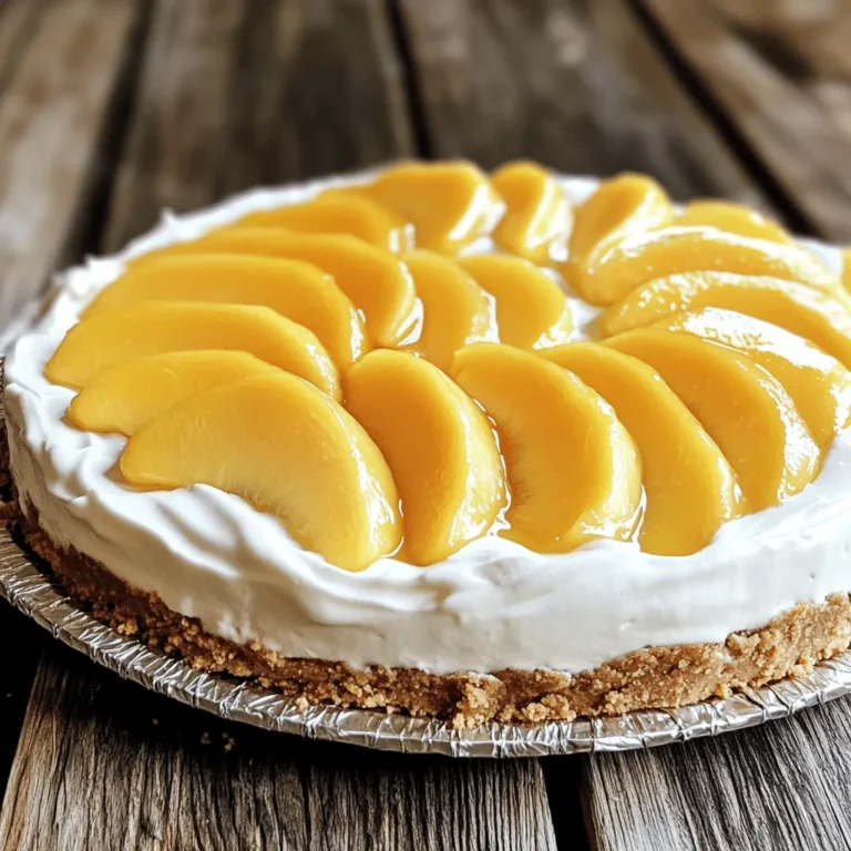 - 1 ½ cups graham cracker crumbs - ½ cup unsalted butter, melted - 2 cups cream cheese, softened - 1 cup powdered sugar - 1 teaspoon vanilla extract - 1 cup heavy whipping cream - 2 cups fresh peaches, peeled and sliced - 1 tablespoon lemon juice - 1 tablespoon gelatin powder (optional, for a firmer texture) - 3 tablespoons cold water (if using gelatin) Use standard measuring cups and spoons for accuracy. This helps ensure great results. - Graham cracker crumbs: These form a sweet, crunchy base. You can crush whole crackers or buy pre-made crumbs. - Cream cheese: Use full-fat cream cheese for the best flavor and texture. Ensure it is soft for easy mixing. - Fresh peaches: Look for ripe, juicy peaches. They add natural sweetness and flavor to the cheesecake. - Gelatin powder: This is optional. It helps the cheesecake hold its shape. If you skip it, the cheesecake remains creamy and soft. - Heavy whipping cream: Whipping it adds lightness to the filling. Make sure to whip it until stiff peaks form. This recipe combines these ingredients to create a rich and creamy delight. Check out the Full Recipe for complete guidance! To start, take a mixing bowl. Combine the graham cracker crumbs with melted butter. Mix until it looks like wet sand. Grab a 9-inch springform pan and press the mixture firmly into the bottom. This creates your crust. Chill the crust in the fridge for 30 minutes. This helps it set well. In a large bowl, beat the softened cream cheese with an electric mixer. You want it smooth and creamy. Gradually add the powdered sugar and vanilla extract. Keep mixing until everything blends nicely. In another bowl, whip the heavy cream until it forms stiff peaks. This step adds lightness to your cheesecake. Gently fold the whipped cream into the cream cheese mixture. Make sure it mixes well without losing air. Next, take your fresh peach slices. Toss them in lemon juice. This keeps them from turning brown. Add half of the peach slices to the cream cheese mixture. Fold them in gently to keep the filling fluffy. If you want a firmer cheesecake, you can use gelatin. Dissolve the gelatin powder in cold water. Let it sit for 5 minutes, then heat it gently until melted. Stir this into your cream cheese mix before adding the peaches. Now, pour the cheesecake filling over your chilled crust. Smooth the top with a spatula. Decorate with the remaining peach slices on top. Cover the cheesecake with plastic wrap. Refrigerate it for at least 4 hours or, better yet, overnight. This chilling time is key for the cheesecake to set properly. When you’re ready to serve, carefully remove the sides of the springform pan. Slice and enjoy your peachy treat! For the full recipe, check out the complete instructions above. One big mistake is skipping the chilling step. This step helps the cheesecake set properly. If you rush, your cheesecake can be too soft. Another mistake is not mixing the cream cheese enough. You want it smooth to avoid lumps. Always use room temperature cream cheese. Cold cream cheese doesn’t blend well. For a rich and creamy texture, whip your heavy cream until stiff peaks form. Be gentle when folding it into the cream cheese mixture. This keeps the cheesecake light and fluffy. If you want a firmer texture, use gelatin. Dissolve it in cold water first, then heat until melted. This step helps your cheesecake hold its shape better. Using fresh peaches makes a big difference. They add bright flavor and great texture. Tossing them with lemon juice helps keep them fresh and bright. You can also add a splash of almond extract for depth. This little twist can elevate the flavor. Always choose ripe, fragrant peaches for the best taste. You’ll love how fresh ingredients make your cheesecake shine. For the complete recipe, check the [Full Recipe]. {{image_2}} You can switch peaches for other fruits. Try strawberries, blueberries, or raspberries. Each fruit gives a new taste. I love using mixed berries for a colorful look. You can also use tropical fruits like mango or pineapple. These fruits add a fun twist to your cheesecake. If you need gluten-free options, use gluten-free graham crackers for the crust. You can also swap cream cheese for dairy-free cream cheese if you're lactose intolerant. For a lower-sugar version, use a sugar substitute in place of powdered sugar. These swaps keep the cheesecake tasty and friendly for many diets. Want to amp up the flavor? Add a pinch of cinnamon or nutmeg to the filling. A drop of almond or coconut extract can make the flavor pop. You can even fold in some lemon zest for a zing. These little twists make a big difference and keep every bite exciting. Feel free to explore these options and make this No-Bake Peach Cheesecake your own. For the complete recipe, check out the Full Recipe section. To store your leftover no-bake peach cheesecake, first cover it well. Use plastic wrap or aluminum foil to keep it fresh. You can also use an airtight container. Place it in the fridge. This way, it stays cool and tasty for up to three days. You can freeze your cheesecake for later. First, let it chill in the fridge for at least four hours. Once set, wrap it tightly in plastic wrap. Then, put it in a freezer-safe container. This helps prevent freezer burn. You can freeze it for up to two months. When you’re ready to enjoy it, thaw it in the fridge overnight before serving. The cheesecake lasts about three days in the fridge. After that, it may lose its taste and texture. Always check for signs of spoilage, like off smells or changes in color. Use leftover cheesecake in fun ways. Crumble it over yogurt or mix it into smoothies for a tasty treat. You can also make mini cheesecakes in jars for easy snacks. For the full recipe, check out the details above. A no-bake cheesecake is a creamy dessert that doesn’t need an oven. It uses cream cheese, sugar, and whipped cream to create a smooth filling. You mix everything and chill it in the fridge until it sets. This makes it easy and fun to make, perfect for warm days. Yes, you can use canned peaches instead of fresh ones. Just make sure to drain them well. Canned peaches often have added sugar, so you might want to cut back on the sugar in the recipe. Fresh peaches add a nice texture and taste, but canned peaches work fine, too. You will know the cheesecake is set when it feels firm to the touch. After chilling for at least four hours, check the edges. They should be firm, while the center may still be a bit soft. If you press gently, it should not jiggle much. If you like it firmer, leave it in the fridge for longer. You can serve your cheesecake with a variety of tasty options. Here are some ideas: - Fresh peach slices on top - A drizzle of honey or caramel sauce - A dollop of whipped cream - A scoop of vanilla ice cream These additions can make your cheesecake even more delightful. You’ve learned how to make a no-bake peach cheesecake step by step. We covered all the ingredients, measurements, and key notes. I also shared tips to prevent common mistakes and achieve the best texture. You discovered fun variations, storage tips, and answers to FAQs. Now you’re ready to impress with your cheesecake. Enjoy making this sweet treat!