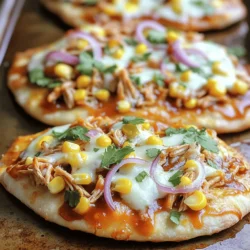 To make BBQ chicken flatbread, you need a few key items. Here’s what you will use: - 2 flatbreads or naan breads - 1 cup cooked chicken, shredded - 1/2 cup BBQ sauce (your choice) - 1 cup shredded mozzarella cheese - 1/2 cup red onion, thinly sliced - 1/4 cup cilantro, chopped - 1/2 cup corn kernels (fresh or canned) - Salt and pepper to taste - Olive oil for brushing These ingredients work together to create a tasty and satisfying meal. The flatbreads serve as the base, while the chicken and cheese add heartiness. The corn and onions add texture and fresh flavor. The sauce you choose makes a big difference. I like to use a mix of sweet and tangy BBQ sauce. Here are a few sauces that pair well: - Classic Kansas City-style BBQ sauce - Smoky chipotle BBQ sauce - Sweet honey BBQ sauce Each sauce brings its own unique flavor. Feel free to pick one that suits your taste. You can even mix two sauces for a special twist. Don’t worry if you can’t find an ingredient. Here are some easy swaps: - Use grilled tofu instead of chicken for a vegetarian option. - Try cheddar cheese instead of mozzarella for a sharper taste. - Red cabbage can replace red onion if you prefer a crunchier bite. These substitutions can help you make the flatbread your own. With the right swaps, you can still enjoy a delicious BBQ chicken flatbread. For the full recipe, check out the complete guide. To start, gather all your ingredients. You will need flatbreads, cooked chicken, BBQ sauce, and more. In a medium bowl, mix the shredded chicken with your BBQ sauce. Use a spoon to coat the chicken well. Add salt and pepper to taste. This step adds a lot of flavor. Next, take your flatbreads or naan and lay them on a baking sheet. Use parchment paper to line your sheet. This keeps the flatbreads from sticking. Brush each flatbread lightly with olive oil. This helps them become golden and crispy. Spread the BBQ chicken evenly on top. Then, add the corn, sliced red onion, and sprinkle the mozzarella cheese. Now, it’s time to bake! Preheat your oven to 400°F (200°C). Place the baking sheet in the oven. Bake for 12 to 15 minutes. The cheese should melt and bubble nicely. The edges of the flatbreads will turn golden. Once done, take them out and let them cool for a minute. Finally, garnish with fresh cilantro and cut into slices. Enjoy your BBQ Chicken Flatbread! For a detailed version of this recipe, check the Full Recipe. To get crispy flatbread, preheat your oven well. I recommend 400°F (200°C). Brush the flatbreads with olive oil. This step helps them brown nicely. Place them directly on a baking sheet. Avoid using parchment paper for this part. The hot air needs to flow around them. Bake for about 12-15 minutes. Watch for a golden color on the edges. For extra flavor, add spices to your chicken. Smoked paprika or garlic powder works great. You can also mix in some chopped jalapeños for heat. Try a splash of lime juice for a zesty touch. Fresh herbs like basil or oregano can brighten the taste. Use different BBQ sauces to explore new flavors. Honey BBQ or spicy chipotle adds a fun twist. You will need some basic tools for this recipe. A baking sheet helps to cook the flatbreads. A good sharp knife is key for slicing toppings. Use a mixing bowl for the chicken and sauce. A brush is helpful for adding olive oil evenly. Lastly, a pizza cutter makes slicing the flatbread easy. You can find all these tools in most kitchens. For the complete recipe, check out the [Full Recipe]. {{image_2}} You can make a tasty vegetarian BBQ flatbread. Use roasted veggies like bell peppers and zucchini. Swap out the chicken for these vibrant veggies. Add black beans for protein. Top with your favorite BBQ sauce and cheese. This mix gives you a hearty meal without meat. Don’t forget to sprinkle cilantro on top for that fresh kick! Want some heat? Try adding jalapeños or chili flakes to your BBQ chicken mix. This will spice up your flatbread. You can also use a spicy BBQ sauce for extra flavor. Another fun idea is to mix in pepper jack cheese. This adds a nice creamy heat that pairs well with the chicken. Your taste buds will thank you for this fiery twist! Let’s take your BBQ chicken flatbread global! Add a twist by using tikka masala sauce instead of BBQ sauce for an Indian flair. Top it with mozzarella and fresh spinach. For a Mexican vibe, use chipotle sauce and add black beans and corn. Garnish with avocado and lime juice. Each of these twists brings new flavors to your flatbread. Explore these ideas and find your favorite! To keep your BBQ chicken flatbread fresh, wrap it tightly in foil or plastic wrap. You can also use an airtight container. Store it in the fridge for up to three days. Make sure it cools down before you store it. This way, it won’t get soggy. When you're ready to enjoy your leftovers, preheat your oven to 350°F (175°C). Place the flatbread on a baking sheet. Cover it with foil to keep it moist. Heat for about 10-15 minutes. If you like a crispier texture, remove the foil for the last few minutes. You can also microwave it for a quick meal, but it won’t be as crispy. If you want to save your BBQ chicken flatbread for later, freezing is a great option. Wrap each flatbread in plastic wrap, then place them in a freezer bag. Make sure to squeeze out the air before sealing. You can freeze them for up to two months. When you're ready to eat, thaw it in the fridge overnight before reheating. Enjoy your meal anytime! For the full recipe, check the earlier section. I recommend using cooked chicken for BBQ Chicken Flatbread. Shredded rotisserie chicken works great. You can also use grilled chicken or leftover baked chicken. The key is to ensure it's tender and flavorful. The BBQ sauce will add a lot of taste, so don't worry too much about the chicken's base flavor. Yes, you can make BBQ Chicken Flatbread in advance. Prepare the flatbread and toppings separately. Mix the chicken with BBQ sauce and store it in the fridge. Assemble the flatbreads just before baking. This will keep them fresh and crispy. If you want, you can bake them and store leftovers for later. You can serve BBQ Chicken Flatbread with many sides. A fresh salad pairs well. You could also try coleslaw for a crunchy texture. Some people enjoy pickles or potato chips on the side too. For drinks, iced tea or lemonade can be refreshing. Feel free to get creative with your sides! We covered how to make BBQ Chicken Flatbread from start to finish. You learned about key ingredients, easy recipes, and tips for crispiness. Variations like vegetarian options and international twists add fun to this dish. Storing leftovers properly ensures you can enjoy them later. BBQ Chicken Flatbread is simple and tasty. With these tips, you can wow everyone at your next meal. Enjoy your cooking!