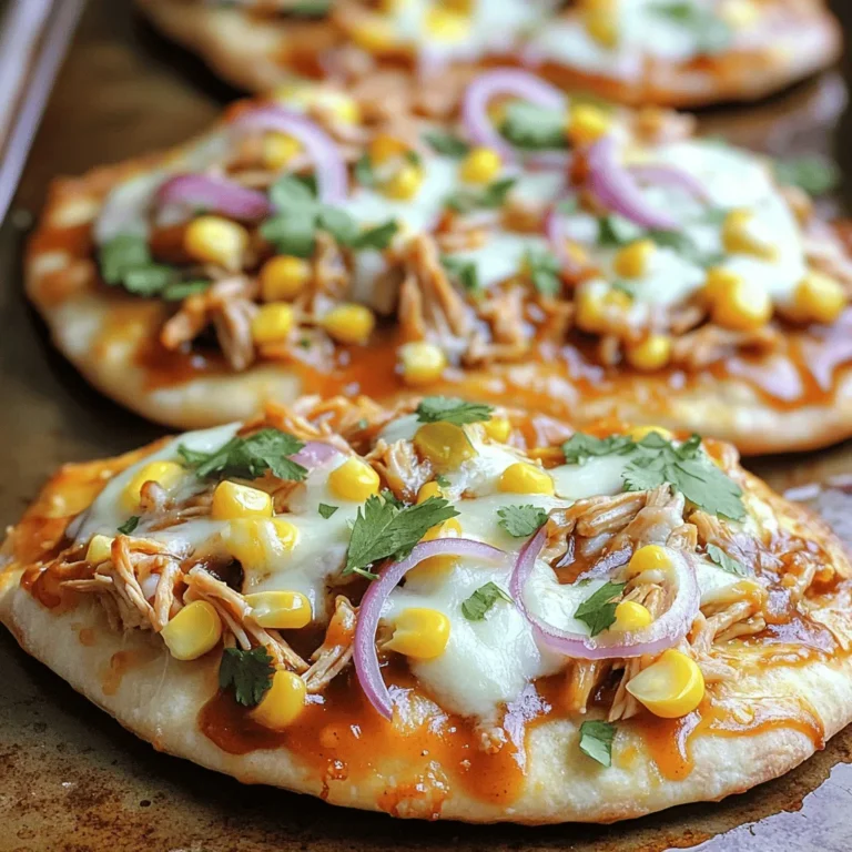 To make BBQ chicken flatbread, you need a few key items. Here’s what you will use: - 2 flatbreads or naan breads - 1 cup cooked chicken, shredded - 1/2 cup BBQ sauce (your choice) - 1 cup shredded mozzarella cheese - 1/2 cup red onion, thinly sliced - 1/4 cup cilantro, chopped - 1/2 cup corn kernels (fresh or canned) - Salt and pepper to taste - Olive oil for brushing These ingredients work together to create a tasty and satisfying meal. The flatbreads serve as the base, while the chicken and cheese add heartiness. The corn and onions add texture and fresh flavor. The sauce you choose makes a big difference. I like to use a mix of sweet and tangy BBQ sauce. Here are a few sauces that pair well: - Classic Kansas City-style BBQ sauce - Smoky chipotle BBQ sauce - Sweet honey BBQ sauce Each sauce brings its own unique flavor. Feel free to pick one that suits your taste. You can even mix two sauces for a special twist. Don’t worry if you can’t find an ingredient. Here are some easy swaps: - Use grilled tofu instead of chicken for a vegetarian option. - Try cheddar cheese instead of mozzarella for a sharper taste. - Red cabbage can replace red onion if you prefer a crunchier bite. These substitutions can help you make the flatbread your own. With the right swaps, you can still enjoy a delicious BBQ chicken flatbread. For the full recipe, check out the complete guide. To start, gather all your ingredients. You will need flatbreads, cooked chicken, BBQ sauce, and more. In a medium bowl, mix the shredded chicken with your BBQ sauce. Use a spoon to coat the chicken well. Add salt and pepper to taste. This step adds a lot of flavor. Next, take your flatbreads or naan and lay them on a baking sheet. Use parchment paper to line your sheet. This keeps the flatbreads from sticking. Brush each flatbread lightly with olive oil. This helps them become golden and crispy. Spread the BBQ chicken evenly on top. Then, add the corn, sliced red onion, and sprinkle the mozzarella cheese. Now, it’s time to bake! Preheat your oven to 400°F (200°C). Place the baking sheet in the oven. Bake for 12 to 15 minutes. The cheese should melt and bubble nicely. The edges of the flatbreads will turn golden. Once done, take them out and let them cool for a minute. Finally, garnish with fresh cilantro and cut into slices. Enjoy your BBQ Chicken Flatbread! For a detailed version of this recipe, check the Full Recipe. To get crispy flatbread, preheat your oven well. I recommend 400°F (200°C). Brush the flatbreads with olive oil. This step helps them brown nicely. Place them directly on a baking sheet. Avoid using parchment paper for this part. The hot air needs to flow around them. Bake for about 12-15 minutes. Watch for a golden color on the edges. For extra flavor, add spices to your chicken. Smoked paprika or garlic powder works great. You can also mix in some chopped jalapeños for heat. Try a splash of lime juice for a zesty touch. Fresh herbs like basil or oregano can brighten the taste. Use different BBQ sauces to explore new flavors. Honey BBQ or spicy chipotle adds a fun twist. You will need some basic tools for this recipe. A baking sheet helps to cook the flatbreads. A good sharp knife is key for slicing toppings. Use a mixing bowl for the chicken and sauce. A brush is helpful for adding olive oil evenly. Lastly, a pizza cutter makes slicing the flatbread easy. You can find all these tools in most kitchens. For the complete recipe, check out the [Full Recipe]. {{image_2}} You can make a tasty vegetarian BBQ flatbread. Use roasted veggies like bell peppers and zucchini. Swap out the chicken for these vibrant veggies. Add black beans for protein. Top with your favorite BBQ sauce and cheese. This mix gives you a hearty meal without meat. Don’t forget to sprinkle cilantro on top for that fresh kick! Want some heat? Try adding jalapeños or chili flakes to your BBQ chicken mix. This will spice up your flatbread. You can also use a spicy BBQ sauce for extra flavor. Another fun idea is to mix in pepper jack cheese. This adds a nice creamy heat that pairs well with the chicken. Your taste buds will thank you for this fiery twist! Let’s take your BBQ chicken flatbread global! Add a twist by using tikka masala sauce instead of BBQ sauce for an Indian flair. Top it with mozzarella and fresh spinach. For a Mexican vibe, use chipotle sauce and add black beans and corn. Garnish with avocado and lime juice. Each of these twists brings new flavors to your flatbread. Explore these ideas and find your favorite! To keep your BBQ chicken flatbread fresh, wrap it tightly in foil or plastic wrap. You can also use an airtight container. Store it in the fridge for up to three days. Make sure it cools down before you store it. This way, it won’t get soggy. When you're ready to enjoy your leftovers, preheat your oven to 350°F (175°C). Place the flatbread on a baking sheet. Cover it with foil to keep it moist. Heat for about 10-15 minutes. If you like a crispier texture, remove the foil for the last few minutes. You can also microwave it for a quick meal, but it won’t be as crispy. If you want to save your BBQ chicken flatbread for later, freezing is a great option. Wrap each flatbread in plastic wrap, then place them in a freezer bag. Make sure to squeeze out the air before sealing. You can freeze them for up to two months. When you're ready to eat, thaw it in the fridge overnight before reheating. Enjoy your meal anytime! For the full recipe, check the earlier section. I recommend using cooked chicken for BBQ Chicken Flatbread. Shredded rotisserie chicken works great. You can also use grilled chicken or leftover baked chicken. The key is to ensure it's tender and flavorful. The BBQ sauce will add a lot of taste, so don't worry too much about the chicken's base flavor. Yes, you can make BBQ Chicken Flatbread in advance. Prepare the flatbread and toppings separately. Mix the chicken with BBQ sauce and store it in the fridge. Assemble the flatbreads just before baking. This will keep them fresh and crispy. If you want, you can bake them and store leftovers for later. You can serve BBQ Chicken Flatbread with many sides. A fresh salad pairs well. You could also try coleslaw for a crunchy texture. Some people enjoy pickles or potato chips on the side too. For drinks, iced tea or lemonade can be refreshing. Feel free to get creative with your sides! We covered how to make BBQ Chicken Flatbread from start to finish. You learned about key ingredients, easy recipes, and tips for crispiness. Variations like vegetarian options and international twists add fun to this dish. Storing leftovers properly ensures you can enjoy them later. BBQ Chicken Flatbread is simple and tasty. With these tips, you can wow everyone at your next meal. Enjoy your cooking!