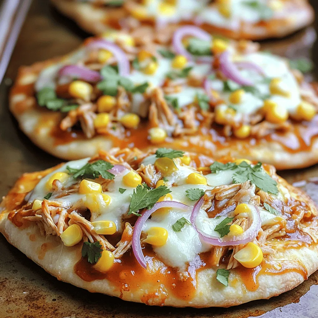 To make BBQ chicken flatbread, you need a few key items. Here’s what you will use: - 2 flatbreads or naan breads - 1 cup cooked chicken, shredded - 1/2 cup BBQ sauce (your choice) - 1 cup shredded mozzarella cheese - 1/2 cup red onion, thinly sliced - 1/4 cup cilantro, chopped - 1/2 cup corn kernels (fresh or canned) - Salt and pepper to taste - Olive oil for brushing These ingredients work together to create a tasty and satisfying meal. The flatbreads serve as the base, while the chicken and cheese add heartiness. The corn and onions add texture and fresh flavor. The sauce you choose makes a big difference. I like to use a mix of sweet and tangy BBQ sauce. Here are a few sauces that pair well: - Classic Kansas City-style BBQ sauce - Smoky chipotle BBQ sauce - Sweet honey BBQ sauce Each sauce brings its own unique flavor. Feel free to pick one that suits your taste. You can even mix two sauces for a special twist. Don’t worry if you can’t find an ingredient. Here are some easy swaps: - Use grilled tofu instead of chicken for a vegetarian option. - Try cheddar cheese instead of mozzarella for a sharper taste. - Red cabbage can replace red onion if you prefer a crunchier bite. These substitutions can help you make the flatbread your own. With the right swaps, you can still enjoy a delicious BBQ chicken flatbread. For the full recipe, check out the complete guide. To start, gather all your ingredients. You will need flatbreads, cooked chicken, BBQ sauce, and more. In a medium bowl, mix the shredded chicken with your BBQ sauce. Use a spoon to coat the chicken well. Add salt and pepper to taste. This step adds a lot of flavor. Next, take your flatbreads or naan and lay them on a baking sheet. Use parchment paper to line your sheet. This keeps the flatbreads from sticking. Brush each flatbread lightly with olive oil. This helps them become golden and crispy. Spread the BBQ chicken evenly on top. Then, add the corn, sliced red onion, and sprinkle the mozzarella cheese. Now, it’s time to bake! Preheat your oven to 400°F (200°C). Place the baking sheet in the oven. Bake for 12 to 15 minutes. The cheese should melt and bubble nicely. The edges of the flatbreads will turn golden. Once done, take them out and let them cool for a minute. Finally, garnish with fresh cilantro and cut into slices. Enjoy your BBQ Chicken Flatbread! For a detailed version of this recipe, check the Full Recipe. To get crispy flatbread, preheat your oven well. I recommend 400°F (200°C). Brush the flatbreads with olive oil. This step helps them brown nicely. Place them directly on a baking sheet. Avoid using parchment paper for this part. The hot air needs to flow around them. Bake for about 12-15 minutes. Watch for a golden color on the edges. For extra flavor, add spices to your chicken. Smoked paprika or garlic powder works great. You can also mix in some chopped jalapeños for heat. Try a splash of lime juice for a zesty touch. Fresh herbs like basil or oregano can brighten the taste. Use different BBQ sauces to explore new flavors. Honey BBQ or spicy chipotle adds a fun twist. You will need some basic tools for this recipe. A baking sheet helps to cook the flatbreads. A good sharp knife is key for slicing toppings. Use a mixing bowl for the chicken and sauce. A brush is helpful for adding olive oil evenly. Lastly, a pizza cutter makes slicing the flatbread easy. You can find all these tools in most kitchens. For the complete recipe, check out the [Full Recipe]. {{image_2}} You can make a tasty vegetarian BBQ flatbread. Use roasted veggies like bell peppers and zucchini. Swap out the chicken for these vibrant veggies. Add black beans for protein. Top with your favorite BBQ sauce and cheese. This mix gives you a hearty meal without meat. Don’t forget to sprinkle cilantro on top for that fresh kick! Want some heat? Try adding jalapeños or chili flakes to your BBQ chicken mix. This will spice up your flatbread. You can also use a spicy BBQ sauce for extra flavor. Another fun idea is to mix in pepper jack cheese. This adds a nice creamy heat that pairs well with the chicken. Your taste buds will thank you for this fiery twist! Let’s take your BBQ chicken flatbread global! Add a twist by using tikka masala sauce instead of BBQ sauce for an Indian flair. Top it with mozzarella and fresh spinach. For a Mexican vibe, use chipotle sauce and add black beans and corn. Garnish with avocado and lime juice. Each of these twists brings new flavors to your flatbread. Explore these ideas and find your favorite! To keep your BBQ chicken flatbread fresh, wrap it tightly in foil or plastic wrap. You can also use an airtight container. Store it in the fridge for up to three days. Make sure it cools down before you store it. This way, it won’t get soggy. When you're ready to enjoy your leftovers, preheat your oven to 350°F (175°C). Place the flatbread on a baking sheet. Cover it with foil to keep it moist. Heat for about 10-15 minutes. If you like a crispier texture, remove the foil for the last few minutes. You can also microwave it for a quick meal, but it won’t be as crispy. If you want to save your BBQ chicken flatbread for later, freezing is a great option. Wrap each flatbread in plastic wrap, then place them in a freezer bag. Make sure to squeeze out the air before sealing. You can freeze them for up to two months. When you're ready to eat, thaw it in the fridge overnight before reheating. Enjoy your meal anytime! For the full recipe, check the earlier section. I recommend using cooked chicken for BBQ Chicken Flatbread. Shredded rotisserie chicken works great. You can also use grilled chicken or leftover baked chicken. The key is to ensure it's tender and flavorful. The BBQ sauce will add a lot of taste, so don't worry too much about the chicken's base flavor. Yes, you can make BBQ Chicken Flatbread in advance. Prepare the flatbread and toppings separately. Mix the chicken with BBQ sauce and store it in the fridge. Assemble the flatbreads just before baking. This will keep them fresh and crispy. If you want, you can bake them and store leftovers for later. You can serve BBQ Chicken Flatbread with many sides. A fresh salad pairs well. You could also try coleslaw for a crunchy texture. Some people enjoy pickles or potato chips on the side too. For drinks, iced tea or lemonade can be refreshing. Feel free to get creative with your sides! We covered how to make BBQ Chicken Flatbread from start to finish. You learned about key ingredients, easy recipes, and tips for crispiness. Variations like vegetarian options and international twists add fun to this dish. Storing leftovers properly ensures you can enjoy them later. BBQ Chicken Flatbread is simple and tasty. With these tips, you can wow everyone at your next meal. Enjoy your cooking!