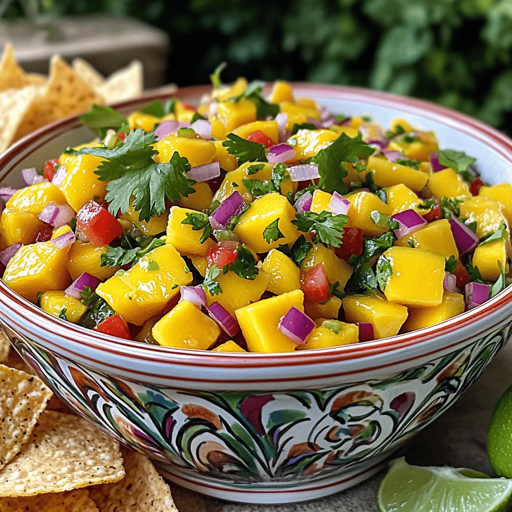 - 2 ripe mangoes, diced - 1 small red onion, finely chopped - 1 jalapeño, deseeded and minced - 1 red bell pepper, diced - 1/4 cup fresh cilantro, chopped - Juice of 2 limes - Salt to taste - Pinch of black pepper - 1 teaspoon honey (optional for sweetness) To choose ripe mangoes, look for fruit that feels slightly soft when you press it. The skin should have a bright color, often with a hint of red or yellow. Avoid mangoes with dark spots or wrinkles. If you can't find fresh mangoes, try using canned or frozen mango chunks as a substitute. For the onion, you can swap it with green onions for a milder taste. If you want less heat, leave out the jalapeño. Start by peeling the mangoes. Use a sharp knife to slice off the skin. Be careful not to cut too deep. After peeling, cut the mangoes into small cubes. Place them in a medium bowl. Next, chop the red onion. Cut it finely to add a nice sharpness. Then, take the jalapeño. Cut it in half, remove the seeds, and mince it. This step helps control the heat. Finally, dice the red bell pepper into small pieces. Add all these chopped ingredients to the bowl with the mango. Now, it’s time to mix everything. Take the bowl with the mango and chopped veggies. Gently stir them together to combine evenly. The colors should look vibrant and inviting. Next, squeeze the juice of the limes over the mixture. Make sure to catch any seeds that fall out. Add salt and a pinch of black pepper to taste. If you like sweetness, drizzle in a teaspoon of honey. This enhances the flavors and balances the heat. Gently fold the mixture with a spatula. Be careful not to mash the mangoes. You want to keep those beautiful cube shapes. Once mixed, let the salsa sit for at least 15 minutes. This time allows the flavors to meld together nicely. After that, the salsa is ready to enjoy, fresh and bright. For the full recipe, check the details above. To make your mango salsa even better, try adding pineapple for a sweet touch. Garlic can also bring a nice kick if you enjoy bold flavors. Balancing sweetness and heat is key. If your mangoes are very sweet, add more jalapeño to spice things up. Serve your mango salsa in a colorful bowl for a fun look. Garnish with extra cilantro leaves for freshness. This dip pairs great with tortilla chips or grilled fish. It also works well on chicken tacos for a tasty twist. To store leftovers, place the salsa in an airtight container. Keep it in the fridge for up to three days. You may see some liquid separate, but just stir it before serving again. Enjoy your homemade mango salsa fresh for the best taste! {{image_2}} You can change up the fruit in your mango salsa. Try adding diced pineapple or peaches. These fruits bring new flavors that mix well with mango. Pineapple adds a tangy kick, while peaches offer a sweet touch. For a tropical twist, add shredded coconut. Coconut brings a creamy texture and a lovely aroma. Adjusting the spice level is easy. If you want it milder, skip the jalapeño. Instead, use a bell pepper for sweetness without heat. For more spice, try adding diced serrano peppers or a dash of cayenne. You can also mix in a bit of hot sauce to bring the heat up. Mango salsa is great in many ways. Use it as a fresh dip with tortilla chips. It also makes a tasty topping for grilled fish or chicken. You can mix it into salads for added flavor. Another fun idea is using it in tacos. Just spoon some on top for a bright burst of flavor. For the full recipe, check out the Tropical Bliss Mango Salsa! For the best storage of your fresh mango salsa, use an airtight container. Glass or plastic containers with tight-fitting lids work well. Keep your salsa in the fridge for the best taste. Avoid leaving it out at room temperature for long. If you want to keep it longer, you can freeze it. Use freezer-safe bags or containers for freezing. Don’t let your leftover mango salsa go to waste! You can mix it into other dishes. Try adding it to tacos or grilled chicken for extra flavor. You can also stir it into rice or quinoa for a fresh twist. Another fun idea is to blend it into smoothies for a fruity kick. In the fridge, your mango salsa lasts about 3 to 5 days. Always check for signs of spoilage. If the salsa looks brown or smells sour, it’s time to toss it. Fresh ingredients are key for that vibrant taste. You can serve mango salsa with many tasty dishes. Here are some great pairings: - Tortilla chips for a perfect dip - Grilled fish to add a fruity kick - Chicken tacos for extra flavor - Shrimp skewers for a tropical touch - Rice bowls for a colorful dish These options allow you to enjoy the fresh, zesty flavors of mango salsa in many ways. Yes, you can make mango salsa ahead of time. Here are some tips: - Prepare it up to two days before serving. - Store it in a sealed container in the fridge. - The flavors will deepen as it sits. - Stir it gently before serving to mix flavors. Making it in advance saves time and gives the salsa a chance to shine. To pick a ripe mango, look for these signs: - The skin should be slightly soft to touch. - It should have a sweet aroma near the stem. - The color may vary, but it should be vibrant. These signs help you choose the best mango for your salsa. For the full recipe, check out the Tropical Bliss Mango Salsa! Mango salsa is a fresh and tasty dish. We covered how to choose ripe mangoes and prep all ingredients. You learned how to mix and season the salsa for the best flavor. I shared tips for serving, storing, and using leftovers. Feel free to experiment with fruits and spices to make it your own. Enjoy your mango salsa on tacos, with chips, or as a topping. It’s delicious and simple to make!