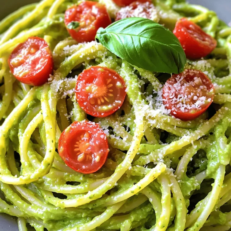 - 2 ripe avocados - 8 oz pasta (spaghetti or fettuccine) - Fresh lemon juice and garlic Creamy avocado pasta relies on simple, fresh ingredients. You start with two ripe avocados. They should feel slightly soft when you press them. Next, choose your pasta—spaghetti or fettuccine work best. Don’t forget fresh lemon juice and garlic. They add a bright flavor to the dish. - Grated Parmesan cheese - Cherry tomatoes for garnish - Red pepper flakes for heat You can add grated Parmesan cheese for a rich taste. Cherry tomatoes look great and add color. If you like a little heat, sprinkle in some red pepper flakes. They can make your dish more exciting. These optional ingredients let you customize your pasta to suit your taste. For the full recipe, check the details above. First, boil water in a large pot. Add a pinch of salt to the water. Once boiling, add 8 oz of pasta, either spaghetti or fettuccine. Cook the pasta according to package instructions until it's al dente. This usually takes about 8-10 minutes. While cooking, reserve about 1/2 cup of the pasta water before draining the pasta. This water helps adjust the sauce later. While the pasta cooks, take 2 ripe avocados, pitted and peeled. In a food processor, combine the avocados, 2 tablespoons of fresh lemon juice, 2 minced garlic cloves, and 1/4 cup of extra virgin olive oil. Blend this mixture until it’s smooth and creamy. If the sauce is too thick, slowly add the reserved pasta water until you reach a nice, creamy consistency. Season the sauce with salt and pepper to taste. In a large mixing bowl, add the drained pasta. Pour the avocado sauce over the pasta. Toss gently to coat the pasta evenly with the sauce. You want every strand to be covered with that creamy goodness. Serve the pasta right away. For a nice touch, garnish with grated Parmesan cheese and halved cherry tomatoes if you want a pop of color. This dish is fresh, easy, and delicious! For the full recipe, check out the [Full Recipe]. When choosing avocados, look for a few key signs of ripeness. First, gently squeeze the avocado. If it yields to pressure, it's ripe. You can also check the color; dark green skin often signals ripeness. Avoid avocados with large dents or dark spots. To store avocados for optimal freshness, keep them at room temperature if they are still hard. Once they ripen, place them in the fridge. This helps slow down the ripening process. If you have cut an avocado, sprinkle lemon juice on the flesh. Cover it tightly with plastic wrap and store it in the fridge. To boost the flavor of your creamy avocado pasta, consider adding spices and herbs. Fresh basil is a great choice, but you can also use parsley or cilantro. A pinch of sea salt and black pepper enhances the taste. If you like heat, try adding red pepper flakes. Adjusting creaminess is easy. If your sauce feels too thick, add some of the reserved pasta water. This helps thin it out and make it silkier. You can also mix in a splash of vegetable broth for extra flavor and a smoother texture. For more details, check out the Full Recipe. {{image_2}} You can make your creamy avocado pasta even tastier by adding protein. Grilled chicken brings a nice, smoky flavor. Simply season and grill your chicken pieces until they are cooked through. Slice them and toss them with the pasta for a hearty meal. Shrimp is another great choice. Sauté shrimp in olive oil until they turn pink and opaque. Add them to your dish for a seafood twist. Both options boost the dish's protein and flavor. If you want vegetarian options, chickpeas work well. They add protein and a bit of texture. You can mix canned or cooked chickpeas right into the pasta. They soak up the sauce and add a lovely creaminess. If you need gluten-free options, choose gluten-free pasta. Many types are available, like rice or corn pasta. They cook similarly to regular pasta, so you won’t miss out on the taste. Just check the cooking time on the package. For vegan modifications, skip the Parmesan cheese. Nutritional yeast is a great substitute. It gives a cheesy flavor without using dairy. You can also add extra lemon juice or herbs to enhance the taste. These small changes let everyone enjoy your creamy avocado pasta. Want to try this recipe? Check out the Full Recipe for all the details! To store leftover creamy avocado pasta, place it in an airtight container. Make sure to cover it well. The pasta can last in the fridge for up to three days. If you want the best taste, eat it within two days. The avocado sauce can oxidize, making it brown. So, try to eat it fresh for the best flavor. You can freeze the avocado sauce, but it's best to do it without the pasta. To freeze, place the sauce in a freezer-safe container. Leave some space at the top for expansion. It can last up to three months in the freezer. When you want to use it, thaw the sauce in the fridge overnight. You can also use the microwave to thaw it. After thawing, you may need to stir in a bit of olive oil or water to restore the creaminess. Reheat gently on low heat, stirring often, until warm. Creamy avocado pasta lasts about 2 to 3 days in the fridge. To keep it fresh, store it in an airtight container. If you notice the avocado turning brown, don't worry. Just stir it well before serving. The lemon juice helps slow down browning. Yes, you can make creamy avocado pasta in advance, but with a few tips. Prepare the avocado sauce and store it separately from the pasta. This way, the sauce stays fresh and creamy. Cook the pasta on the day you plan to serve it. When ready, mix the pasta with the sauce. Creamy avocado pasta pairs well with many sides. Try garlic bread for a crunchy bite. A fresh green salad adds a nice crunch. You can also serve it with grilled chicken or shrimp for protein. Roasted vegetables or a light soup work well, too! This blog post covered a delicious creamy avocado pasta recipe. You learned about main and optional ingredients, cooking steps, and tips. Ripe avocados and fresh lemon juice make the sauce shine. Try adding proteins or spices to personalize your dish. Remember the storage tips for freshness and convenience. Enjoy this recipe often, as it’s quick, healthy, and versatile. Building meals around avocados is a smart way to eat well while delighting your taste buds.