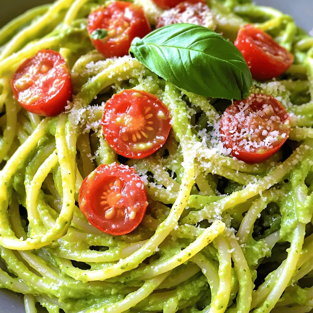 - 2 ripe avocados - 8 oz pasta (spaghetti or fettuccine) - Fresh lemon juice and garlic Creamy avocado pasta relies on simple, fresh ingredients. You start with two ripe avocados. They should feel slightly soft when you press them. Next, choose your pasta—spaghetti or fettuccine work best. Don’t forget fresh lemon juice and garlic. They add a bright flavor to the dish. - Grated Parmesan cheese - Cherry tomatoes for garnish - Red pepper flakes for heat You can add grated Parmesan cheese for a rich taste. Cherry tomatoes look great and add color. If you like a little heat, sprinkle in some red pepper flakes. They can make your dish more exciting. These optional ingredients let you customize your pasta to suit your taste. For the full recipe, check the details above. First, boil water in a large pot. Add a pinch of salt to the water. Once boiling, add 8 oz of pasta, either spaghetti or fettuccine. Cook the pasta according to package instructions until it's al dente. This usually takes about 8-10 minutes. While cooking, reserve about 1/2 cup of the pasta water before draining the pasta. This water helps adjust the sauce later. While the pasta cooks, take 2 ripe avocados, pitted and peeled. In a food processor, combine the avocados, 2 tablespoons of fresh lemon juice, 2 minced garlic cloves, and 1/4 cup of extra virgin olive oil. Blend this mixture until it’s smooth and creamy. If the sauce is too thick, slowly add the reserved pasta water until you reach a nice, creamy consistency. Season the sauce with salt and pepper to taste. In a large mixing bowl, add the drained pasta. Pour the avocado sauce over the pasta. Toss gently to coat the pasta evenly with the sauce. You want every strand to be covered with that creamy goodness. Serve the pasta right away. For a nice touch, garnish with grated Parmesan cheese and halved cherry tomatoes if you want a pop of color. This dish is fresh, easy, and delicious! For the full recipe, check out the [Full Recipe]. When choosing avocados, look for a few key signs of ripeness. First, gently squeeze the avocado. If it yields to pressure, it's ripe. You can also check the color; dark green skin often signals ripeness. Avoid avocados with large dents or dark spots. To store avocados for optimal freshness, keep them at room temperature if they are still hard. Once they ripen, place them in the fridge. This helps slow down the ripening process. If you have cut an avocado, sprinkle lemon juice on the flesh. Cover it tightly with plastic wrap and store it in the fridge. To boost the flavor of your creamy avocado pasta, consider adding spices and herbs. Fresh basil is a great choice, but you can also use parsley or cilantro. A pinch of sea salt and black pepper enhances the taste. If you like heat, try adding red pepper flakes. Adjusting creaminess is easy. If your sauce feels too thick, add some of the reserved pasta water. This helps thin it out and make it silkier. You can also mix in a splash of vegetable broth for extra flavor and a smoother texture. For more details, check out the Full Recipe. {{image_2}} You can make your creamy avocado pasta even tastier by adding protein. Grilled chicken brings a nice, smoky flavor. Simply season and grill your chicken pieces until they are cooked through. Slice them and toss them with the pasta for a hearty meal. Shrimp is another great choice. Sauté shrimp in olive oil until they turn pink and opaque. Add them to your dish for a seafood twist. Both options boost the dish's protein and flavor. If you want vegetarian options, chickpeas work well. They add protein and a bit of texture. You can mix canned or cooked chickpeas right into the pasta. They soak up the sauce and add a lovely creaminess. If you need gluten-free options, choose gluten-free pasta. Many types are available, like rice or corn pasta. They cook similarly to regular pasta, so you won’t miss out on the taste. Just check the cooking time on the package. For vegan modifications, skip the Parmesan cheese. Nutritional yeast is a great substitute. It gives a cheesy flavor without using dairy. You can also add extra lemon juice or herbs to enhance the taste. These small changes let everyone enjoy your creamy avocado pasta. Want to try this recipe? Check out the Full Recipe for all the details! To store leftover creamy avocado pasta, place it in an airtight container. Make sure to cover it well. The pasta can last in the fridge for up to three days. If you want the best taste, eat it within two days. The avocado sauce can oxidize, making it brown. So, try to eat it fresh for the best flavor. You can freeze the avocado sauce, but it's best to do it without the pasta. To freeze, place the sauce in a freezer-safe container. Leave some space at the top for expansion. It can last up to three months in the freezer. When you want to use it, thaw the sauce in the fridge overnight. You can also use the microwave to thaw it. After thawing, you may need to stir in a bit of olive oil or water to restore the creaminess. Reheat gently on low heat, stirring often, until warm. Creamy avocado pasta lasts about 2 to 3 days in the fridge. To keep it fresh, store it in an airtight container. If you notice the avocado turning brown, don't worry. Just stir it well before serving. The lemon juice helps slow down browning. Yes, you can make creamy avocado pasta in advance, but with a few tips. Prepare the avocado sauce and store it separately from the pasta. This way, the sauce stays fresh and creamy. Cook the pasta on the day you plan to serve it. When ready, mix the pasta with the sauce. Creamy avocado pasta pairs well with many sides. Try garlic bread for a crunchy bite. A fresh green salad adds a nice crunch. You can also serve it with grilled chicken or shrimp for protein. Roasted vegetables or a light soup work well, too! This blog post covered a delicious creamy avocado pasta recipe. You learned about main and optional ingredients, cooking steps, and tips. Ripe avocados and fresh lemon juice make the sauce shine. Try adding proteins or spices to personalize your dish. Remember the storage tips for freshness and convenience. Enjoy this recipe often, as it’s quick, healthy, and versatile. Building meals around avocados is a smart way to eat well while delighting your taste buds.