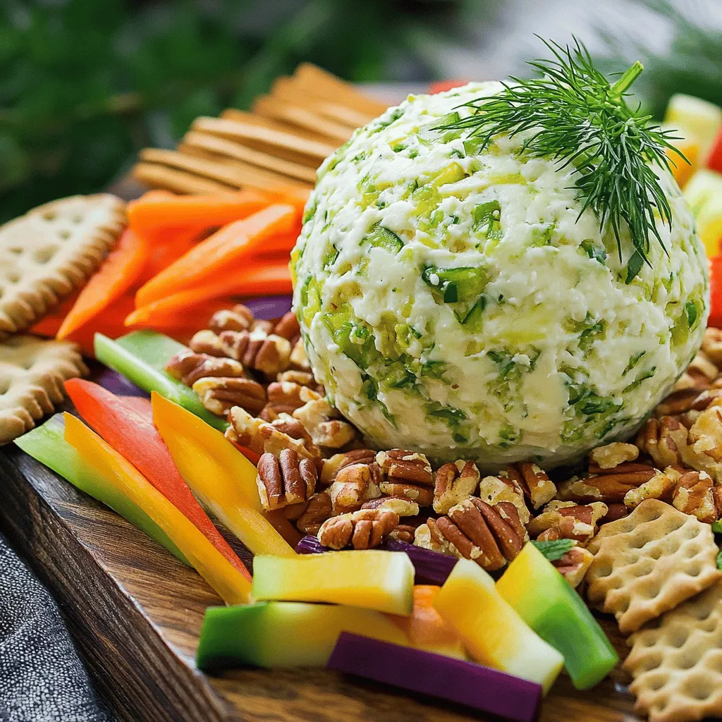 To make the Pickle Jalapeño Cheese Ball, you need these key items: - 8 oz cream cheese, softened - 1 cup shredded sharp cheddar cheese - 1/2 cup dill pickles, finely chopped - 1/4 cup pickled jalapeños, finely chopped - 1/4 cup green onions, chopped - 1 teaspoon garlic powder - 1 teaspoon onion powder - 1/2 teaspoon smoked paprika - 1 cup chopped pecans (for coating) These ingredients create a tasty mix of creamy and crunchy flavors. The cream cheese gives a smooth base, while cheddar adds sharpness. Dill pickles and jalapeños bring a nice zing. You can add a few extras to boost the taste of your cheese ball: - A splash of hot sauce for more heat - Fresh herbs like dill or chives for freshness - A squeeze of lemon juice for brightness These optional ingredients can take your cheese ball to the next level. Feel free to experiment with your favorite flavors. If you have specific dietary needs, here are some easy swaps: - Use vegan cream cheese for a dairy-free option - Swap sharp cheddar for a non-dairy cheese - Replace pecans with sunflower seeds for a nut-free version These substitutes help everyone enjoy this delicious snack. You can still create a tasty cheese ball without the main ingredients. For the full recipe, check out the details above. Start by gathering your ingredients. You will need cream cheese, cheddar cheese, dill pickles, pickled jalapeños, green onions, garlic powder, onion powder, smoked paprika, and pecans. Make sure your cream cheese is soft. It’s easier to mix when it's at room temperature. In a large bowl, mix the softened cream cheese and shredded cheddar cheese. Stir well until they blend together. Next, add the finely chopped dill pickles, pickled jalapeños, and green onions. Sprinkle in the garlic powder, onion powder, and smoked paprika. Combine everything until the mixture is even. You want every bite to have a burst of flavor. Now, it’s time to shape your cheese ball. Use your hands to form the mixture into a nice round shape. Once it looks good, roll the cheese ball in the chopped pecans. Press them in gently so they stick. This adds a nice crunch. Wrap the cheese ball in plastic wrap and chill it in the fridge for at least one hour. This helps the flavors blend even more. Serve it with crackers or veggies for a tasty snack. Check the [Full Recipe] for more details! For a great texture, use softened cream cheese. It blends smoothly with cheddar. Mixing well helps avoid lumps. Chill the cheese ball for at least an hour. This step helps it firm up nicely. To boost flavor, add more dill pickles or jalapeños. You can also try different cheeses, like pepper jack. Fresh herbs, like cilantro or parsley, can add a fresh touch. A splash of hot sauce can bring heat, if you like spice. Serve the cheese ball on a wooden board for a rustic look. Surround it with colorful crackers and fresh veggies. For a nice touch, use a sprig of dill on top. This adds color and hints at the flavors inside. You can also serve it with pita chips for a twist. For the full recipe, click [Full Recipe]. {{image_2}} If you love heat, add more jalapeños. Use an extra 1/4 cup of pickled jalapeños. Chop them finely, just like the first batch. Mix them into your cheese ball. This adds a nice kick that spice lovers will enjoy. For a fresh twist, mix in herbs. Try 1 tablespoon of dill or chives. These herbs brighten the flavor. They pair well with the cheese and pickles. Just stir them in with the other ingredients for a tasty change. If you're watching carbs, swap out some ingredients. Use cream cheese and a low-carb cheese. You can skip the pecans or use crushed pork rinds for crunch. This keeps the flavor but cuts down on carbs. Enjoy your cheese ball without the guilt! For the full recipe, check out the Pickle Jalapeño Cheese Ball section above. To keep your cheese ball fresh, wrap it tightly in plastic wrap. This keeps moisture in and air out. Place the wrapped cheese ball in an airtight container. This method helps maintain flavor and texture. Store it in the fridge for up to five days. Make sure to check for any signs of spoilage before serving again. You can freeze the cheese ball if you have leftovers. Wrap it tightly in plastic wrap, then in aluminum foil. This extra layer protects it from freezer burn. Label it with the date before placing it in the freezer. It can last up to three months in the freezer. When ready to enjoy, thaw it in the fridge overnight before serving. When stored correctly, the cheese ball stays fresh for about five days in the fridge. If you freeze it, use it within three months for best taste. Always check for changes in smell or texture before serving. If it seems off, it's best to discard it. You want every bite to be as delicious as the first. Enjoy your Pickle Jalapeño Cheese Ball with confidence! Yes, you can make the cheese ball ahead of time. In fact, making it the day before can help the flavors blend better. Just wrap it in plastic wrap and store it in the fridge. This way, you save time on the day of your gathering. You have many tasty options to serve with the cheese ball. Here are some ideas: - Crackers (choose a variety for fun) - Fresh veggies like carrots, celery, or bell peppers - Sliced baguette or breadsticks - Pretzel chips for a crunchy twist - Tortilla chips for a unique pairing These options enhance the cheese ball’s flavor and make for a fun snack spread. You can easily change the spice level to fit your taste. Here are some tips: - Use fewer pickled jalapeños for a milder taste. - Add extra jalapeños if you like more heat. - Mix in some crushed red pepper flakes for added spice. - Try using spicy cheese instead of regular cheddar. Mix and match these ideas to create the perfect heat for your cheese ball. For the full recipe, check out the detailed instructions above. To sum up, we explored how to make a delicious Pickle Jalapeño Cheese Ball. We covered the essential and optional ingredients, as well as smart substitutes. You learned step-by-step instructions and tips for the best texture and flavor. We also looked at fun variations to try and how to store leftovers. Remember, you can wow your guests with this easy snack. Enjoy making it your own and sharing it with friends!