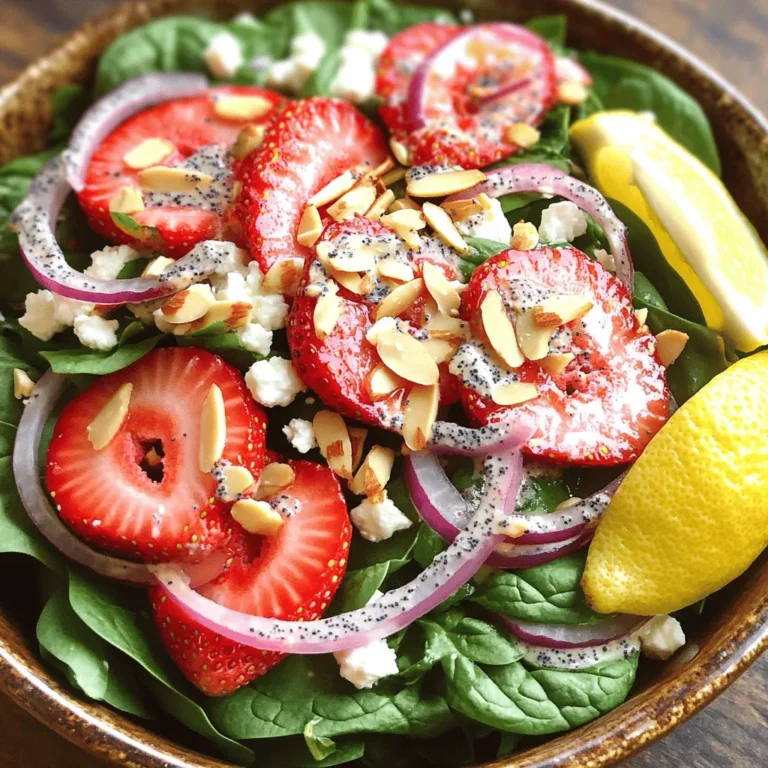 - 4 cups fresh baby spinach - 2 cups fresh strawberries - 1/2 cup red onion - 1/3 cup slivered almonds - 1/4 cup feta cheese - 1/4 cup olive oil - 2 tablespoons apple cider vinegar - 2 tablespoons honey - 1 tablespoon poppy seeds - Salt and pepper To create the perfect Strawberry Spinach Salad, you need fresh and vibrant ingredients. Start with baby spinach; it’s tender and packed with nutrients. Next, grab ripe strawberries. They add sweetness and color. The red onion gives a nice crunch and a mild bite. Slivered almonds bring a nutty flavor and extra texture. Feta cheese adds creaminess and a bit of saltiness. These ingredients work together to make the salad delightful. For the poppy seed dressing, olive oil forms the base. Apple cider vinegar adds tang. Honey gives a touch of sweetness. Poppy seeds bring a fun crunch. Don't forget to season with salt and pepper to taste. For the full recipe, you can check the complete instructions and tips. Start by making the dressing. In a small bowl, whisk together the following ingredients: - 1/4 cup olive oil - 2 tablespoons apple cider vinegar - 2 tablespoons honey - 1 tablespoon poppy seeds - Salt and pepper to taste Mix until smooth. This simple dressing brings a sweet and tangy flavor that perfectly complements the salad. Next, grab a large salad bowl. Layer in these fresh ingredients: - 4 cups fresh baby spinach, washed and dried - 2 cups fresh strawberries, hulled and sliced - 1/2 cup red onion, thinly sliced This mix of colors and textures makes the salad pop. The spinach provides a great base, while strawberries add a juicy sweetness. Now, let's add some crunch! Top the salad with: - 1/3 cup slivered almonds, toasted - 1/4 cup feta cheese, crumbled The toasted almonds give a nice crunch, and the feta adds creaminess. This combination will elevate your salad game. Finally, it’s time to dress the salad. Drizzle the prepared poppy seed dressing over the top. Toss gently to coat all the ingredients evenly. Be careful not to bruise the spinach. You can plate the salad into individual bowls or serve it in the large bowl. For a stunning presentation, arrange the strawberries on top and sprinkle some feta and almonds for color. Enjoy this light and fresh salad as a side or main dish. For the full recipe, check the earlier section. For a beautiful salad, place the strawberries on top. This makes the dish pop with color. Sprinkle the feta and almonds around for extra appeal. Adding a lemon wedge on the side gives a fresh twist. It brightens the flavors and makes the salad more inviting. This salad pairs well with grilled chicken. The chicken adds protein and makes it a full meal. You can serve this as a light lunch or a side dish at dinner. It balances flavors and textures nicely. You can switch things up a bit. Instead of slivered almonds, try walnuts or pecans for a different crunch. If you want a creamier taste, use goat cheese instead of feta. These simple changes keep the salad exciting and unique. Check out the full recipe for more ideas! {{image_2}} You can easily switch up this salad with seasonal fruits. In summer, add blueberries for a burst of flavor and color. They pair well with strawberries and add antioxidants. In the fall, consider using apples or pears. Their crunch and sweetness give a nice contrast to the spinach. If you want to change the flavor, try a balsamic vinaigrette. This gives a tangy twist that complements the sweetness of the fruit. You can also experiment with yogurt-based dressings. They are creamy and can cut down on oil while adding a unique taste. To make this salad vegan, simply substitute honey with maple syrup. This keeps the dressing sweet without using animal products. You can also omit the feta cheese for a dairy-free option. The salad will still be fresh and tasty. For the full recipe, check out the Strawberry Spinach Delight 🥗! After making your strawberry spinach salad, store it in an airtight container. This keeps it fresh for 1-2 days. You want to enjoy those flavors at their best. For longer freshness, store the salad ingredients and dressing separately. This way, your spinach and strawberries stay crisp. The dressing will maintain its texture and flavor too. Freezing the salad is not a good idea. It changes the texture of the spinach and strawberries. You want your salad to be fresh and crunchy, so it’s best enjoyed right after making it. Spinach is a superfood packed with vitamins A, C, and K. These vitamins help keep your eyes, skin, and bones healthy. Spinach also has iron, which is good for your blood. Eating spinach can boost your energy and support your immune system. When choosing strawberries, look for bright red berries. They should feel firm and have fresh green caps. Avoid berries that are dull or have soft spots. Fresh strawberries taste better and are more nutritious. Yes, you can prepare the salad ahead of time. However, dress it just before serving. This keeps the spinach crisp and fresh. If you dress it too early, the spinach may get soggy. If you don’t have poppy seeds, you can use chia seeds or sesame seeds. Both options add crunch and flavor. They work well in the poppy seed dressing too. To make this salad gluten-free, check all ingredients. Ensure the nuts and dressings are labeled gluten-free. Most ingredients in this recipe are naturally gluten-free, making it easy to adapt. Making a larger batch is simple. Just double or triple the ingredients as needed. This way, you can serve more people without changing the taste. Enjoy the Strawberry Spinach Delight at your next gathering! For the full recipe, check the detailed instructions above. This blog post covered a fresh spinach salad with strawberries and poppy seed dressing. You learned how to make a vibrant dish bursting with flavor and nutrients. I shared tips for presentation, easy swaps, and variations to keep it exciting. Plus, I included safe storage methods to maintain freshness. Start adding your own spin to this salad, making it perfect for any season or occasion. Enjoy your delicious creation and the joy it brings to your meals!