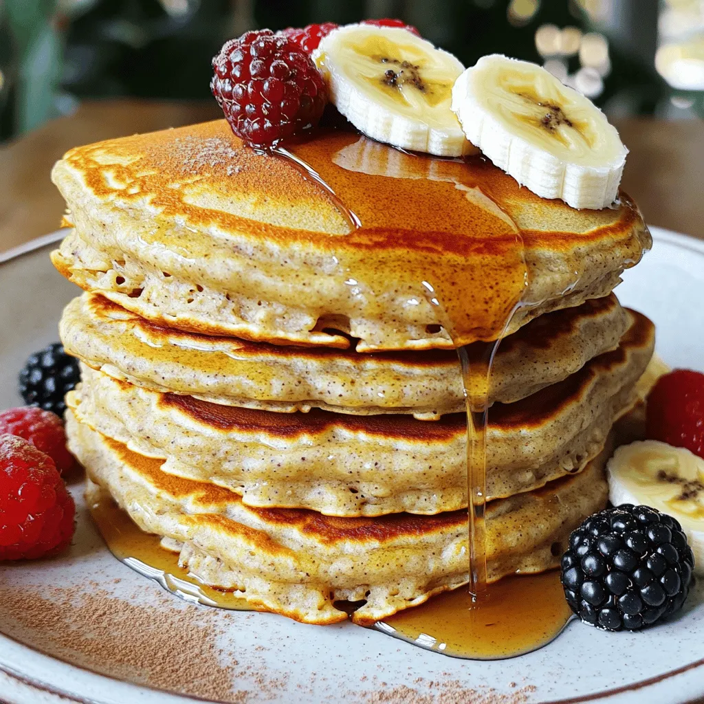 - 1 cup gluten-free oats - 2 ripe bananas - 1 cup almond milk - 2 large eggs - 1 teaspoon baking powder - 1 teaspoon vanilla extract - 1/2 teaspoon cinnamon - 1/4 teaspoon salt - Coconut oil or butter for frying - Maple syrup and fresh fruit for serving The main ingredients in gluten-free banana oat pancakes are simple yet powerful. Each one adds a special touch to the dish. Importance of oats and bananas Oats are a great source of fiber. They help keep you full. Bananas add natural sweetness and potassium. This balance makes your pancakes tasty and good for you. Health advantages of almond milk Almond milk is a low-calorie choice. It has no dairy, making it great for many diets. It also adds a nice, nutty flavor to the pancakes. Eggs as a protein source Eggs provide protein, which is key for energy. They help your body grow strong and repair itself. This makes them a perfect ingredient for a breakfast treat. These ingredients not only taste great together, but they also bring health benefits to your morning routine. For the full recipe, check out the steps to create these delightful pancakes. How to prepare gluten-free oat flour To make gluten-free oat flour, use a blender or food processor. Add 1 cup of gluten-free oats. Blend until the oats turn into a fine powder. This process takes about 30 seconds. Once done, transfer the flour to a mixing bowl. Blending the banana mixture In the same blender, add 2 ripe bananas, 1 cup of almond milk, and 2 large eggs. Also, add 1 teaspoon of baking powder, 1 teaspoon of vanilla extract, 1/2 teaspoon of cinnamon, and 1/4 teaspoon of salt. Blend this mixture until it is smooth and well combined. This will create a flavorful base for your pancakes. Mixing wet and dry ingredients Pour the banana mixture into the bowl with the oat flour. Mix everything together until you have a thick batter. Let it rest for a few minutes. This resting time helps the batter thicken further, which makes better pancakes. Detailed frying process for pancakes Heat a non-stick skillet over medium heat. Add a small amount of coconut oil or butter to the skillet. Once the oil is hot, pour about 1/4 cup of batter onto the skillet for each pancake. Cook until you see bubbles forming on the pancake's surface. This should take about 2-3 minutes. Tips for flipping pancakes without breaking When it’s time to flip, use a spatula. Slide it gently under the pancake. Lift and turn it carefully. If you do this right, the pancake will stay whole. This helps keep it fluffy and nice. Ideal cooking time for golden-brown pancakes After flipping, cook for another 2-3 minutes until the pancake is golden brown. Keep an eye on the color. Once both sides are golden, remove the pancakes and place them on a plate. Repeat this process with the remaining batter, adding more oil as needed. Enjoy warm with maple syrup and fresh fruit. For the full recipe, check the earlier section. To get the best pancakes, you need a thicker batter. Start by blending your oats into a fine flour. Then, mix in the wet ingredients. If the batter seems runny, add a bit more oat flour. A thicker batter helps your pancakes hold their shape and stay fluffy. Resting the batter is also key. After mixing, let it sit for five minutes. This allows the oats to absorb moisture. The texture becomes softer and more pancake-like. Your pancakes will be lighter and fluffier after resting. Toppings can make or break your pancake experience. I love using fresh fruit like berries or banana slices. They add sweetness and color. A drizzle of maple syrup brings it all together. For a fun twist, try adding a dollop of yogurt on top. Pair these pancakes with a warm cup of tea or coffee. They also go well with a side of crispy bacon or sausage. This makes for a full breakfast or brunch spread. Enjoy every bite of this delightful treat! {{image_2}} You can boost your pancakes' taste in fun ways. Try adding chocolate chips or nuts. These give a nice crunch and sweetness. You can use walnuts, pecans, or even almonds. They add healthy fats and extra flavor. Spicing it up can also bring new life to your pancakes. A sprinkle of nutmeg or ginger adds warmth and zest. These spices blend well with bananas. They also make the dish feel cozy, perfect for a chilly morning. If you follow a vegan diet, you can still enjoy these pancakes. Simply replace the eggs with flaxseed meal. Mix one tablespoon of flaxseed meal with three tablespoons of water. Let it sit for five minutes to thicken up. It works great as an egg substitute. You can also switch the almond milk for any non-dairy milk you like. Options like oat milk or coconut milk work well. Each adds its unique flavor and texture. This way, you can customize your pancakes to fit your taste and dietary needs. For the full recipe, check out the details provided earlier. To keep your leftover pancakes fresh, store them in the fridge. Place them in an airtight container. This way, they stay soft and tasty. You can also stack the pancakes with parchment paper between each one. This method helps them not stick together. If you want to save them for later, freezing is a great option. Just wrap each pancake in plastic wrap. Then, place them in a freezer bag. They can last up to three months in the freezer. When you're ready to eat your pancakes again, you want them soft. The best way to reheat pancakes is in the microwave. Place a few pancakes on a plate. Cover them with a damp paper towel. Heat them for about 20 to 30 seconds. This keeps them moist. If you prefer, you can reheat them in a skillet. Just warm them over low heat for a couple of minutes. Avoid high heat, as it can make them dry. Enjoy your warm pancakes with maple syrup or fresh fruit, just like when they were first made! To make these pancakes vegan, you can swap the eggs for flax eggs. Mix 1 tablespoon of ground flaxseed with 2.5 tablespoons of water. Let it sit for five minutes to thicken. For the milk, use almond milk or any non-dairy milk. These changes keep the flavors while making the recipe vegan. Regular oats may not be gluten-free. They often share space with gluten grains. If you want gluten-free pancakes, stick to certified gluten-free oats. They provide the same taste and texture without the worry of gluten. These pancakes pair well with many sides. You can serve them with fresh fruit like berries or sliced bananas. Maple syrup is a classic choice. For a drink, try a cup of coffee or fresh juice. These add to the meal and make it special. Pancakes last about three to four days in the fridge. Store them in an airtight container to keep them fresh. For longer storage, freeze them. They can last up to three months in the freezer. Just reheat them when you're ready to enjoy! These gluten-free banana oat pancakes are a great breakfast choice. We covered the key ingredients, like oats and bananas, and their health benefits. The step-by-step instructions will help you make perfect pancakes. You can also explore tips for texture, flavor variations, and smart storage methods. In the end, enjoy these pancakes with your favorite toppings. They can fit into various diets and are great for anyone looking for a healthy meal. You can savor these delicious pancakes any day!