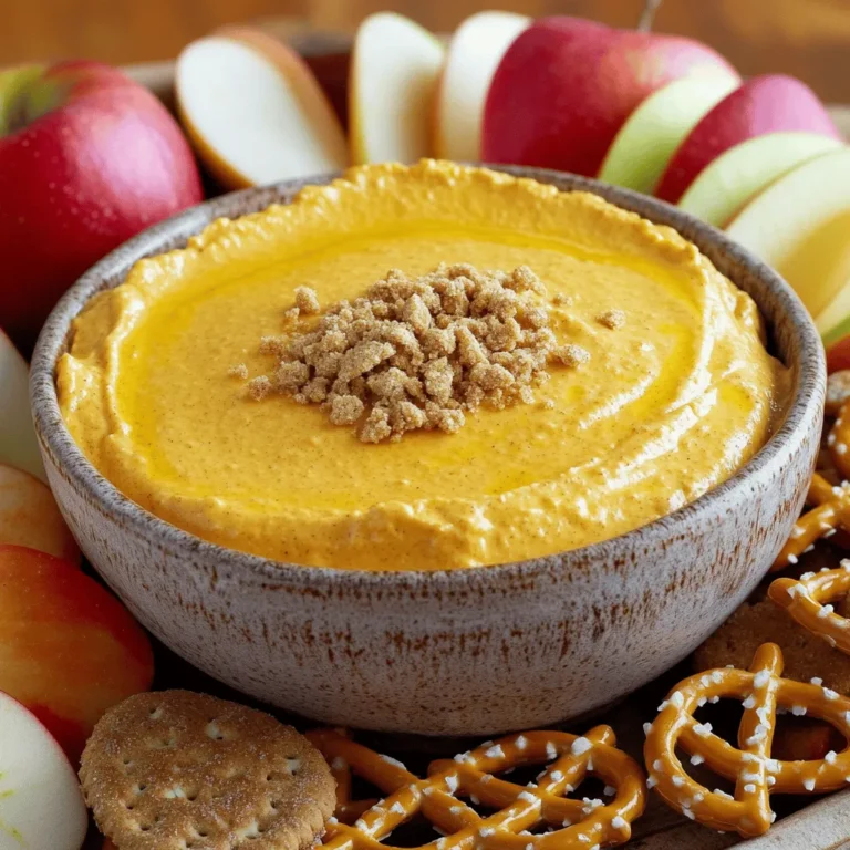 To make this delightful Pumpkin Spice Cheesecake Dip, you need just a few simple ingredients. Here’s what you’ll gather: - 1 (8 oz) package cream cheese, softened - 1 cup pumpkin puree (canned or fresh) - 1/2 cup powdered sugar - 1 teaspoon vanilla extract - 1 teaspoon pumpkin pie spice - 1/2 teaspoon cinnamon - 1 cup whipped topping (like Cool Whip) - 1/4 cup crushed graham crackers (for garnish) - Suggested dippers: fresh apple slices, pretzels, or gingersnap cookies These ingredients blend together to create a smooth and creamy dip. The cream cheese gives it a rich base. The pumpkin puree adds that warm fall flavor. The spices bring out the best of pumpkin. You can enjoy this dip with crunchy or sweet dippers. For the full recipe, you can check the detailed instructions! First, grab a large mixing bowl. Add the softened cream cheese and pumpkin puree. Use an electric mixer to beat them together. Mix until you see a smooth and creamy blend. Next, gradually add the powdered sugar. Keep mixing until it all combines well. This step gives your dip a sweet touch. Now, mix in the vanilla extract, pumpkin pie spice, and cinnamon. Stir until you see the spices blend evenly. This is where the magic happens. The spices bring that warm, cozy flavor we love in fall. The last step in this part is to fold in the whipped topping. Use a spatula to gently mix it in. Be careful not to deflate the whipped cream. You want your dip light and fluffy. Now, it’s time to transfer your dip to a serving bowl. Use a spatula to scrape every bit into the bowl. This dip deserves a nice home! After that, sprinkle the crushed graham crackers on top. This adds a nice crunch to each bite. Next, chill the dip in the refrigerator for at least 30 minutes. Chilling helps the flavors blend together. It makes the dip even tastier! When you’re ready to serve, pair the dip with fresh apple slices, pretzels, or gingersnap cookies. Each dipper adds a unique taste. Enjoy this simple fall delight and share it with friends! You can find the Full Recipe for more details. To get the best texture, start with softened cream cheese. Cold cream cheese makes it hard to mix. You want a smooth and creamy base. Leave it out for about 30 minutes before you start. This step makes a big difference. When you add the whipped topping, be gentle. Use a spatula to fold it in. If you mix too hard, the air will escape. This makes the dip less fluffy. You want it to be light and airy. Adjusting the spice levels can make your dip perfect. If you like it spicier, add more pumpkin pie spice. Just a little can change the flavor a lot. Trust your taste buds. For a sweet twist, try adding a touch of maple syrup. It pairs well with pumpkin. Just mix in a tablespoon or two. This will bring out the fall flavors. {{image_2}} You can switch up the flavor of your dip in fun ways. While pumpkin spice shines in fall, try using other seasonal flavors. Maple or caramel can add a sweet twist. You might also enjoy a chocolate cheesecake dip. Just mix in cocoa powder for a rich chocolate flavor. Consider a nut butter twist as well. Peanut or almond butter can give your dip a creamy, nutty taste. If you want to keep it healthy, try different dippers. Fresh fruit like apple slices or pear slices work great. You can also use veggies like celery sticks for a crunch. For a fun dessert platter, get creative with your presentation. Arrange your dip in a festive bowl and add colorful dippers around it. You could even include mini cookies or pretzels. This makes your spread look amazing and inviting! To keep your Pumpkin Spice Cheesecake Dip fresh, store it in an airtight container. Make sure it is cool before sealing. Place it in the fridge if you plan to eat it within a few days. If you want to save it longer, freezing is a great option. Just scoop it into a freezer-safe container. Leave some space at the top for expansion. Cover it tightly with plastic wrap or a lid. Your dip can stay fresh in the fridge for about 3-5 days. If you freeze it, it can last for about 2-3 months. Look for signs that it has spoiled. If you see mold or if it smells off, it is time to throw it away. Freshness matters for the best taste and safety! For the complete recipe, check out the Full Recipe section. You can make this dip a day before your event. Just prepare it as instructed and chill it. This helps the flavors mix well. Store it in an airtight container in the fridge. Before serving, give it a quick stir to make it smooth again. Yes, you can use low-fat cream cheese. It will still taste great but may be less creamy. The dip will be a bit lighter, which is perfect if you want a healthier option. Just ensure it’s softened for easy mixing. You can use homemade whipped cream instead of store-bought whipped topping. Just whip heavy cream until it forms soft peaks. You can also use yogurt for a tangy twist. Just remember, the texture will change slightly with yogurt. Yes, you can make a vegan version! Use vegan cream cheese and coconut whipped cream. Make sure your pumpkin puree is pure and check for any added ingredients. The spices will still give it that fall flavor you love. You can find the full recipe for Pumpkin Spice Cheesecake Dip in the main article. Enjoy creating this simple fall delight! This blog post shared a simple way to make Pumpkin Spice Cheesecake Dip. We covered all the ingredients, from cream cheese to graham crackers. The step-by-step instructions will help you mix and chill the dip to perfection. Remember the tips on texture and flavor for the best result. You can even try different flavors or serving ideas! Lastly, know how to store leftovers or identify spoilage. Enjoy making and sharing this tasty dip at your next gathering!