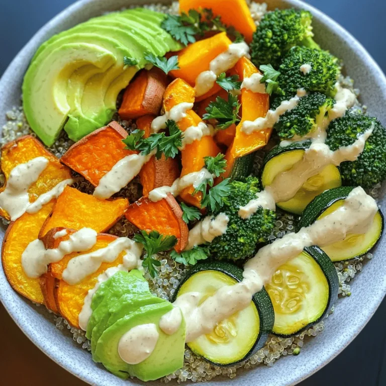 - 1 cup quinoa, rinsed - 1 medium sweet potato, peeled and cubed - 1 zucchini, sliced - 1 bell pepper (any color), chopped - 1 cup broccoli florets Quinoa is the base of this bowl. It cooks up light and fluffy. Sweet potatoes add a touch of sweetness. Zucchini, bell pepper, and broccoli bring color and crunch. These veggies not only taste great but also offer many nutrients. - 2 tablespoons olive oil - 1 teaspoon garlic powder - 1 teaspoon smoked paprika - Salt and pepper to taste - ¼ cup tahini dressing (store-bought or homemade) - Fresh parsley, chopped (for garnish) I use olive oil to help the veggies roast well. Garlic powder adds a nice flavor, while smoked paprika gives a subtle smokiness. Salt and pepper are key for a well-rounded taste. For the dressing, tahini adds creaminess and depth. Fresh parsley brightens up the dish at the end. - Baking sheet - Medium saucepan - Mixing bowl You need a baking sheet to roast the veggies. A medium saucepan helps cook the quinoa perfectly. A mixing bowl makes it easy to combine everything before serving. These tools make the process easy and fun. You can find the Full Recipe [here](#). First, preheat your oven to 425°F (220°C). This step is key for perfect roasting. While the oven heats, prepare your veggies. Take 1 medium sweet potato, peel it, and cut it into cubes. Slice 1 zucchini and chop 1 bell pepper. You can choose any color for the bell pepper. Lastly, wash and separate 1 cup of broccoli into florets. Now, it’s time to roast. On a large baking sheet, toss the sweet potato, zucchini, bell pepper, and broccoli with 2 tablespoons olive oil. Add 1 teaspoon garlic powder, 1 teaspoon smoked paprika, salt, and pepper to taste. Mix well so the veggies are coated. Spread them out in a single layer. Roast in the oven for about 25-30 minutes. Halfway through, give them a stir. This helps them cook evenly. You want them golden brown and tender. While your veggies roast, cook the quinoa. Start with 1 cup of rinsed quinoa. In a medium saucepan, add the quinoa and 2 cups of vegetable broth. Bring this to a boil. Once boiling, reduce the heat to low. Cover the pot and let it simmer for 15 minutes. When done, the quinoa should be fluffy and all the broth absorbed. This step adds flavor and nutrition to your Buddha bowl. For the full recipe, check the section above. To get tender and tasty veggies, follow these simple steps: - Cut your vegetables into similar sizes. This helps them cook evenly. - Use enough olive oil. It adds flavor and helps with browning. - Season your veggies well. Garlic powder and smoked paprika bring out great taste. - Roast at a high temperature. I recommend 425°F (220°C) for the best results. - Stir the veggies halfway through cooking. This ensures they roast evenly. To make fluffy quinoa, keep these tips in mind: - Rinse the quinoa before cooking. This removes bitterness. - Use vegetable broth instead of water. It adds a nice flavor. - Bring the broth to a boil first. Then lower the heat and cover it. - Let it simmer for about 15 minutes. Avoid lifting the lid too often. - Fluff the quinoa with a fork after cooking. This separates the grains nicely. Making your Buddha bowl look great is easy. Here are some ideas: - Start with a base of quinoa. This gives a nice foundation. - Arrange roasted veggies in a colorful pattern. Use different shapes and colors. - Add avocado slices for creaminess. They also look pretty. - Drizzle with tahini dressing. This adds flavor and shine. - Top with chopped parsley. It adds freshness and a pop of green. For the full recipe, check out the [Full Recipe]. Enjoy creating your delicious and nutritious meal! {{image_2}} You can mix and match veggies based on what you like. Instead of sweet potato, try carrots or butternut squash. If you don't have zucchini, use eggplant or yellow squash. Bell peppers can be swapped with cherry tomatoes or green beans. For grains, you can use brown rice, farro, or even cauliflower rice instead of quinoa. This flexibility lets you enjoy new flavors each time. Change up the taste by using different herbs and spices. Instead of garlic powder, try onion powder or fresh garlic. Swap smoked paprika for chili powder or cumin for a kick. You can also use fresh herbs, like basil or cilantro, for a bright twist. For dressings, try a lemon-tahini mix or a spicy peanut sauce. These small changes can make a big impact on flavor. Add extra texture and nutrients with toppings. Sprinkle nuts like almonds or walnuts for crunch. Seeds like pumpkin or sunflower seeds add healthy fats. If you want protein, try chickpeas, grilled chicken, or baked tofu. Avocado is creamy and pairs well, but you can also use hummus or yogurt. These toppings elevate your bowl, making it even more delicious and filling. For the full recipe, check out the [Full Recipe]. To keep your roasted veggie Buddha bowl fresh, store leftovers in airtight containers. You can place the quinoa and veggies in separate containers. This helps maintain their texture. Refrigerate them for up to three days. If you want to keep them longer, try freezing. Just note, the veggies may lose some crunch when thawed. When you want to enjoy your Buddha bowl again, reheat it gently. Use a microwave-safe dish and cover it with a lid or a damp paper towel. Heat in short bursts of 30 seconds to avoid overcooking. Stir between intervals to ensure even heating. You can also reheat in a pan on low heat. This method keeps the veggies tasty and helps them stay crispy. Making this Buddha bowl ahead saves you time during busy days. You can roast the veggies and cook the quinoa in advance. Store them separately in the fridge. When you're ready to eat, just layer them in a bowl. Add avocado and dressing last to keep everything fresh. This way, you can have a tasty meal ready in minutes! You can find the full recipe for this delicious bowl above. A Buddha bowl is a colorful meal served in a bowl. It usually has a mix of grains, veggies, and proteins. The name comes from the idea of a Buddha’s belly, filled with good food. Buddha bowls are fun and easy to make. You can use any ingredients you like. They are great for meal prep or a quick dinner. You can mix and match flavors to suit your taste. They are also very healthy and packed with nutrients. Yes! You can add protein to make your Buddha bowl more filling. Some good options are: - Canned beans like black beans or chickpeas - Cooked lentils for a hearty touch - Tofu, either baked or fried for extra crunch - Grilled chicken or shrimp for non-vegetarian choices Just mix in your protein of choice when you assemble the bowl. This will make it nutritious and even more delicious. Yes, this recipe is gluten-free! Quinoa is a great gluten-free grain. If you want to keep it that way, make sure to check your tahini dressing. Some store-bought dressings may have gluten. You can also make your own dressing at home. This way, you can control the ingredients. Feel free to swap any other ingredients for gluten-free options if needed. Enjoy your meal without worries! This blog post covered how to make a nutritious Buddha bowl. We discussed main ingredients like quinoa and colorful veggies. You learned step-by-step instructions for roasting and cooking. I also shared tips for perfect veggies and fluffy quinoa. Plus, we explored variations for customization and proper storage tips. In the end, this dish is healthy, fun, and easy. Enjoy making your own bowl by mixing flavors and textures! You’ll find it a fulfilling meal that fits your taste and lifestyle.
